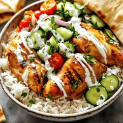 - 2 cups cooked basmati rice - 1 lb boneless chicken thighs, sliced into thin strips - 3 tablespoons extra virgin olive oil - 3 cloves garlic, finely minced - 2 teaspoons ground cumin - 2 teaspoons ground coriander - 1 teaspoon smoked paprika - 1 teaspoon ground turmeric - 1 teaspoon ground cinnamon - 1/2 teaspoon cayenne pepper (adjust to taste) - Salt and freshly cracked black pepper to taste - Juice of 1 large lemon The base of your Chicken Shawarma Rice Bowl is the basmati rice. It’s fluffy and fragrant. The chicken thighs bring a juicy texture. They soak up all the spices in the marinade. This blend of olive oil, garlic, and spices makes the chicken really special. - 1 cup cucumber, diced into small pieces - 1 cup cherry tomatoes, halved - 1/4 cup red onion, finely chopped - 1/4 cup fresh parsley, finely chopped The fresh salad adds a crisp bite. The cucumber cools down the spices. Cherry tomatoes add sweetness, while red onion gives a nice zing. Fresh parsley brings color and flavor, making the bowl vibrant. - 1/2 cup plain yogurt - 1 tablespoon tahini - Fresh lemon juice The yogurt-tahini sauce ties everything together. It’s creamy and tangy. This sauce adds richness to the chicken and rice. A drizzle of this sauce makes every bite even better. For the full recipe, check out Juicy Chicken Shawarma Rice Bowl . First, mix the marinade ingredients in a medium bowl. You need: - 3 tablespoons extra virgin olive oil - 3 cloves garlic, minced - 2 teaspoons ground cumin - 2 teaspoons ground coriander - 1 teaspoon smoked paprika - 1 teaspoon ground turmeric - 1 teaspoon ground cinnamon - 1/2 teaspoon cayenne pepper (adjust to taste) - Salt and black pepper to taste - Juice of 1 lemon Whisk everything together until well combined. This mix adds great flavor to the chicken. Marinating is key! Let the chicken sit in this mixture for at least 30 minutes. For even better taste, aim for 1 to 2 hours. Now it's time to cook the chicken. Heat a large skillet over medium-high heat. Add the marinated chicken strips. Cook for about 5 to 7 minutes. Stir often to get a nice golden brown color. The chicken is ready when it reaches an internal temperature of 165°F (75°C). Use a meat thermometer for accuracy. To assemble your bowl, start with fluffy basmati rice. Spoon it into individual bowls. Next, add the cooked chicken strips on top. Then, layer on the fresh salad mix. For the salad, combine diced cucumber, halved cherry tomatoes, finely chopped red onion, and parsley. Finally, drizzle the yogurt-tahini sauce over everything. To make the sauce, mix plain yogurt and tahini in a small bowl. This adds a creamy touch. For the full recipe, check out Juicy Chicken Shawarma Rice Bowl . Enjoy your meal! How long to marinate for best flavor For the best flavor, I recommend marinating the chicken for at least 30 minutes. However, 1 to 2 hours gives the spices time to work their magic. Longer marination enhances the taste, making it juicier and more delicious. Marination container recommendations Use a glass or plastic container with a lid. This keeps the marinade from spilling and helps the chicken soak up the flavors well. If you use a bowl, cover it tightly with plastic wrap to avoid any mess in your fridge. Optimal skillet heat settings Set your skillet to medium-high heat. This helps to sear the chicken quickly, locking in juices and flavor. Make sure the skillet is hot before adding the chicken for the best results. Ensuring chicken is evenly cooked Cook the chicken for 5 to 7 minutes, stirring often. This helps it cook evenly and brown nicely. Always check that the chicken reaches 165°F (75°C) to ensure it is safe to eat. Ideas for vibrant plating For a colorful and appealing bowl, start with a base of fluffy basmati rice. Layer the chicken on top, then add the fresh salad mixture. This creates a beautiful contrast of colors. Using garnishes for visual appeal Finish your bowl with a drizzle of the yogurt-tahini sauce. Add a sprinkle of fresh parsley on top for a pop of green. These simple steps make your meal look inviting and ready to enjoy. {{image_4}} You can change the flavor of your Chicken Shawarma Rice Bowl by swapping proteins. Beef or lamb works great with the same spices. Just marinate them like the chicken. For a veggie twist, use roasted veggies instead. Eggplant or bell peppers add a nice touch. Rice is the base of this dish. Basmati rice offers a nice flavor and fluffy texture. If you want a healthier choice, try brown rice. It has more fiber and a nutty taste. For a low-carb option, use cauliflower rice. It cooks quickly and absorbs flavors well. Toppings can elevate your bowl. Add slices of creamy avocado or crumbled feta cheese for richness. They pair well with the spices. You can also experiment with different dressings or sauces. A tangy tahini or a zesty garlic sauce can bring new life to your meal. Discover more about these ideas in the full recipe for a delicious experience! To keep your chicken and rice fresh, store them separately. Place leftover chicken in an airtight container. Let it cool to room temperature first. For the rice, you can use the same type of container. This prevents the chicken from making the rice soggy. If you have salad leftover, store it in a separate bowl. Cover it with plastic wrap to keep it fresh. Avoid dressing the salad until you are ready to eat. This keeps the veggies crisp. When reheating, use the microwave or a skillet. If using a microwave, place chicken and rice in a bowl. Add a splash of water to keep it moist. Cover with a microwave-safe lid or plastic wrap. Heat in short bursts, stirring in between. If using a skillet, heat on medium-low. Add a little olive oil or water to prevent sticking. This helps maintain flavor and texture. Always check that the chicken reaches 165°F (75°C) before serving. If you want to freeze the meal, it’s best to do it right after cooking. Place the chicken and rice in freezer-safe bags. Remove as much air as possible before sealing. For the salad, you should not freeze it. It does not hold up well. When ready to eat, thaw the chicken and rice overnight in the fridge. To reheat, follow the earlier steps. Enjoy your tasty bowl later on! If you need the full recipe, refer to Juicy Chicken Shawarma Rice Bowl . For Chicken Shawarma Rice Bowl, I prefer basmati rice. It is fragrant and fluffy. Basmati rice has a nutty flavor that pairs well with spices. Jasmine rice is also a good option. It is slightly sweeter and stickier. Both types work, but basmati rice is my top choice. Yes, you can make this dish ahead of time. Store the chicken, rice, and salad separately in the fridge. Use airtight containers to keep them fresh. When ready to eat, reheat the chicken and rice in the microwave. The salad can be enjoyed cold. This way, you save time on busy days. You can serve many tasty sides with this bowl. Warm pita bread is a nice touch. Hummus or baba ghanoush pairs well too. For drinks, try lemonade or mint tea. These options complement the flavors of the dish perfectly. You can find the full recipe for Juicy Chicken Shawarma Rice Bowl online. It includes all the steps and tips to make this meal easy and delicious. To conclude, the Chicken Shawarma Rice Bowl is a delicious meal that combines key ingredients like basmati rice, marinated chicken, and fresh salads. You learned how to prepare and cook these ingredients step-by-step. I shared tips to enhance flavor and presentation, as well as variations to fit your taste. This bowl is flexible, satisfying, and easy to store or reheat. Enjoy making this dish and experimenting with your favorite flavors. It’s a fun way to cook!