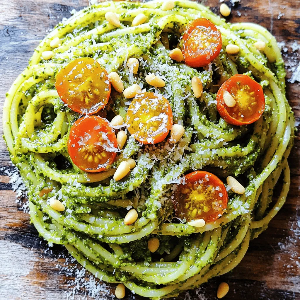 - Fresh basil leaves - Extra-virgin olive oil - Pine nuts (or walnuts as a substitute) - Garlic - Parmesan cheese - Salt and black pepper - Pasta of choice (spaghetti recommended) - Optional garnish: cherry tomatoes, lemon juice To make classic pesto pasta, you need a few key ingredients. Fresh basil leaves are a must. They give the dish its bright, fresh flavor. Extra-virgin olive oil adds richness. It helps blend the sauce smoothly. Pine nuts bring a nice crunch. If you want a twist, use walnuts instead. Garlic adds a punch of taste. Freshly grated Parmesan cheese gives depth and creaminess. A pinch of salt and black pepper enhances all the flavors. You can choose your favorite pasta, but I recommend spaghetti. It holds the pesto well. For a burst of color, add halved cherry tomatoes on top. Squeezing fresh lemon juice brightens the dish even more. These ingredients work together to create a flavorful and fresh meal. You can find the full recipe for this delicious classic pesto pasta in the Green Dream Pesto Pasta section. To start, bring a large pot of salted water to a boil. When the water is bubbling, add the pasta. I recommend using spaghetti, but any pasta works well. Cook according to the package instructions, usually 8-10 minutes. You want your pasta to be al dente, which means it should have a slight bite. A quick tip: taste a strand just before draining to check the texture. Before draining the pasta, save about 1 cup of the pasta water. This water is rich in starch and will help mix the sauce later. Drain the pasta and set it aside. Now, let’s make the pesto. Grab your food processor and add the fresh basil leaves, pine nuts (or walnuts), minced garlic, and grated Parmesan cheese. Pulse these ingredients together until they are finely chopped. You want a nice, fragrant base for your sauce. Next, with the food processor running, slowly drizzle in the olive oil. This step is key, as it helps emulsify the pesto and makes it creamy. You might need to stop and scrape down the sides of the bowl a few times to ensure everything mixes evenly. Once smooth, season your pesto with salt, black pepper, and fresh lemon juice. Pulse a few more times to blend everything. Taste it. Adjust the seasoning if needed. You can add more lemon for brightness or cheese for richness. Now it's time to mix the pasta and pesto. In a large bowl, add the cooked pasta. Pour the pesto sauce over it. Toss the pasta to coat it well. If the pesto feels too thick, gradually add some reserved pasta water. This will help achieve your desired creamy consistency. For presentation, plate the pasta into individual bowls. Top with halved cherry tomatoes for a pop of color. If you want to impress, sprinkle some extra grated Parmesan on top and drizzle with a bit more olive oil. This is a simple yet satisfying dish. Your friends and family will love it! For the complete recipe, check out the Full Recipe section. Using fresh ingredients is key for great flavor. Fresh basil makes pesto bright and vibrant. Dried herbs lack that fresh taste. You can tweak the flavor by adding more garlic or lemon juice. If you want a nutty twist, try adding more pine nuts or walnuts. To store pesto, place it in a jar and cover it with oil. This helps keep it fresh. It can last in the fridge for about a week. To achieve the best pasta, cook it until al dente. This means it will still have a slight bite. Follow the package instructions, and taste a strand before draining. Save some pasta water before you drain it. This water is starchy and helps the sauce stick to the pasta. Avoid overcooked pasta by setting a timer. If the pasta cooks too long, it can turn mushy. Get creative when serving classic pesto pasta. You can add cherry tomatoes for a pop of color. Sprinkle extra Parmesan cheese on top for richness. Fresh herbs like parsley or arugula also add a nice touch. Avoid common mistakes by not drowning the pasta in pesto. Instead, coat it lightly for a balanced taste. For more fun, pair it with grilled chicken or shrimp for added protein. For the full recipe, check the Green Dream Pesto Pasta. {{image_4}} You can easily switch nuts in your pesto. Pine nuts are classic, but walnuts work too. They give a different taste, which many enjoy. If you want to try more options, sunflower seeds or almonds can also be great substitutes. Each nut brings its own flavor and texture. Cheese is another area to explore. Parmesan is a must in classic pesto, but you can use Pecorino Romano for a sharper taste. For a creamier bite, try adding ricotta. Just remember to balance the flavors so it does not overpower the dish. Adding more veggies to your pasta can boost both taste and nutrition. Consider adding spinach or kale to your pesto for extra greens. You can even toss in roasted red peppers for a smoky flavor. This not only makes the dish colorful but also adds more layers of taste. Making a vegan version of pesto is simple. Just swap out the cheese for nutritional yeast. This gives a cheesy flavor without dairy. You can also use cashews or avocado for creaminess. If you need gluten-free options, choose gluten-free pasta. Quinoa or rice pasta works well and has great texture. You won’t miss out on flavor with these options. For those on low-carb diets, spaghetti squash or zucchini noodles are excellent. They serve as a great base for pesto and keep the dish light. Simply spiralize your veggies, and you have a healthy pasta alternative. Want to make your dish heartier? Incorporate proteins like chicken or shrimp. Grilled or sautéed, they add great flavor. Toss them in right before serving for the best results. For a refreshing twist, try pesto pasta salads. Mix your pasta with pesto, cherry tomatoes, and fresh mozzarella. Chill it for a delightful cold dish, perfect for summer days. Don’t hesitate to mix cuisines. Try adding Asian flavors by mixing in sesame oil and soy sauce. This fusion creates a unique pesto dish that surprises everyone. The possibilities are endless! For the full recipe, check out the Green Dream Pesto Pasta section. To keep your homemade pesto fresh, store it in an airtight container. Press plastic wrap directly onto the surface to limit air exposure. This helps prevent browning. You can refrigerate pesto for up to a week. For longer storage, consider freezing it. Pour pesto into ice cube trays and freeze. Once solid, transfer the cubes to a zip-top bag. These cubes are perfect for quick meals. Always check your pesto before use. If it smells sour or has changed color, discard it. After cooking pasta, let it cool to room temperature. Place it in an airtight container to avoid drying out. Cooked pasta can be stored in the fridge for about three to five days. When reheating, add a splash of water or olive oil. This helps restore its texture. You can also microwave it covered to keep moisture in. Just be careful not to overheat it. For best results, store pesto and pasta separately. This keeps the pasta from getting soggy. You can mix them just before serving. When meal prepping, package them together but keep the sauce on the side. This way, you can control how much sauce you want. It also helps the pasta stay fresh longer. If you have leftover pesto pasta, eat it within two days for the best flavor. To make classic pesto pasta, first cook the pasta. Boil water in a pot, add the pasta, and cook until al dente. While the pasta cooks, prepare the pesto. Use a food processor to blend fresh basil, nuts, garlic, and cheese. Slowly add olive oil to create a creamy sauce. Once the pasta is ready, mix it with the pesto. Add some reserved pasta water to get the right texture. Serve it warm, and enjoy! Yes, you can use other nuts in pesto. Pine nuts are traditional, but walnuts work well too. They add a different flavor and texture. You might also try almonds or cashews for a unique twist. Each nut brings its own taste and makes the pesto special. Spaghetti is a classic choice for pesto. It holds the sauce well and has a nice texture. You can also use linguine or fettuccine for a change. If you prefer, try whole wheat or gluten-free pasta. Each type brings a different taste, but spaghetti is often the favorite. To enhance your pesto, adjust the garlic and cheese amounts. More garlic gives a stronger taste. Extra cheese adds creaminess and richness. You can also add a splash of lemon juice for brightness. If you want a bit of heat, add red pepper flakes. Taste your pesto as you go and make it your own. Homemade pesto lasts about a week in the fridge. Store it in an airtight container to keep it fresh. You can also freeze pesto for up to three months. Just make sure to leave some space in the container, as it may expand. Check for any color change or off smells before using it. Classic pesto pasta is easy to make with fresh ingredients. You combine simple elements like basil, garlic, and nuts for rich flavor. Cooking pasta to the right texture is crucial for the best result. Remember to save some pasta water to adjust the consistency of the sauce. You can also make variations that suit your diet or preferences. Store your pesto and pasta properly to keep them fresh. Enjoy experimenting with new twists on this dish while using the tips shared. Simple steps lead to great meals. Happy cooking!