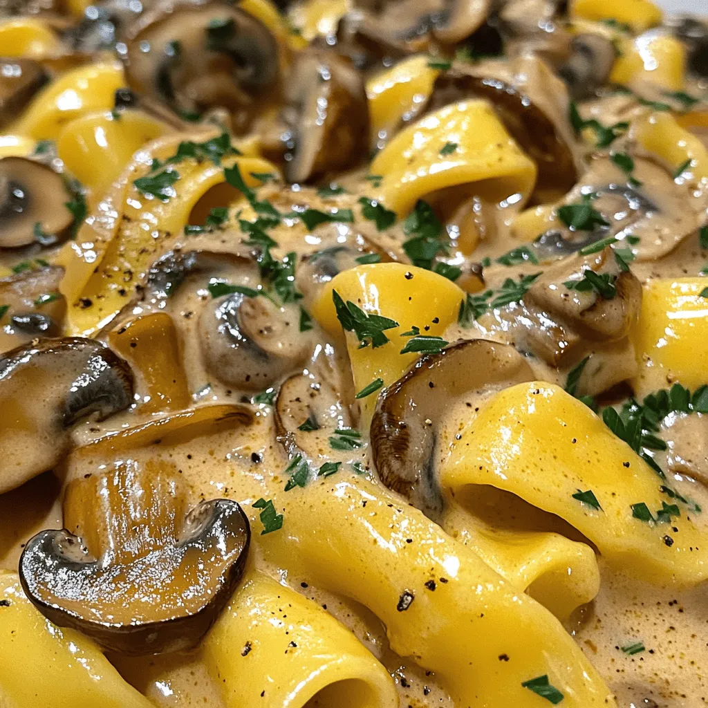 For this Mushroom Stroganoff, you will need: - 500g mixed mushrooms (cremini, shiitake, and button), sliced into even pieces - 1 large onion, finely chopped - 3 cloves garlic, minced - 1 tablespoon olive oil - 1 tablespoon unsalted butter - 1 teaspoon dried thyme - 1 teaspoon smoked paprika - 1 tablespoon soy sauce - 1 tablespoon Dijon mustard - 1 cup vegetable broth - 1 cup coconut cream or sour cream (for a non-dairy option) - Salt and pepper, to taste - 300g egg noodles or your choice of pasta - Fresh parsley, chopped, for garnish Using fresh ingredients makes a big difference in flavor. Fresh mushrooms offer a rich, earthy taste. They also have better texture. Fresh onions and garlic add bright notes to your dish. Dried herbs can work too, but fresh ones enhance the flavor more. If you use dried thyme, use half the amount. If you cannot find mixed mushrooms, use any mushroom you have. Portobello or button mushrooms work well. For the creaminess, you can swap coconut cream with heavy cream or yogurt. If you want a gluten-free option, choose gluten-free pasta. You can also replace soy sauce with tamari for a gluten-free version. Start by gathering your ingredients. You need a mix of mushrooms, onion, garlic, and some key spices. This dish takes around 30 minutes to make. It's quick and perfect for busy days. You will enjoy the rich flavors that come together in this mushroom stroganoff. 1. Pasta Preparation: Cook 300g of your choice of pasta according to the package. Aim for al dente. Once done, drain it and set it aside. Keep a bit of pasta water for later. 2. Sautéing Aromatics: In a large skillet, heat 1 tablespoon of olive oil and 1 tablespoon of unsalted butter over medium heat. Once the butter is bubbly, add 1 large finely chopped onion. Cook for about 3-4 minutes until the onion turns translucent. 3. Mushroom Magic: Add 3 cloves of minced garlic and 500g of sliced mixed mushrooms to the skillet. Stir and cook for 5-7 minutes. Watch for the mushrooms to brown and let their moisture release. 4. Seasoning the Mixture: Sprinkle in 1 teaspoon of dried thyme and 1 teaspoon of smoked paprika. Mix well to blend the flavors into the mushrooms and onions. 5. Flavor Burst: Pour in 1 tablespoon of soy sauce and 1 tablespoon of Dijon mustard. Stir for 1-2 minutes to combine all the flavors. 6. Simmering the Sauce: Add 1 cup of vegetable broth and bring the mixture to a gentle simmer. Let it cook for 5 minutes to meld the flavors. 7. Creamy Consistency: Lower the heat and stir in 1 cup of coconut cream or sour cream. Let it simmer for another 3-4 minutes. Taste and add salt and pepper as needed. 8. Adjusting Consistency: If the sauce is too thick, add a bit of the reserved pasta water until you reach the right consistency. 9. Combining Pasta and Sauce: Toss the cooked pasta into the creamy mushroom sauce gently. Make sure each piece is well-coated. 10. Serving Suggestions: Serve the Mushroom Magic Stroganoff hot. Garnish with freshly chopped parsley for a burst of color. Cook the pasta first to save time. Keep the heat on medium for sautéing to avoid burning. Make sure to stir often to blend the flavors well. The entire dish should come together in just 30 minutes. Enjoy your meal! Cook mushrooms well to bring out their taste. Start with a hot skillet. Use olive oil and butter for flavor. Add mushrooms in a single layer. This helps them brown nicely. Stir occasionally, but let them sit for a bit. This creates a golden crust. Cook until they are soft and have released their moisture. This process takes about 5 to 7 minutes. Properly cooked mushrooms add depth to your Mushroom Stroganoff. To elevate your dish, think about adding more flavor. Fresh herbs like thyme or parsley can brighten the dish. A splash of white wine can add depth. If you like heat, a pinch of red pepper flakes works well. Nutritional yeast gives a cheesy flavor for a vegan twist. Each of these adds unique notes to the savory sauce. Try these ideas to create your own version of Mushroom Magic Stroganoff. Many people make simple mistakes when cooking mushrooms. Avoid overcrowding the skillet; this can cause steaming instead of browning. Don’t skip the resting time after cooking. It allows flavors to meld. Also, be careful with salt. Adding it too early can draw out moisture from the mushrooms. Lastly, don’t rush the simmering process of the sauce. Allow the flavors to develop fully for a rich taste. By avoiding these mistakes, you’ll create an amazing dish every time. {{image_4}} You can easily make Mushroom Stroganoff vegetarian or vegan. Simply replace the butter with olive oil for the base. Use coconut cream instead of sour cream for a rich, creamy texture. Ensure your soy sauce is gluten-free if needed. These changes keep the dish flavorful and satisfying while aligning with dietary needs. If you want a gluten-free version, choose gluten-free pasta. Many brands offer great options like rice or chickpea pasta. Use them just like regular pasta. Follow the cooking instructions on the package. This way, you can enjoy the same tasty dish without gluten. Mushrooms are key in this recipe. You can mix and match types for unique flavors. Try using portobello for a meatier bite or oyster mushrooms for a delicate taste. Enoki mushrooms add a fun texture. Each variety brings its own charm, making your dish even more exciting. To keep your Mushroom Stroganoff fresh, store it in an airtight container. Let it cool down before sealing it. This helps avoid condensation, which can make it soggy. Store the stroganoff in the fridge for up to three days. If you want to keep it longer, consider freezing it. When reheating, use a skillet over low heat. Add a splash of vegetable broth or water to keep it moist. Stir it gently until it’s hot throughout. You can also use the microwave. Heat it in short bursts of 30 seconds, stirring in between. This way, it warms evenly and stays creamy. To freeze, place the stroganoff in a freezer-safe container. It can last for up to three months. When you’re ready to enjoy it again, move it to the fridge for about eight hours to thaw. After thawing, reheat it in a skillet, adding a bit of liquid for the best texture. For the full recipe, check out the Mushroom Magic Stroganoff. To make Mushroom Stroganoff creamy, use coconut cream or sour cream. Adding these ingredients creates a smooth texture. Start by reducing the heat to low before stirring in the cream. This keeps it rich without curdling. If your sauce feels too thick, add a bit of reserved pasta water. This will help you reach the perfect creamy consistency. Yes, you can use other types of pasta. Mushroom Stroganoff works well with many shapes. Try fettuccine, penne, or even gluten-free pasta. Just cook the pasta according to the package instructions. The sauce will coat any pasta nicely, bringing great flavor to every bite. For extra protein, you can add cooked chicken or beef. Sauté the meat with mushrooms for a hearty twist. If you prefer plant-based options, try adding chickpeas or lentils. Both add protein and texture. You could also toss in some tofu for a great vegetarian option. This blog post covered all you need for a great Mushroom Stroganoff. We discussed ingredients, steps to cook, and vital tips. You learned variations like vegetarian options and gluten-free pasta. Plus, we explored how to store leftovers properly. As you cook, remember these points. Have fun experimenting with flavors and textures. Enjoy making this dish your own! Sharing this journey will help others create delicious meals too.