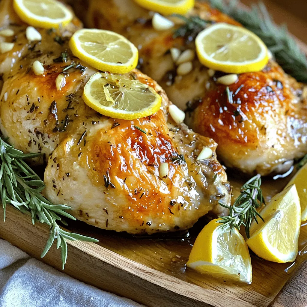 - 1 whole chicken (approximately 4-5 lbs) - 4 lemons (2 sliced into rounds, 2 juiced) - 6 cloves of garlic, finely minced - 1/4 cup extra virgin olive oil - 2 tablespoons fresh rosemary, finely chopped (or 1 tablespoon dried rosemary) - 1 tablespoon fresh thyme leaves (or 1/2 tablespoon dried thyme) - Salt and freshly ground pepper to taste - 1 medium onion, cut into quarters - 2 cups vegetable broth For precise measurements, use a kitchen scale for the chicken. This ensures uniformity. Use a measuring cup for liquids. Always level off dry ingredients for accuracy. Fresh herbs should be packed lightly in your measuring spoon for the best flavor. Choose organic chicken for better flavor and health benefits. Fresh lemons will provide more juice and zest. Look for firm garlic cloves; they should not have sprouts. Use high-quality extra virgin olive oil for depth of flavor. Fresh herbs are always best, but dried will work in a pinch. For the broth, homemade is ideal, but store-bought works too. To start, rinse the chicken under cold water. This helps remove any residue. Pat it dry using paper towels. Drying the chicken is key for crispy skin. Place the chicken breast-side up in a large roasting pan. This position helps cook the meat evenly. In a small bowl, mix the minced garlic, olive oil, and lemon juice. Add the chopped rosemary and thyme. Season the mix with salt and pepper. Stir until all the ingredients blend well. This marinade gives the chicken a bright, fresh flavor. Preheat your oven to 425°F (220°C). Once hot, rub the marinade all over the chicken. Get it under the skin for extra flavor. Stuff the cavity with lemon slices and quartered onion. Pour vegetable broth into the pan. This keeps the chicken moist as it roasts. Roast for about 1 hour and 15 minutes. Check that the internal temperature hits 165°F (75°C) at the thickest part of the thigh. Baste the chicken with pan juices every 20-30 minutes to keep it juicy. After roasting, take the chicken out of the oven. Let it rest for 10 minutes. Resting helps the juices spread through the meat. This makes carving easier and keeps the chicken tender. When ready, carve the chicken and serve it on a platter. Garnish with lemon wedges and fresh herbs for a lovely look. Enjoy this flavorful family dish! For the Full Recipe, check the recipe section above. To get that perfect crispy skin, start with a dry chicken. Make sure you rinse the chicken well and pat it completely dry with paper towels. This removes excess moisture, allowing the skin to crisp up nicely. When you rub the marinade on, be sure to get some under the skin. This not only adds flavor but helps the skin crisp as it cooks. Want to boost the flavor even more? Add some fresh herbs like parsley or oregano to the marinade. You can also toss in some sliced potatoes or carrots in the roasting pan. They soak up the chicken's juices and become tasty side dishes. Don't forget to sprinkle extra salt and pepper on the chicken before roasting for an added kick. Cook the chicken at 425°F (220°C) for about 1 hour and 15 minutes. This high heat helps create crispy skin while keeping the meat juicy. Use a meat thermometer to check the thickest part of the thigh. It should read 165°F (75°C) when done. If you want even cooking, baste the chicken every 20-30 minutes with the pan juices. This keeps the chicken moist and flavorful. For more details, you can check the Full Recipe. {{image_4}} You can switch up the herbs for fun flavors. Try using fresh parsley or sage instead of rosemary. Basil adds a sweet touch, while oregano gives a zesty kick. Mix and match to discover your favorite blend. Just remember to keep the same amounts for the best result. If you prefer a different cooking style, you have options. You can use a slow cooker for easy, tender chicken. Just combine all the ingredients and cook on low for 6-8 hours. An air fryer works too, cooking the chicken quickly with a crispy skin. Set it to 375°F and cook for about 50 minutes. Pair your lemon garlic roasted chicken with sides that balance its flavors. Roasted vegetables like carrots and potatoes complement it well. A fresh green salad adds crunch and brightness. Serve it with rice or couscous to soak up the tasty juices. For a special touch, drizzle some of the pan juices over your sides. For the full recipe, please refer to the detailed instructions above. After enjoying your lemon garlic roasted chicken, store any leftovers in an airtight container. This keeps the chicken fresh and tasty for up to three days. Make sure the chicken is fully cooled before placing it in the fridge. You can slice or shred the chicken for easier storage and use. To reheat your chicken, place it in an oven-safe dish. Add a splash of broth or water to keep it moist. Cover with foil to prevent it from drying out. Heat at 350°F (175°C) for about 20 minutes or until warmed through. If you prefer, you can use a microwave, but the oven keeps the skin crispy. If you have extra chicken, it freezes well! Wrap the chicken tightly in plastic wrap and then in foil. This double layer helps prevent freezer burn. You can freeze it for up to three months. When ready to eat, thaw it overnight in the fridge. Reheat it as mentioned above for the best taste. Use the [Full Recipe] to create this delightful dish, and enjoy the leftovers later! To keep your chicken juicy, start by brining it. You can soak it in salt water for a few hours. This step helps the chicken absorb moisture. Also, use a flavorful marinade. The lemon juice and olive oil in the marinade help lock in juices. Make sure to baste the chicken during cooking. This adds moisture and flavor to the skin. Yes, you can use chicken parts. Legs, thighs, and breasts work great. Just adjust cooking times based on the size of the pieces. Smaller parts will cook faster than a whole chicken. Ensure you season each piece well for full flavor. You can still use the same marinade. It will keep your chicken parts tasty and juicy. The best way to tell if chicken is done is by checking its temperature. Use a meat thermometer. Insert it into the thickest part of the thigh. It should read 165°F (75°C) for safe eating. If you do not have a thermometer, you can cut into the chicken. The juices should run clear, not pink. Lemon garlic roasted chicken pairs well with many sides. Here are some ideas: - Roasted vegetables, like carrots and potatoes - A fresh green salad with vinaigrette - Garlic bread or crusty rolls - Steamed rice or quinoa These sides complement the chicken's bright flavors. Feel free to mix and match based on your taste. For the full recipe, check the main article. In this article, we covered how to make a delicious lemon garlic roasted chicken. We discussed the key ingredients, preparation steps, and tips for crispy skin and rich flavor. You can customize the recipe to suit your taste and store leftovers for later. Enjoy experimenting with variations that fit your needs. With these steps, you can create a meal that is flavorful, juicy, and satisfying. Cooking can be fun, so make it your own!