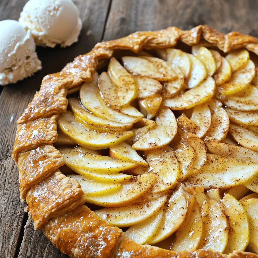 - 3 medium apples (Granny Smith or Honeycrisp) - 1 tablespoon fresh lemon juice - 2 tablespoons packed brown sugar - 1 teaspoon ground cinnamon - 1 teaspoon pure vanilla extract - 1 sheet of refrigerated pie crust - 1 tablespoon unsalted butter - 1 egg (for egg wash) - 1 tablespoon coarse sugar (for topping) When making a rustic apple galette, I love using Granny Smith or Honeycrisp apples. They bring the perfect balance of tartness and sweetness. The lemon juice helps keep the apples bright and fresh. Brown sugar adds depth of flavor, while cinnamon and vanilla offer warmth and comfort in every bite. If you want to switch things up, try using pears or peaches instead of apples. For a gluten-free option, look for a gluten-free pie crust. You can also use coconut sugar or maple syrup if you want to cut back on refined sugar. - Baking sheet - Parchment paper - Mixing bowl - Pastry brush Having the right tools makes all the difference. A baking sheet lined with parchment paper helps prevent sticking. A mixing bowl allows you to easily combine ingredients. A pastry brush is perfect for applying the egg wash, giving the crust a beautiful golden finish. For the full recipe, make sure to check out the details in the article. - Preheat oven to 425°F (220°C). - Prepare a baking sheet by lining it with parchment paper. - In a large bowl, combine: - 3 medium apples, peeled, cored, and thinly sliced - 1 tablespoon fresh lemon juice - 2 tablespoons packed brown sugar - 1 teaspoon ground cinnamon - 1 teaspoon pure vanilla extract - Toss the apples gently. Let the filling rest for 15 minutes. This helps the flavors blend. - Roll out one sheet of pie crust on a floured surface. Aim for a 12-inch circle. - Move the crust to the prepared baking sheet. - Place the apple mixture in the center, leaving a 2-inch border. - Fold the crust edges over the apples, making pleats. Press the edges lightly to keep them in place. - Scatter small cubes of butter over the top of the filling. - Brush the crust edges with a beaten egg. This gives a golden color. - Sprinkle coarse sugar over the galette for a crunchy finish. - Bake for 25-30 minutes. Check for a golden brown crust and bubbling apples. - Let cool for a few minutes before slicing. This helps the juices settle. Now you can enjoy this simple and flavorful delight! For the full recipe, check out the detailed instructions above. To avoid a soggy bottom, always use a parchment paper liner. It helps with moisture. You can also pre-bake the crust for a few minutes. This will set the base and keep it crisp. Use cold butter and ice water when making your crust. This keeps the layers flaky and light. Spices can transform the flavor of your galette. Try adding nutmeg or allspice for warmth. They complement the apples beautifully. Different apple varieties also change the taste. Honeycrisp apples add sweetness, while Granny Smith offers tartness. Mixing apple types can create a more complex flavor. Serve your galette warm with a scoop of vanilla ice cream. The cold ice cream pairs nicely with the warm tart. Whipped cream also adds a light touch. For special occasions, slice the galette into wedges. Arrange on a pretty plate and sprinkle with cinnamon for a lovely finish. {{image_4}} You can change the flavors of your Rustic Apple Galette based on the season. - Adding berries or pears: Fresh berries like raspberries or blueberries can add a nice touch. Pears also blend well with the apples. Just slice them thin and mix them in. - Spiced variations for fall: In autumn, add nutmeg or allspice for warmth. This spice mix enhances the cozy feel of the galette. You can easily make this dessert vegan or dairy-free. - Making a dairy-free pie crust: Use coconut oil or vegetable shortening instead of butter. This makes a great crust that is still flaky. - Substituting butter with plant-based alternatives: Try using vegan butter or margarine in the filling. This keeps the flavors rich without dairy. You can enjoy this galette in both traditional and modern ways. - Introducing modern flavor profiles: Consider adding caramel or chocolate for a twist. A drizzle of caramel over the apples adds a sweet touch. - Traditional rustic styles: Stick with simple flavors like cinnamon and vanilla for a classic taste. This keeps the galette true to its roots, focusing on the apples. Feel free to explore these variations for your Rustic Apple Galette. Each option brings something unique to this simple and flavorful delight. For the full recipe, check out the earlier section! To keep your galette fresh, store it in an airtight container. Place parchment paper between layers if you stack slices. This keeps the crust from getting soggy. You can also cover the galette with plastic wrap. It stays best in the fridge for up to three days. Use a glass or plastic container that seals well. To reheat your galette, preheat the oven to 350°F (175°C). Place the galette on a baking sheet. Cover it lightly with foil to keep it moist. Heat for about 10-15 minutes until warm. You can also use a microwave, but it may dry out the crust. If using the microwave, reheat in short bursts of 30 seconds. To freeze your galette, let it cool completely. Wrap it tightly in plastic wrap, then in foil. This helps keep it fresh. It can last in the freezer for up to three months. To defrost, place it in the fridge overnight. Then, reheat in the oven for the best texture. Baked goods like this freeze well if done right. The best apples for a rustic apple galette are Granny Smith and Honeycrisp. These apples balance sweetness and tartness well. They also hold their shape during baking. You can mix different apple types for added flavor. Yes, you can make a rustic apple galette in advance. You can prepare the filling and crust separately. Store them in the fridge for a day. When ready to bake, assemble and follow the baking steps. This saves time and keeps it fresh. To enhance the crust's flavor, add a pinch of salt or sugar. You can also mix in ground spices like cinnamon or nutmeg. Using butter instead of shortening adds richness. Consider using flavored oils or herbs for a twist. Yes, you can make this rustic apple galette gluten-free. Use a gluten-free pie crust instead of regular crust. Many brands offer ready-made gluten-free options. You can also make your own with gluten-free flour blends. A baking sheet lined with parchment paper works best. This prevents sticking and makes cleanup easy. You can also use a cast-iron skillet for a nice crust. Make sure it's oven-safe and has enough space for the galette. Absolutely! Homemade pie crust is a great option. It allows you to control the ingredients and flavor. Just ensure it's rolled out to the right thickness. Use the same method as with store-bought for assembling the galette. For the full recipe, check out the detailed instructions and tips above. This Rustic Apple Galette is both simple and delicious. You will love how easy it is to make. Here’s what you will need: - 3 medium apples (preferably Granny Smith or Honeycrisp), peeled, cored, and thinly sliced - 1 tablespoon fresh lemon juice - 2 tablespoons packed brown sugar - 1 teaspoon ground cinnamon - 1 teaspoon pure vanilla extract - 1 sheet of refrigerated pie crust (homemade or store-bought) - 1 tablespoon unsalted butter, cut into small cubes - 1 egg, beaten (for egg wash) - 1 tablespoon coarse sugar (for sprinkling on top) Prep Time: 25 minutes Cook Time: 30 minutes Total Time: 55 minutes Servings: 8 To make this galette, start by preheating your oven to 425°F (220°C). Prepare a baking sheet by lining it with parchment paper. This will help keep the galette from sticking. Next, mix the sliced apples with lemon juice, brown sugar, cinnamon, and vanilla in a bowl. Toss the apples so they are well coated. Let this sit for about 15 minutes. This step helps the flavors blend and the juices to flow. Now, roll out your pie crust into a rough circle on a floured surface. Aim for about 12 inches wide. Transfer this crust to your baking sheet. Place the apple mixture in the center, leaving about a 2-inch border around the edge. Fold the edges of the crust over the apples, making pleats for that rustic look. Press the edges down gently. Dot the apple filling with small pieces of butter. Brush the crust edges with the beaten egg to give a nice golden color. Finally, sprinkle coarse sugar on top for a crunchy finish. Bake the galette for 25-30 minutes. The crust should turn golden brown, and the apples should be soft and bubbly. Once baked, let it cool for a few minutes before slicing. Serve this galette warm or at room temperature. A scoop of vanilla ice cream or a dollop of whipped cream makes it even better. This simple recipe is sure to impress! This blog shared a simple way to make a rustic apple galette. We explored the ingredients, substitutions, tools, and steps. You now know how to prepare, bake, and store your galette. Remember, you can customize it with different fruits and flavors. Enjoy serving it with ice cream or whipped cream. Baking can be fun and rewarding. Don’t hesitate to make this dish your own. Happy baking!