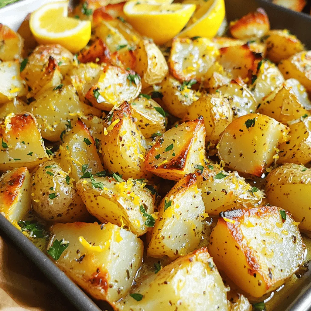 - 2 lbs baby potatoes (Yukon Gold or fingerling) - 4 cloves garlic, minced - 1/4 cup extra virgin olive oil - 1 tablespoon fresh lemon zest - 1/4 cup freshly squeezed lemon juice - 2 teaspoons dried oregano - 1 teaspoon sea salt - 1/2 teaspoon black pepper - Fresh parsley for garnish - Lemon wedges for serving You can swap baby potatoes for larger potatoes, like Russets. Cut them into smaller pieces to keep cooking time similar. If you need oil options, try avocado oil or canola oil instead of olive oil. You can also use fresh herbs instead of dried oregano for a brighter flavor. Just remember, fresh herbs are stronger, so you need less. 1. Preheat oven to 400°F (200°C). This helps the potatoes cook evenly and get crispy. 2. Prepare the potato mixture. In a big bowl, add the halved baby potatoes, minced garlic, olive oil, lemon zest, lemon juice, oregano, sea salt, and black pepper. Toss well to coat the potatoes evenly. 1. Arrange potatoes in the baking dish. Spread the seasoned potatoes in a single layer. This way, they roast nicely without steaming each other. 2. Roast time and technique. Put the baking dish in the oven. Roast the potatoes for 40 to 45 minutes. Halfway through, give them a gentle toss to brown them on all sides. They should be golden and fork-tender. 1. Cooling period and garnishing. Remove the dish from the oven. Let the potatoes cool for about 5 minutes. 2. Serving suggestions. Sprinkle fresh parsley over the hot potatoes. Serve with lemon wedges for that extra zing. The bright colors make the dish look great! You can find the full recipe for these delicious Greek Lemon Roasted Potatoes to make this easy meal at home. To achieve crispy potatoes, start by cutting them into equal halves. This helps them cook evenly. Make sure to coat them well in olive oil. The oil creates a nice crispy layer. Roast the potatoes in a single layer. This step is crucial. If they overlap, they will steam instead of roast. Spacing allows hot air to circulate, making them golden and crisp. You can boost flavor by adding herbs like thyme or rosemary. These herbs pair well with lemon. Try using fresh herbs for a stronger taste. Consider using different citrus fruits too. Orange or lime can add a fun twist. Each fruit brings its own unique flavor to the dish. Serve your Greek Lemon Roasted Potatoes in a shallow bowl. This helps show off their beautiful golden color. For garnishing, sprinkle fresh parsley on top. It adds a pop of color and freshness. You can also arrange lemon wedges around the potatoes for a bright and inviting look. This makes your dish not just tasty, but also pretty! For the full recipe, check out the detailed instructions above. {{image_4}} Using fresh herbs can elevate your Greek lemon roasted potatoes. Fresh herbs bring bright flavors. I love using parsley, dill, or even mint. You can mix and match them for fun. You might also try herbs from the region. Thyme and rosemary work well too. They add a nice depth to the dish. Experimenting with different herbs keeps things exciting. Adding cheese can change the game. Parmesan or feta crumbles create a rich taste. You can sprinkle it on top before serving. Incorporating vegetables makes this dish a complete meal. Try adding bell peppers or cherry tomatoes. These veggies roast well and add color. They also bring extra nutrients. Making this meal vegan-friendly is easy. Simply skip the cheese and stick to the potatoes. The flavor will still shine through with lemon and herbs. If you need gluten-free options, you've got it covered. This dish is naturally gluten-free. Enjoy it worry-free, as the ingredients are all safe. For a full recipe, check out the detailed instructions above. To keep your Greek Lemon Roasted Potatoes fresh, let them cool first. Place them in an airtight container. Store the container in your fridge. These potatoes stay good for up to three days. If you notice any moisture, you can add a paper towel inside the container. This helps absorb extra moisture and keeps them from getting soggy. When it comes to reheating, the oven is best. Preheat it to 350°F (175°C). Spread the potatoes on a baking sheet. Heat them for about 15 minutes or until warm. This method helps keep the texture crispy. If you use a microwave, heat them in short bursts. Stir them often to avoid sogginess. This method is quicker but may not keep them as crispy. You can freeze Greek Lemon Roasted Potatoes if you have extra. First, let them cool completely. Then, place them in a freezer-safe bag. Remove as much air as you can to avoid freezer burn. These potatoes can last up to three months in the freezer. To thaw, move them to the fridge overnight. Reheat them in the oven for the best texture. If you’re in a hurry, you can microwave them. Just remember to stir often. This helps heat them evenly. Can I use larger potatoes? Yes, you can use larger potatoes. Just cut them into smaller pieces. Aim for uniform sizes to ensure even cooking. How long can I store leftovers? Store leftovers in an airtight container. They last about 3 to 4 days in the fridge. Reheat them in the oven for the best results. What’s the best way to ensure even cooking? To ensure even cooking, spread the potatoes out in a single layer. Toss them halfway through roasting. This method helps achieve a golden, crispy texture all around. Can I prep the potatoes in advance? Yes, you can prepare potatoes in advance. Cut and season them a few hours before cooking. Just keep them in water to prevent browning. What pairs well with Greek Lemon Roasted Potatoes? These potatoes pair well with grilled meats, like chicken or lamb. A fresh salad or tzatziki sauce also complements them nicely. How to incorporate them into a full meal? Serve Greek Lemon Roasted Potatoes as a side dish. They fit well with many main courses. Try them alongside roasted vegetables or a hearty grain salad. For the full recipe, check out the complete details above. Greek Lemon Roasted Potatoes are both tasty and easy to make. You learned about the key ingredients and where to make smart swaps. The steps are simple, and the tips help ensure great flavor and crunch. These potatoes fit into various diets and meal styles, making them versatile. Proper storage lets you enjoy them later without losing quality. With these insights, you can make a dish that impresses everyone. Enjoy creating this flavorful side!