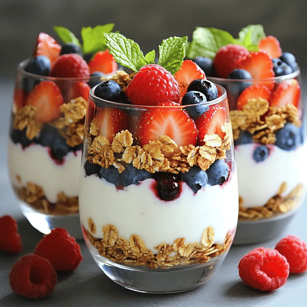 To make a tasty Greek yogurt parfait, you need some key ingredients. Here’s what you will use: - 2 cups plain Greek yogurt - 1 cup mixed berries (strawberries, blueberries, raspberries) - 1/4 cup honey - 1/2 cup granola (preferably a mix of nuts and seeds) - 1 teaspoon vanilla extract These ingredients come together well for a healthy treat. The yogurt gives a creamy base, while the berries add sweetness and color. Granola brings a nice crunch to each bite. You can get creative with your parfait! Here are some fun options: - Fresh mint leaves for garnish - A pinch of ground cinnamon - Chopped nuts or seeds These add-ins can enhance the flavor and make your parfait look even better. Mint adds freshness, while cinnamon gives warmth. Each ingredient in your parfait has health perks: - Greek yogurt is high in protein and good for digestion. - Berries are packed with vitamins and antioxidants. - Honey offers natural sweetness and has anti-inflammatory properties. - Granola provides fiber and healthy fats. - Vanilla extract can improve mood and flavor. Using these ingredients makes your parfait not just tasty, but also good for you. Enjoy the mix of flavors and benefits in every layer! For the full recipe, check out the Creamy Berry Bliss Greek Yogurt Parfaits. To start, grab a medium mixing bowl. Add 2 cups of plain Greek yogurt. Then, pour in 1/4 cup of honey and 1 teaspoon of vanilla extract. Use a whisk or spoon to mix everything well. Keep mixing until it becomes smooth and creamy. The honey should blend in fully. This yogurt mixture is the base of your parfait. Its creamy texture makes each bite delightful. Now, it's time to layer your parfaits. Take your serving glasses or bowls. Begin by adding a scoop of the creamy yogurt mixture at the bottom. Next, add a layer of mixed berries. Use 1 cup of mixed berries, like strawberries, blueberries, and raspberries. Spread them evenly over the yogurt. After that, sprinkle 1/2 cup of granola on top. Repeat this process until the glasses are almost full. Finish with a layer of yogurt on top for a lovely finish. For the final touches, add a dusting of ground cinnamon over the top yogurt layer. This adds a nice flavor. If you like, garnish your parfaits with fresh mint leaves. They give a pop of color and freshness. Serve your parfaits right away for the best taste. If you want a chilled treat, refrigerate them for 30 minutes. This time helps the flavors mix well. Enjoy your yummy Greek yogurt parfaits! For the full recipe, check out the details above. To make creamy yogurt, start with high-quality plain Greek yogurt. Look for brands that have no added sugars or fillers. Mix in honey and vanilla extract to enhance the flavor. Whisk these together until smooth. The key is to blend well. This makes the yogurt richer and creamier. Layering is key to a great parfait. Start with yogurt at the bottom. Then, add a layer of mixed berries. Use a mix of strawberries, blueberries, and raspberries for color and taste. Next, sprinkle in some crunchy granola. Repeat the layers until you reach the top. Always finish with yogurt for a clean look. This method keeps each bite balanced and tasty. You can prepare your parfait in advance. Just layer the ingredients in jars. Store them in the fridge for up to 2 days. This saves time on busy mornings. However, add granola just before serving. This keeps it crunchy. You can use the full recipe to guide you in making these tasty treats. {{image_4}} You can switch up the fruits in your parfaits. Try bananas for a creamy texture. Apples add a nice crunch. Pineapple gives a tropical twist. You can even mix dried fruits like apricots or raisins. Just chop them small so they blend well. Each fruit brings its own flavor and nutrients. This way, you keep your parfaits fresh and exciting. Granola is a great crunchy layer. You can use different nuts and seeds. Almonds add a sweet taste. Walnuts bring a rich flavor. If you prefer seeds, try pumpkin or sunflower seeds. These options can make your parfait even more healthy. You can also make your own granola by mixing oats, nuts, and a little honey. This way, you control what goes in it. If you want to skip dairy, there are many options. Use almond or coconut yogurt instead of Greek yogurt. They still taste great and keep it creamy. You can sweeten your parfait with maple syrup or agave instead of honey. This keeps it vegan. The fruits and nuts will still give you the same great taste. Enjoy experimenting with different flavors and textures! To keep your parfaits fresh, store them in airtight containers. This helps prevent drying out and keeps flavors strong. You can also cover them with plastic wrap if you don’t have containers. Place them in the fridge if you plan to eat them within a few days. Greek yogurt parfaits can last about 2 to 3 days in the fridge. The yogurt stays good for about a week after opening. Berries, however, have a shorter life. They are best within 1 to 2 days. Granola can stay fresh for weeks if sealed tightly. Freezing parfaits isn’t the best choice, as the texture changes when thawed. However, you can freeze individual ingredients. For example, freeze berries in a single layer on a tray, then transfer them to a bag. When ready, add frozen berries to your parfait. This keeps the rest fresh when making the full recipe. The best yogurt for parfaits is plain Greek yogurt. It has a thick and creamy texture. This yogurt also packs a lot of protein. You can choose full-fat or low-fat based on your needs. Avoid flavored yogurts; they add extra sugar. You want to control the sweetness with your toppings. Yes, you can make Greek yogurt parfaits in advance. They stay fresh in the fridge for about 24 hours. However, I suggest adding granola just before serving. This keeps the granola crunchy. If you want to prepare for the week, layer the yogurt and fruits in jars. Store them in the fridge for easy grab-and-go meals. You can customize your parfait in many ways. Try different fruits like bananas or peaches. You can also swap granola for nuts or seeds. Add spices like cinnamon or nutmeg for warmth. For a twist, drizzle some nut butter on top. Get creative and find the mix that makes you smile! Check out the Full Recipe for more ideas. You learned how to make healthy Greek yogurt parfaits with ease. We covered the main ingredients, step-by-step instructions, and tips for the best results. I shared ways to customize your parfaits, plus storage and freezing methods. Remember, these parfaits are not just tasty; they also pack great health benefits. Enjoy experimenting with flavors and combinations! You’ll have a delicious snack or breakfast ready in no time. Keep it simple, fresh, and fun!