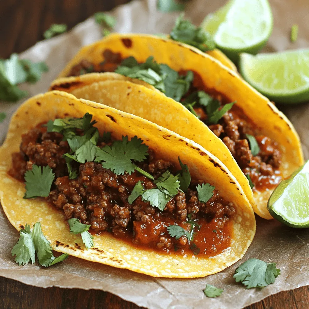 Let’s gather the ingredients for these tasty beef tacos with chipotle sauce. Each item brings unique flavors that make this dish special. - Ground beef, 1 lb - Small onion, finely chopped, 1 - Garlic cloves, minced, 2 - Olive oil, 1 tablespoon - Ground cumin, 1 teaspoon - Smoked paprika, 1 teaspoon - Chipotle powder, 1 teaspoon (adjust to taste) - Salt, 1/2 teaspoon - Black pepper, 1/2 teaspoon - Tomato sauce, 1 can (8 oz) - Adobo sauce (from chipotle peppers), 1 tablespoon - Corn tortillas, 8 small - Fresh cilantro, chopped (for garnish) - Lime wedges (for serving) These ingredients create a rich and flavorful filling. The ground beef serves as the base. The spices like cumin and smoked paprika add warmth. Chipotle powder gives a nice kick, while the tomato and adobo sauces bring depth. Fresh cilantro and lime add brightness to each bite. If you want the full experience, check out the Full Recipe for cooking instructions. Enjoy the process and the delicious results! - Sauté the onion until soft. In a large skillet, heat olive oil over medium heat. Once hot, add the finely chopped onion. Cook for about 5 minutes. Stir it to avoid burning. You want it soft and translucent. - Add garlic and cook until fragrant. After the onion softens, add the minced garlic. Cook for another minute. Stir well to release its aroma. - Cook ground beef thoroughly. Add the ground beef to the skillet. Use a spatula to break it apart as it cooks. Brown it for about 6-8 minutes. - Drain excess fat if necessary. If you see a lot of fat, drain it. This keeps the tacos healthy and tasty. - Add spices to the beef. Sprinkle ground cumin, smoked paprika, chipotle powder, salt, and black pepper over the beef. Stir well for even seasoning. - Pour in tomato and adobo sauces. Add the tomato sauce and adobo sauce to the skillet. Mix everything together. - Let it simmer to meld flavors. Allow it to simmer for about 5 minutes. This helps the flavors blend nicely. - Warm corn tortillas in a dry skillet. Heat a separate dry skillet over medium heat. Place each tortilla in the skillet for about 30 seconds on each side. This makes them warm and pliable. - Spoon chipotle beef mixture into tortillas. Take a warm tortilla and add a generous amount of the chipotle beef mixture. - Garnish with cilantro and lime. Top each taco with chopped cilantro. Serve with lime wedges for a burst of flavor. For the full recipe, check out the complete instructions above. Enjoy your flavorful fiesta dish! - Adjust chipotle powder for spice level. If you like it hot, add more. If you prefer it mild, start with less. This lets you control how spicy the tacos get. - Use fresh ingredients for better taste. Fresh onions and garlic will boost flavor. Always choose ripe limes and bright cilantro for the best garnish. - Serve on a colorful platter. A bright dish makes the tacos look more fun and inviting. You can use red, blue, or even green plates to add some flair. - Garnish with lime wedges and cilantro. This adds a bright touch. Plus, it gives your guests a chance to add more flavor to their tacos. - Use a skillet for sautéing. A heavy skillet heats evenly and helps brown the beef well. This makes sure every bite is full of flavor. - A spatula is helpful for breaking beef apart. Use it to stir and crumble the meat while cooking. This keeps the beef cooked evenly and prevents clumping. For the full recipe of these delightful tacos, check out the [Full Recipe]. {{image_4}} You can easily switch from beef to a plant-based choice. I often use lentils or mushrooms in my tacos. Lentils give a hearty texture. They soak up flavors well. Mushrooms add a nice umami taste. Both options create a delicious vegetarian meal. Want to mix it up? Try using shredded chicken or pork instead of beef. These proteins work great with the chipotle sauce. They soak up the spices, making every bite tasty. For something unique, shrimp can be a fun twist. Shrimp cooks quickly and pairs well with chipotle. Toppings can elevate your tacos. I love adding avocado for creaminess. Salsa brings freshness and zest. Cheese adds a rich flavor. You can also try pickled onions or jalapeños for extra kick. Each topping enhances the overall taste and makes your dish more fun. For the full taco experience, check out the [Full Recipe]. To keep your beef tacos fresh, refrigerate them in airtight containers. This helps prevent drying out. Consume the leftovers within 3-4 days for the best taste and safety. If you want to save some beef mixture for later, freeze it in a safe container. This is great for long-term storage. When you’re ready to eat, thaw it in the fridge overnight before reheating. To reheat your beef mixture, use a skillet or microwave. In a skillet, heat it over medium until hot. If using a microwave, warm it in short bursts, stirring in between. Enjoy your tacos as if they were just made! For the full recipe, check out the recipe section above. To make chipotle sauce, blend these simple ingredients: - 1 cup sour cream or Greek yogurt - 2-3 chipotle peppers in adobo sauce - 1 tablespoon lime juice - 1 teaspoon garlic powder - Salt to taste Combine all in a blender. Blend until smooth. This sauce adds depth and heat to your tacos. Adjust the chipotle peppers based on your spice preference. Yes, you can prep ahead. Cook the beef mixture and store it in the fridge. It stays good for about 3-4 days. Warm it when ready to serve. You can also warm tortillas in advance. Just keep them in a towel to stay soft. Try these tasty sides: - Mexican rice - Refried beans - Grilled corn - Fresh salsa or guacamole - A light salad with lime dressing Drinks like margaritas or iced tea also work great. To make your tacos gluten-free, use corn tortillas. Check the label to ensure they are certified gluten-free. You can also use lettuce wraps as a fresh, low-carb option. Both choices taste great with the chipotle beef. For the full recipe, check out the complete guide! In this blog post, we covered how to make delicious chipotle beef tacos using simple ingredients and easy steps. I shared tips on perfecting flavor and presented options for variations to suit your taste. Remember, fresh ingredients make a big difference. Don't hesitate to experiment with proteins and toppings. With proper storage, you can enjoy these tacos later. Now, gather your ingredients and get cooking! You’ll create a tasty meal that everyone will love.