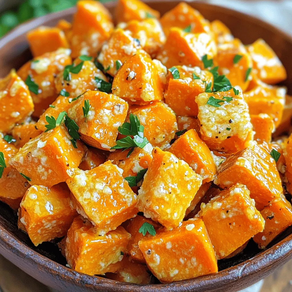 - 3 large sweet potatoes, peeled and cut into 1-inch cubes - 4 tablespoons extra-virgin olive oil - 4 cloves of garlic, finely minced - 1/2 cup freshly grated Parmesan cheese - 1 teaspoon dried oregano - 1 teaspoon smoked paprika - Salt and freshly ground black pepper, to taste - Fresh parsley, finely chopped In this recipe, sweet potatoes shine as the star. They are sweet, creamy, and packed with vitamins. Olive oil adds a rich flavor and helps the sweet potatoes roast perfectly. Garlic brings a savory punch that balances the sweetness. Parmesan cheese adds a salty, nutty flavor that makes each bite delightful. For seasoning, I use dried oregano for a hint of earthiness. Smoked paprika adds a warm, smoky flavor that pairs well with the sweet potatoes. Salt and pepper enhance all these flavors. To finish, I sprinkle fresh parsley on top. It adds color and a fresh taste to the dish. This combination of ingredients makes Garlic Parmesan Roasted Sweet Potatoes a must-try. You can find the Full Recipe for more details. First, preheat your oven to 425°F (220°C). This temperature helps the sweet potatoes roast nicely. Next, prepare a large baking sheet by lining it with parchment paper. This step makes clean-up easier and keeps the potatoes from sticking. In a sizable mixing bowl, combine the sweet potatoes with the extra-virgin olive oil, minced garlic, dried oregano, smoked paprika, salt, and pepper. Make sure you toss everything well. You want each sweet potato cube to be coated evenly with all those tasty seasonings. Now, arrange the seasoned sweet potatoes in a single layer on the baking sheet. Give them enough space so they can roast properly. Place the baking sheet in the oven and roast for about 25 to 30 minutes. Halfway through, take them out and toss them. This ensures they cook evenly. After the potatoes are tender and golden brown, remove the baking sheet from the oven. While they are still hot, sprinkle the grated Parmesan cheese over the top. Return them to the oven for 5 more minutes. This melts the cheese and gives a lovely golden crust. Once done, let the sweet potatoes cool for a few minutes before serving. You can garnish them with chopped fresh parsley for a nice touch. And that’s it! You have a delightful side dish of Garlic Parmesan Roasted Sweet Potatoes ready to enjoy. For the complete details, check the Full Recipe. To get the best crispness, space the sweet potatoes well on the baking sheet. If they are too close, they will steam instead of roast. I like to leave a bit of space between each piece. This allows hot air to flow around them. It helps them turn golden and crunchy. Adjusting the oven temperature can also help. For crisp potatoes, roast them at 425°F. You can watch them closely as they cook. If they seem to brown too fast, lower the heat slightly. This will help you avoid burning while still getting that nice crisp texture. You can easily boost the flavor by adding herbs and spices. Try mixing in some fresh rosemary or thyme with the sweet potatoes. These herbs add a nice earthy taste. You can even sprinkle some chili flakes for a little heat. Using different cheese options can also change the flavor. If you want a stronger taste, try using aged Parmesan or pecorino. For a creamier texture, consider adding feta cheese. Each cheese gives a unique twist to the dish. The best baking sheets for roasting have a sturdy feel. Look for ones made from heavy-duty metal. They help distribute heat evenly. A rimmed baking sheet is great for keeping the sweet potatoes from sliding off. For mixing, I recommend using a large bowl. A deep bowl gives you room to toss the ingredients well. This ensures that the sweet potatoes are evenly coated with oil and spices. It makes the whole process easier and more fun! {{image_4}} You can change up the recipe with different root vegetables. Try using carrots, parsnips, or even butternut squash. These veggies add their unique flavors and textures. If you want a vegan option, skip the cheese. You can use nutritional yeast to bring a cheesy flavor. It has a nice nutty taste and is a great substitute. Want more heat? Add chili flakes to the mix. They give a nice kick to the sweet potatoes. Just sprinkle a little in when you mix the oil and spices. You can also sweeten the dish. Drizzle honey or maple syrup on the sweet potatoes before roasting. The sweetness pairs well with the savory garlic and Parmesan. Garlic Parmesan roasted sweet potatoes pair well with many proteins. They go great with chicken, fish, or even a hearty steak. They add color and flavor to any plate. For a complete meal, serve them with a green salad or some steamed veggies. This creates a balanced and tasty dinner. You can find the full recipe for Garlic Parmesan Roasted Sweet Potatoes in this article. To store your Garlic Parmesan roasted sweet potatoes, let them cool first. Place them in an airtight container. This keeps them fresh and tasty. Store them in the fridge for up to four days. If they stay longer, they lose flavor and texture. When it’s time to enjoy leftovers, use an oven or a toaster oven. Preheat it to 350°F (175°C). Spread the sweet potatoes on a baking sheet. Heat them for about 10-15 minutes. This method keeps them crispy. You can also use leftovers in a salad or as a filling for tacos. For freezing, cool the sweet potatoes completely. Place them in a freezer bag or airtight container. They can stay frozen for up to three months. When you want to eat them, thaw in the fridge overnight. Reheat them in the oven for the best texture. For a quick option, use the microwave, but they may lose some crispness. If you're curious about the full recipe, check it out to make these delightful treats! Roasting sweet potatoes takes about 25 to 30 minutes at 425°F (220°C). This time allows them to become tender and lightly golden. Make sure to toss them halfway for even cooking. Yes, you can prepare these sweet potatoes ahead. Cut and season them, then store in the fridge for up to 24 hours. Just pop them in the oven when you're ready to roast. These sweet potatoes pair well with many dishes. Try them with grilled chicken or fish for a balanced meal. They also work great alongside a fresh salad or roasted vegetables. A few mistakes can ruin your roasting. Avoid overcrowding the baking sheet. This leads to steaming instead of roasting. Also, don’t skip the toss halfway through cooking. It helps them brown nicely. Lastly, make sure to use fresh garlic for the best flavor. In this blog post, we explored how to make Garlic Parmesan Roasted Sweet Potatoes. You learned about key ingredients like sweet potatoes, olive oil, and seasonings. We covered each step, from prepping the oven to roasting for that perfect crisp. You also discovered tips for enhancing flavors and serving suggestions. With these insights, you can enjoy a delicious side dish or meal. Experiment with variations to make it your own! Enjoy your cooking journey with these tasty sweet potatoes.