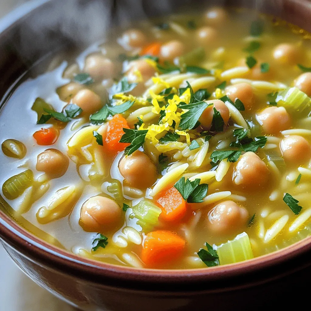 - 1 cup orzo pasta - 1 can (15 oz) chickpeas, rinsed and drained - 6 cups vegetable broth - 1 medium onion, diced - 2 cloves garlic, minced - 2 medium carrots, diced - 2 celery stalks, diced - 1 teaspoon dried thyme - 1 teaspoon dried oregano - Juice of 2 fresh lemons - Zest of 1 lemon - 2 tablespoons extra virgin olive oil - Salt and freshly ground pepper to taste - Fresh parsley for garnish Lemon Chickpea Orzo Soup has simple yet tasty ingredients. The orzo pasta gives it a nice texture. The chickpeas add protein and creaminess. Vegetable broth forms the base, making the soup rich. Onion, carrots, and celery bring sweetness and crunch. Aromatic garlic, thyme, and oregano add depth. Fresh lemon juice and zest make it bright and tangy. I always suggest using fresh lemons for the best flavor. The olive oil adds a smooth finish. Don't forget salt and pepper to bring out the flavors. Fresh parsley makes a great garnish, too. This recipe is a wonderful way to enjoy healthy and hearty meals. For all the details, check out the Full Recipe. - Heat 2 tablespoons of olive oil in a large pot over medium heat. - Add 1 medium diced onion, 2 diced carrots, and 2 diced celery stalks. Stir them often for about 5-7 minutes. You want the veggies tender and the onion see-through. - Now, add 2 minced garlic cloves, 1 teaspoon dried thyme, and 1 teaspoon dried oregano. Stir these in until they smell great, about 1 minute. - Pour in 6 cups of vegetable broth and turn up the heat. Bring this mix to a boil. - Once it boils, toss in 1 cup of orzo pasta and 1 can (15 oz) of rinsed chickpeas. Lower the heat and let it simmer for about 10 minutes. You want the orzo soft and cooked. - Stir in the juice of 2 fresh lemons and the zest of 1 lemon. This adds bright flavor! - Taste and adjust the seasoning with salt and freshly ground pepper as needed. - Remove the pot from heat. Let the soup sit for a few minutes to blend the flavors. - Before serving, taste again to check if it needs more lemon or salt. - Ladle the soup into bowls and sprinkle fresh chopped parsley on top for color. For the full recipe, check out the detailed steps above! To adjust the lemon intensity, start with less juice. You can always add more later. I recommend tasting as you go. If you want a milder taste, try using just one lemon's juice at first. You can also balance the lemon with a touch of honey for sweetness. For herbs, feel free to mix things up. If you don’t have thyme or oregano, use dill or basil. Fresh herbs add a bright taste, but dried ones work well too. Just remember to use less dried herbs than fresh. To keep orzo from getting mushy, cook it until just al dente. This adds a nice bite to your soup. Stir occasionally to prevent sticking. Once you add it to the pot, make sure to watch the time closely. When sautéing vegetables, start with the onions. Cook them until they are soft and clear. This builds a strong flavor base. Next, add the carrots and celery. Sauté these for about five minutes to bring out their sweetness. For sides, I suggest crusty bread or a fresh green salad. Both pair nicely with the soup. They add texture and balance. To garnish, sprinkle fresh parsley on top. It adds a pop of color and freshness. You can also add lemon wedges for a zesty touch. For more flair, use a drizzle of olive oil or a dash of paprika. For the full recipe, check out the detailed instructions above. {{image_4}} You can easily boost the nutrition of your Lemon Chickpea Orzo Soup. Adding proteins like grilled chicken can make it heartier. If you want to keep it plant-based, try adding more legumes like lentils or black beans. These options not only add protein but also enhance the flavor. To change up the taste, experiment with fresh herbs. Basil, cilantro, or dill can add a unique twist. You can also try spices like cumin or paprika for a warm touch. Adding greens like spinach or kale is a great way to sneak in more nutrients. Toss them in during the last few minutes of cooking to keep them vibrant. If you need a gluten-free option, swap out the orzo for gluten-free pasta. Options like rice or quinoa pasta work well. Another tip is to check your vegetable broth to ensure it is gluten-free. This way, you can enjoy the soup without worry while still keeping it tasty. For any dietary needs, adjusting the recipe is simple! You can find the full recipe [here](#). Store your Lemon Chickpea Orzo Soup in a sealed container. Place it in the fridge if you have leftovers. This keeps it fresh for up to three days. To reheat, pour the soup into a pot. Heat it over medium heat, stirring often. You can also use a microwave; just heat it in short bursts. Stir between intervals to ensure even heating. Adding a splash of water can help if the soup thickens. Freezing is great for longer storage. Pour the soup into freezer-safe containers. Leave space at the top for expansion. Label each container with the date for easy tracking. When you want to enjoy it again, take a container out of the freezer. Place it in the fridge to thaw overnight. For quicker defrosting, you can use the microwave on low. Reheat the soup slowly on the stove, stirring often, to keep the flavors intact. Enjoy this comforting dish anytime, knowing you have easy storage solutions! For the complete cooking process, check out the Full Recipe. Can I use other types of pasta instead of orzo? Yes, you can. Many small pastas work well, like ditalini or fusilli. Just adjust cooking times based on the pasta you choose. It’s good to check the package for details. How long does Lemon Chickpea Orzo Soup last in the fridge? This soup keeps well for about three to four days. Store it in an airtight container. If you want it to last longer, consider freezing it. Is this soup vegan and gluten-free? Yes, it is vegan. You use vegetable broth, chickpeas, and fresh veggies. For gluten-free, choose gluten-free orzo or a similar pasta. Always check labels to ensure they meet your needs. Health benefits of key ingredients like chickpeas and lemon Chickpeas are high in protein and fiber, which help keep you full. They also support digestion. Lemons add vitamin C, boosting your immune health. Plus, they give the soup a zesty flavor. What if my soup is too thick? If your soup is too thick, just add more vegetable broth or water. Stir it in slowly until you reach your desired consistency. How can I make the soup more filling? You can add more chickpeas or toss in some leafy greens. Kale or spinach works great. You can also serve it with crusty bread for a complete meal. For the complete recipe, check out the [Full Recipe]. This blog post has covered how to make a delicious Lemon Chickpea Orzo Soup. We explored the main ingredients, aromatics, and seasoning to build great flavor. I offered tips for perfecting the soup and discussed variations to suit your taste. Creating this dish can be simple and rewarding. It’s healthy, versatile, and perfect for any meal. Enjoy making it your own, and don’t hesitate to experiment!