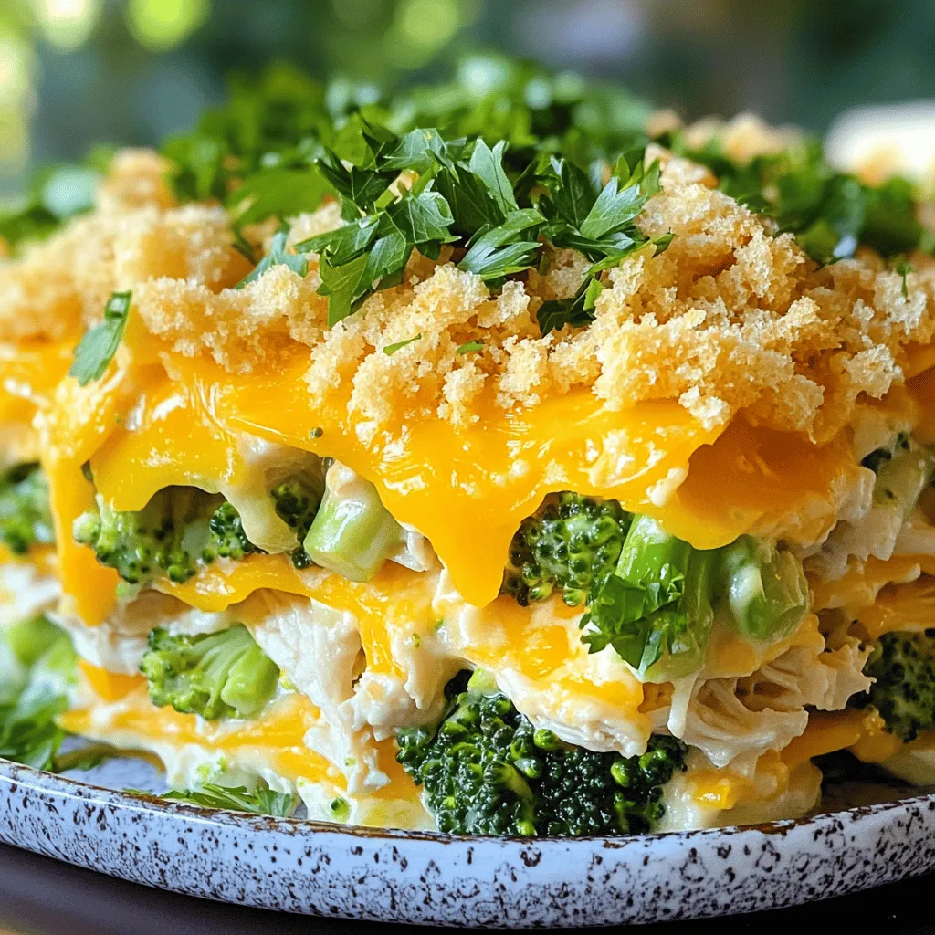 For the best Cheesy Chicken Broccoli Casserole, you need these main ingredients: - 2 cups cooked chicken, shredded or diced - 3 cups fresh broccoli florets - 1 cup uncooked brown rice - 3 cups chicken broth - 1 cup shredded cheddar cheese - 1/2 cup cream cheese, softened - 1 cup Greek yogurt or sour cream These ingredients form the base of the dish. The cooked chicken adds protein, while broccoli brings in nutrients and color. The rice helps to bind everything together. To make your casserole even tastier, add these seasonings and toppings: - 1 teaspoon garlic powder - 1 teaspoon onion powder - Salt and pepper to taste - 1/2 cup breadcrumbs (for topping) - 2 tablespoons olive oil - Fresh parsley, finely chopped (for garnish) These seasonings enhance the flavors of the dish. The breadcrumbs create a crunchy topping, while the parsley adds a touch of freshness. You may want to change some ingredients based on your taste or what you have. Here are some ideas: - Use cooked turkey instead of chicken. - Swap brown rice for quinoa or white rice. - Replace Greek yogurt with sour cream or cottage cheese. These substitutions can still give you a great flavor and texture. Feel free to experiment with what you have on hand. You can find the full recipe to guide you through the cooking process and make this dish your own. Start by preheating your oven to 350°F (175°C). This gets it ready for baking. In a large saucepan, add 1 cup of uncooked brown rice and 3 cups of chicken broth. Bring this to a boil. Once it boils, cover it and lower the heat. Let it simmer for 25-30 minutes. The rice should be tender and soak up all the broth. While the rice cooks, steam 3 cups of fresh broccoli florets for about 4-5 minutes. They should be bright green and just tender. Drain the broccoli and set it aside to cool. In a big mixing bowl, combine 2 cups of cooked chicken, 1/2 cup of softened cream cheese, and 1 cup of Greek yogurt. Add 1 teaspoon of garlic powder, 1 teaspoon of onion powder, and salt and pepper to taste. Mix until everything is smooth and creamy. When the rice is ready, add it to this mixture. Gently fold in the steamed broccoli, making sure every bite has a bit of everything. Grease a 9x13 inch baking dish with olive oil. Pour the chicken, rice, and broccoli mix into the dish. Spread it out evenly. Top it with 1 cup of shredded cheddar cheese. For a crunchy topping, mix 1/2 cup of breadcrumbs with 2 tablespoons of olive oil. Sprinkle this over the cheese. Bake in the preheated oven for 25-30 minutes. It's done when it bubbles and the top is golden brown. Let it cool for 5 minutes before serving. Garnish with freshly chopped parsley for a nice touch. Enjoy your cheesy chicken broccoli casserole! For more details, check the Full Recipe. To get the best texture, cook the rice just right. Use a mix of creamy and crunchy. The rice should be tender but not mushy. Steam the broccoli until it's bright green and slightly crisp. This keeps the bite in every forkful. When you bake, the cheese should melt into a gooey layer. Top with breadcrumbs for crunch. This balance makes every bite delightful. You can prep this casserole a day early. Cook the rice and steam the broccoli, then mix them with the chicken and sauce. Put everything in a baking dish but skip the cheese and breadcrumbs for now. Cover tightly and store in the fridge. When you're ready to bake, add the cheese and breadcrumbs. Then, bake right away. This keeps the dish fresh and tasty. Serve the casserole warm right from the baking dish. Scoop portions onto plates for a nice look. Add a sprig of parsley on top for color. This makes the dish pop! Pair it with a crisp green salad. A simple side adds freshness and balance. For a fun twist, serve with crusty bread to soak up the cheesy goodness. Enjoy your meal! {{image_4}} You can change the protein in this dish to suit your taste. Instead of chicken, try turkey or cooked sausage. Both add unique flavors. You can also use shredded pork for a smoky twist. For a quick option, use rotisserie chicken. This saves time and still tastes great. If you want a meatless dish, swap the chicken for chickpeas or lentils. These beans add protein and texture. Replace chicken broth with vegetable broth for a full vegetarian option. You can also increase the amount of broccoli or add other veggies, like mushrooms or bell peppers. There are many ways to enhance the flavor of your casserole. Adding spices like paprika or cayenne pepper gives it a kick. You can also mix in sun-dried tomatoes for a rich taste. For a herby flavor, try fresh thyme or oregano. These simple changes make the dish exciting and new. For the full recipe, check out Cheesy Chicken Broccoli Casserole. You can store leftovers in the fridge. Place the casserole in an airtight container. It will stay fresh for about 3 to 4 days. If you plan to reheat, cover it well to keep moisture in. This helps maintain the cheesy goodness. If you want to save some for later, freezing is a great option. First, let the casserole cool completely. Then, wrap it tightly in plastic wrap and then foil. This keeps out air and prevents freezer burn. It can last up to 3 months in the freezer. When you're ready to eat, just thaw it overnight in the fridge. To reheat, you can use the oven for the best results. Preheat your oven to 350°F (175°C). Cover the casserole with foil to keep it moist. Heat for about 20 to 25 minutes, or until it's hot all the way through. You can also reheat it in the microwave, but be careful not to dry it out. Enjoy your cheesy chicken broccoli casserole just as good as when it was fresh! If you want more details, check the Full Recipe for optimal tips on this dish. You can use sour cream in place of Greek yogurt. Both add creaminess and tang. If you prefer, cottage cheese is another option. Just blend it smooth before adding it to the mix. Yes, you can prepare this casserole a day ahead. Just cover it tightly and store it in the fridge. When you are ready to bake, let it sit at room temp for 30 minutes. Then, bake as directed. The casserole is done when it bubbles around the edges. The top should be golden brown too. A toothpick inserted in the center should come out clean. This casserole pairs well with a crisp green salad. You can also serve it with garlic bread for a tasty side. Roasted vegetables add color and flavor too. In this blog post, we covered how to make a cheesy chicken broccoli casserole. We explored the main ingredients, seasoning options, and substitutes. I outlined step-by-step instructions for preparing the dish, with tips for texture and storage. Variations let you customize the flavors to your taste. Feel free to use leftovers creatively. This dish is easy to make and delicious, making it perfect for any meal. Enjoy cooking, and have fun sharing it with loved ones.