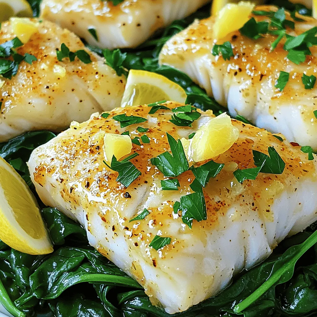 - 4 cod fillets (approximately 6 oz each) - 4 tablespoons extra virgin olive oil - 3 cloves fresh garlic, finely minced - 1 lemon (zest and juice) - 1 teaspoon dried oregano - 1 teaspoon smoked paprika - Salt and freshly cracked pepper, to taste - Fresh parsley, finely chopped (for garnish) - Lemon wedges (for serving) When I make Lemon Garlic Baked Cod, I start with fresh ingredients. Fresh cod fillets are key for the best taste. You can find them in the seafood section of your grocery store. I love using extra virgin olive oil; it adds a rich flavor. Fresh garlic brings a wonderful aroma to the dish. Zesting the lemon gives a nice citrus kick. The spices are simple but effective. Dried oregano complements the fish well. Smoked paprika adds a hint of warmth. Don't forget salt and freshly cracked pepper; they enhance every bite. For garnish, I use fresh parsley. It makes the dish look bright and inviting. Serving lemon wedges on the side allows you to add more zing. This combination creates a meal that is simple yet flavorful. - Calories per serving: About 260 - Macronutrients breakdown: - Carbs: 6g - Protein: 25g - Fat: 16g - Dietary considerations: Gluten-free, low-carb This dish is a great option for a healthy meal. It is low in carbs and high in protein. The healthy fats from the olive oil are good for your heart. Enjoy this meal without guilt! Eating tasty food can also be nutritious. - Preheat your oven to 400°F (200°C). - In a bowl, whisk together: - 4 tablespoons extra virgin olive oil - 3 cloves fresh garlic, finely minced - Zest and juice of 1 lemon - 1 teaspoon dried oregano - 1 teaspoon smoked paprika - Salt and freshly cracked pepper to taste This marinade creates a bright and bold flavor for the cod. - Lay 4 cod fillets in a light greased baking dish. - Pour the marinade over the cod. - Coat each fillet evenly to soak up flavor. - Let the cod marinate for 15-20 minutes. Marinating helps the fish absorb all the tasty goodness. - Once marinated, place the dish in the oven. - Bake the cod for 12-15 minutes. - Check for doneness: the fish should be opaque and flake easily with a fork. After baking, let the cod rest for 2-3 minutes. This step helps keep it juicy. To marinate cod well, start with a flavorful mix. Use fresh garlic, lemon juice, and olive oil. Mix these ingredients in a bowl. Coat the fillets fully. Let them sit for 15-20 minutes. This time is key for deep flavors. For the best texture, bake at 400°F (200°C). Check the cod after 12 minutes. It should look opaque and flake easily. If it resists, give it a few more minutes. Don’t rush this step; it makes all the difference. Presentation can elevate your dish. Place the cod on a bed of bright spinach. Or serve it with colorful roasted veggies. Drizzle leftover marinade over the cod. This adds a zesty touch and makes it shine. For sides, consider a light salad or steamed rice. Both work well to balance the dish's flavors. Lemon wedges are perfect too. They add a fresh squeeze of flavor on your plate. One big mistake is overcooking the cod. It can turn dry and tough. Check the fish after 12 minutes, as noted. If it’s undercooked, it’s easy to pop it back in the oven. Another mistake is not seasoning enough. Cod can taste bland without proper seasoning. Be generous with salt and pepper. The marinade should pack a punch. Trust your taste buds here; they know best. {{image_4}} To make your Lemon Garlic Baked Cod even better, add some herbs and spices. Here are a few ideas: - Fresh thyme for a light, earthy taste - Dill for a touch of brightness - Red pepper flakes for some heat You can also add vegetables to your dish. This way, you create a one-pan meal that is easy and healthy. Try using: - Asparagus for a crunchy bite - Cherry tomatoes for a sweet burst - Zucchini for a mild flavor You can grill or bake your cod. Grilling gives it a smoky taste. It also creates nice grill marks. When grilling, use a fish basket to keep the cod intact. Cooking in a foil packet is another great option. This method keeps the fish moist and flavorful. Just wrap the cod and marinade in foil and place it on the grill or in the oven. If you can't find cod, don't worry. Other fish work well too. Here are some choices: - Haddock, known for its firm texture - Tilapia, which has a mild flavor - Salmon, for a richer taste For a vegetarian option, consider chickpeas or tofu. Both can soak up flavors well. They also give a nice protein boost to your meal. For the full recipe, check out the Lemon Garlic Baked Cod section. To store leftover Lemon Garlic Baked Cod, place it in an airtight container. Make sure the cod is cool before sealing. The cod stays fresh for up to three days in the fridge. If you want to enjoy it later, follow these steps closely. To freeze baked cod properly, wrap each fillet tightly in plastic wrap. Then, place them in a freezer-safe bag. This way, you can keep the cod for up to two months. When you want to eat it, thaw the cod in the fridge overnight. Reheat it gently to keep it moist and tasty. Reheating cod can be tricky, but you can do it well. The best method is to use the oven. Preheat it to 350°F (175°C) and place the cod in a baking dish. Cover it loosely with foil to keep moisture in. Heat for about 10 minutes or until warmed through. This keeps the cod flaky and flavorful. Cod should bake for 12-15 minutes at 400°F (200°C). This time works well for cod fillets. The fish cooks quickly due to its light texture. Bake until the fish is opaque and flakes easily with a fork. If you bake it too long, it will dry out. Yes, you can use frozen cod. Just make sure to thaw it first. Thaw the fish overnight in the fridge for best results. You can also use the quick-thaw method by placing it in cold water for about an hour. This ensures even cooking and helps the fish stay moist. Some great sides for this cod dish include: - Sautéed spinach - Roasted veggies - Rice pilaf - Quinoa salad These sides add color and nutrition. They also complement the zesty flavor of the cod. You can tell cod is cooked when it is opaque and flakes easily. Use a fork to test it. If it flakes without resistance, it’s ready. The fish should not be translucent at all. This ensures you have a perfectly cooked meal. This blog post shared a simple yet delicious recipe for Lemon Garlic Baked Cod. You learned about the essential ingredients, step-by-step instructions, tips for perfect baking, and ways to store leftovers. My final thought is that cooking can be fun and rewarding. With this recipe, you can create a healthy meal that impresses everyone. Enjoy experimenting with flavors and serving ideas, and make this dish your own!