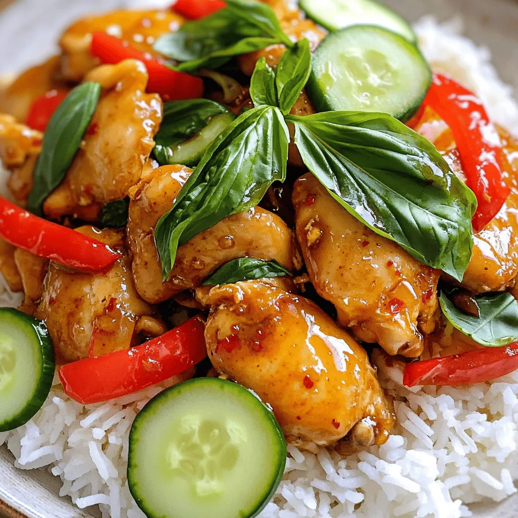 - Chicken: 1 pound boneless chicken thighs, thinly sliced - Aromatics: 4 cloves garlic, minced; 2 Thai bird’s eye chilies, minced - Sauces: 2 tablespoons soy sauce; 2 tablespoons oyster sauce; 1 tablespoon fish sauce; 1 tablespoon brown sugar - Vegetables: 1 red bell pepper, sliced into thin strips; 1 cup fresh Thai basil leaves, packed - Rice: 1 cup jasmine rice; 2 cups water Thai Basil Chicken is a simple dish. I love its bright flavors and quick prep time. Each bite is a mix of savory chicken, fresh herbs, and zesty sauce. The chicken thighs have great flavor and stay juicy. You can use other cuts, but thighs work best. The garlic and chilies add a fragrant kick. Adjust the chilies if you prefer less heat. The sauces are key to this dish. Soy sauce gives umami, while oyster sauce adds depth. Fish sauce brings a salty flavor that complements the sweetness of brown sugar. For vegetables, I use red bell pepper for crunch and color. Fresh Thai basil is the star. It has a sweet, peppery taste that brightens the whole meal. Lastly, the jasmine rice serves as a perfect base. Its fluffy texture balances the dish. Follow the [Full Recipe] to bring all these ingredients together for a delightful meal. First, rinse the jasmine rice. Use cold water until it runs clear. This removes excess starch. If you have a rice cooker, add 1 cup of rice and 2 cups of water. If using a pot, bring the water to a boil. Then, lower the heat and cover. Let it simmer for about 15 minutes. After cooking, rest the rice for 5 more minutes. Finally, fluff the rice with a fork to separate the grains. Next, heat 2 tablespoons of vegetable oil in a large skillet over medium-high heat. Once the oil is hot, add 4 cloves of minced garlic and 2 minced Thai chilies. Sauté them for about 30 seconds. You want them fragrant, not burnt. Now, add the sliced chicken thighs to the skillet. Cook for about 3 to 4 minutes. Stir frequently until the chicken is cooked through and lightly browned. This step adds flavor and texture. Once the chicken is ready, toss in 1 sliced red bell pepper. Then, add 2 tablespoons of soy sauce, 2 tablespoons of oyster sauce, 1 tablespoon of fish sauce, and 1 tablespoon of brown sugar. Stir well and cook for another 2 to 3 minutes. Taste your stir-fry and adjust with salt and pepper if needed. Turn off the heat. Fold in 1 cup of fresh Thai basil leaves. The residual heat will wilt the basil gently. This step enhances the dish with a fresh flavor. To serve, place the jasmine rice in bowls. Top it with the basil chicken stir-fry. For a nice touch, garnish with fresh cucumber slices on the side. You can also add extra chilies for those who like heat. Enjoy your delicious meal! For the full recipe, check out the details above. - Ensuring chicken tenderness: To keep your chicken juicy, avoid overcooking. Stir-fry it just until it turns light brown. This usually takes about 3-4 minutes. Thin slices of chicken cook faster and stay tender. - Adjusting spice levels: Want more heat? Add more bird’s eye chilies. For a milder dish, use less or remove the seeds. Taste as you go. You can always add more spice, but it’s hard to take it away! - Alternatives for sauces: You can swap oyster sauce with hoisin sauce for a different taste. If you want to skip fish sauce, use soy sauce instead. It will change the dish slightly but still be tasty. - Options for rice types: Jasmine rice is great, but you can use basmati or brown rice too. Just remember to adjust the water and cooking time. Brown rice takes longer to cook. - Adding more vegetables: Want to make it healthier? Toss in some broccoli, snap peas, or carrots. They add color and crunch. Just add them in with the bell pepper. - Suggestions for serving sides: Serve your Thai basil chicken with a light salad or spring rolls. They pair well and balance the flavors. Consider offering lime wedges for a fresh kick! For the full recipe, check the complete details and cooking steps to make this delightful dish come alive! {{image_4}} You can switch things up by using shrimp or tofu. If you choose shrimp, use about one pound of peeled shrimp. Cook them for just 2-3 minutes until they turn pink. Tofu is a great option too! Use firm tofu and cut it into cubes. Sauté it until golden brown, which takes about 5-7 minutes. This keeps the dish hearty and fun while catering to different tastes. Do you like it spicy? You can scale the heat up or down easily. Start by adding fewer chilies. You can use just one Thai bird’s eye chili or even swap it for a milder pepper if you prefer. For a fiery punch, try adding more chilies or a dash of chili paste. Experiment with different chilies to find your favorite flavor! Get creative with how you serve this dish! You can make wraps using lettuce cups. Just spoon the chicken mix into the leaves and roll them up. It’s a fun way to eat and adds a crunchy texture. If you want something lighter, try deconstructing it as a salad. Serve the basil chicken over greens, and top with cucumber for a fresh taste. For the complete recipe, check out the Full Recipe section. To keep your Thai Basil Chicken fresh, cool it quickly. You can do this by spreading it out on a plate. This lets the heat escape. Once it reaches room temperature, store it in airtight containers. Glass or plastic containers work well. Make sure to seal them tightly. This keeps out air and moisture. When reheating jasmine rice, add a splash of water. This helps keep it fluffy. You can microwave it covered with a damp paper towel. This will trap steam and prevent dryness. For the chicken, use a skillet over low heat. Stir occasionally to ensure even heating. This method helps retain the chicken's moisture. You can freeze Thai Basil Chicken for later. First, let it cool completely. Then, place it in a freezer-safe container. Seal it well to avoid freezer burn. It’s best to eat it within three months. When you are ready to eat it, thaw it overnight in the fridge. This keeps the flavors intact. Yes, you can prepare Thai Basil Chicken ahead of time. Cook the chicken and store it in the fridge. To reheat, simply warm it in a skillet over medium heat. Add a splash of water or broth to keep it moist. You can also freeze the chicken for later. Just remember to defrost it in the fridge overnight before reheating. Thai Basil Chicken pairs well with various sides. Here are some options: - Steamed jasmine rice - Fresh cucumber salad - Light green salad with lime dressing - Stir-fried vegetables for extra crunch To make this dish gluten-free, use gluten-free soy sauce. For a vegetarian version, replace the chicken with tofu or tempeh. You can also swap the fish sauce for a vegan alternative. Just ensure you keep the flavors balanced. You can use dried basil, but fresh basil has a brighter taste. If you use dried, reduce the amount to one teaspoon. Add it earlier in the cooking process to let the flavors bloom. This article guides you through making Thai Basil Chicken. You learned about the main ingredients like chicken, garlic, and sauces. I shared clear steps for cooking rice and sautéing the chicken. Tips helped you adjust flavors or spice levels. You discovered variations and how to store leftovers. Now, you can enjoy this dish any day! Use the tips to make it yours. Happy cooking!
