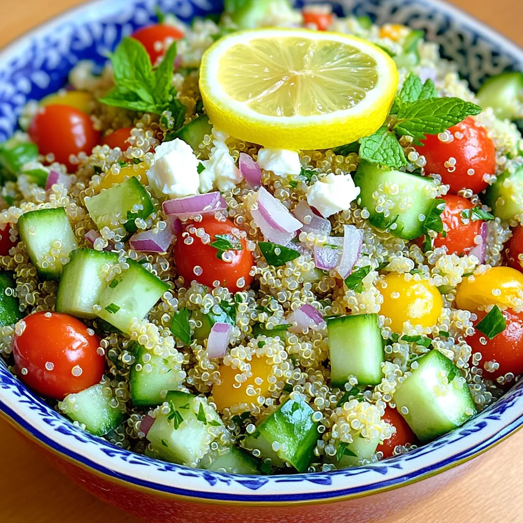 This Lemon Herb Quinoa Salad is fresh and easy to make. You only need a few simple ingredients to create a dish full of flavor. Here are the main ingredients you'll need: - 1 cup quinoa - 2 cups vegetable broth (or water for a lighter flavor) - 1 large cucumber, diced into bite-sized pieces - 1 cup cherry tomatoes, halved for added sweetness - 1/2 red onion, finely chopped for a mild kick - 1 cup fresh parsley, chopped for bright flavor - 1/2 cup fresh mint, chopped for a refreshing touch - 1/4 cup extra virgin olive oil for richness - Juice of 2 lemons for a zesty tang - Salt and pepper to taste - 1/4 cup feta cheese, crumbled (optional for creaminess) Fresh herbs and vegetables give this salad its vibrant taste. The parsley adds a bright flavor, while mint offers a cool note. These herbs make the dish feel light and refreshing. The diced cucumber and halved cherry tomatoes add crunch and sweetness. Together, they create a colorful base that is both pleasing to the eye and palate. If you want to enhance the taste even more, consider adding feta cheese for a creamy texture. You can also swap in other ingredients like avocado or bell peppers for a twist. These options allow you to customize the salad to your liking. To start, rinse 1 cup of quinoa under cold water. Use a fine-mesh sieve. This step removes bitterness. Next, put the quinoa in a medium saucepan with 2 cups of vegetable broth. Bring this mix to a boil. Once boiling, lower the heat. Cover the pot and let it simmer for about 15 minutes. All the liquid should absorb. After that, remove the pot from heat. Let it sit covered for another 5 minutes. Fluff the quinoa gently with a fork. Let it cool to room temperature. In a large mixing bowl, combine the following ingredients: - 1 large cucumber, diced - 1 cup cherry tomatoes, halved - 1/2 red onion, finely chopped - 1 cup fresh parsley, chopped - 1/2 cup fresh mint, chopped This colorful mix makes a great base for the salad. Once mixed, set it aside while you prepare the dressing. In a small bowl, whisk together: - 1/4 cup extra virgin olive oil - Juice of 2 lemons - Salt and pepper to taste Blend until well combined. Once the quinoa has cooled, add it to the bowl with the veggies. Drizzle the dressing over everything. Toss gently until all ingredients are coated. If you like, sprinkle 1/4 cup of crumbled feta cheese on top before serving. Taste the salad and adjust the seasoning as needed. To achieve fluffy quinoa, rinse it well. This removes the bitter outer layer. Use two cups of broth for each cup of quinoa. Cooking it on low heat ensures the grains absorb all the liquid. When done, let it sit covered for five minutes. Fluff it gently with a fork. This lightens the texture and makes it perfect for your salad. The dressing ties everything together. To add a twist, try using lime juice instead of lemon. You can also mix in a teaspoon of honey for sweetness. For a spicy kick, add a pinch of red pepper flakes. Experiment with fresh herbs like dill or basil. They can bring a new layer of flavor to the dish. Presentation matters! Serve your salad in a big bowl to show off the colors. For individual servings, use clear glass jars. They make a fun, portable lunch. Garnish each plate with lemon slices and mint sprigs. This adds visual appeal and a burst of fresh flavor. You can find the Full Recipe above to impress your friends at your next gathering. {{image_4}} You can add protein to your lemon herb quinoa salad. Grilled chicken is a great choice. It adds a nice flavor and makes the salad more filling. Simply grill the chicken, slice it, and mix it in. If you want a plant-based option, add chickpeas. They provide protein and a lovely texture. Rinse and drain a can of chickpeas, then fold them into the salad. This makes it a hearty meal. Switch up the veggies based on what is fresh. In spring, add asparagus or peas for a sweet crunch. In fall, consider roasted sweet potatoes or butternut squash for warmth. You can also use bell peppers for a pop of color. Mixing seasonal vegetables keeps your salad exciting and supports local farmers. It’s a tasty way to enjoy the harvest. Cheese can change the flavor of your salad. Feta cheese adds creaminess and tang. However, you might prefer goat cheese for a richer taste. If you want a dairy-free option, try vegan cheese. It melts well and can add a nice texture. Crumbled cheese or shredded cheese can be sprinkled on top. Choose what fits your taste and dietary needs. Feel free to explore these variations. They can help you make the lemon herb quinoa salad your own. For more ideas, check the full recipe. To keep your Lemon Herb Quinoa Salad fresh, store it in an airtight container. This helps prevent air from making it soggy. Always let the salad cool to room temperature before sealing it. I recommend adding the dressing just before serving. This keeps the salad crisp and bright. In the fridge, your salad stays fresh for about 3 to 5 days. If you notice any change in smell or texture, it's best to toss it out. Always check for signs of spoilage before eating. For the best taste, enjoy it within the first few days. You can freeze Lemon Herb Quinoa Salad, but it changes the texture. If you want to freeze it, leave out the fresh veggies and herbs. Cooked quinoa freezes well for up to 3 months. When ready to eat, thaw it overnight in the fridge. Add fresh veggies and herbs after thawing to bring back the salad's bright flavors. Enjoy the full recipe and discover the joy of this dish! Yes, you can use water instead of broth. Water will make the dish lighter. However, broth adds more flavor. If you want a richer taste, broth is the way to go. It’s a simple switch that can change the taste a lot. Yes, this salad is gluten-free. Quinoa is a gluten-free grain. It’s a great option for those who avoid gluten. You can enjoy this dish without any worries. Just make sure all the other ingredients you use are also gluten-free. You can easily make this salad vegan. Simply leave out the feta cheese. It still tastes great without it. You can also add in some avocado for creaminess. This salad is already full of fresh veggies, making it a healthy choice. For the full recipe, check out the Lemon Herb Quinoa Salad 🥗. This blog post covered how to make a delicious quinoa salad. We looked at the key ingredients, such as fresh herbs and vegetables, and how to mix them well. The step-by-step guide showed how to prepare the quinoa and whip up the dressing. We shared tips to perfect the texture and offered variations for added protein and seasonal swaps. Finally, storage tips help keep your salad fresh. Enjoy making this easy and tasty dish!
