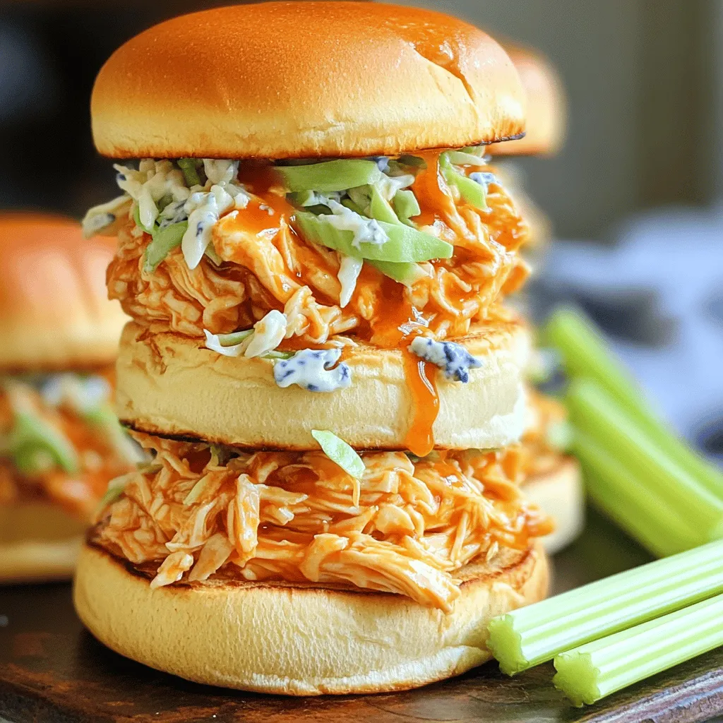 - 1 lb (450g) shredded rotisserie chicken - 1/2 cup buffalo sauce - 1/4 cup ranch dressing - 8 slider rolls - 1/2 cup blue cheese crumbles - 1 cup coleslaw - Olive oil, salt, and pepper to taste - Feta cheese as a substitute for blue cheese - Homemade coleslaw recipe suggestions These ingredients are key for your buffalo chicken sliders. The rotisserie chicken saves you time and adds great flavor. The buffalo sauce gives that spicy kick. You can adjust the heat with the buffalo sauce to suit your taste. Ranch dressing adds creaminess and balances the heat. The slider rolls hold everything together, making them easy to eat. Blue cheese crumbles give a nice tang, while coleslaw adds crunch. If you want a milder taste, you can swap blue cheese for feta. You can also make your own coleslaw for a fresh touch. Use your favorite recipe or try a mix of cabbage and carrots with some mayo. These details make the dish special. For the full recipe, refer to the section above. Start by mixing the shredded chicken with the buffalo sauce. You want to get every piece coated well. Season the mix with salt and pepper. This adds flavor and balances the heat from the sauce. In a small bowl, combine the ranch dressing and blue cheese crumbles. Stir until the blue cheese blends into the ranch. This sauce gives the sliders a tasty and creamy twist. Next, heat a skillet over medium heat. Add a tablespoon of olive oil to the skillet. Once the oil shimmers, add the buffalo chicken mix. Stir occasionally for about 4 to 5 minutes. You want the chicken hot and the flavors mixed. While the chicken cooks, slice the slider rolls in half. Toast them until they turn golden brown. You can use a grill pan or toaster oven for this. Toasting adds a nice crunch and holds the filling better. On the bottom half of each toasted roll, add a generous scoop of the buffalo chicken. Then, add a dollop of your creamy sauce. Top it off with a small handful of coleslaw. This gives your sliders a fresh crunch and great flavor. Finally, cap each slider with the top half of the roll. If you like, cut each slider in half. Serve them with fresh celery sticks for a crisp, tasty side. Enjoy your flavorful Buffalo Chicken Sliders with a Creamy Twist! For the complete recipe, see the [Full Recipe]. To make your Buffalo Chicken Sliders pop, coat the chicken well with buffalo sauce. Use a large bowl for mixing. This helps ensure every piece of chicken gets that spicy kick. If you like it hot, add more buffalo sauce. If you prefer it milder, use less. Buffalo Chicken Sliders pair great with crunchy sides. Try serving them with carrot sticks or sweet potato fries. For a fun twist, add a side of pickles. To make your sliders look even better, arrange them on a colorful platter. Add a small bowl of ranch dressing for dipping. This adds flair and makes it extra delicious. Want to save time? Use rotisserie chicken instead of cooking your own. It’s already cooked and ready to go. This cuts down your prep time, making it easy to whip up these sliders in just 25 minutes. {{image_4}} You can change the heat level of your Buffalo chicken sliders easily. Just adjust the hot sauce. If you want them milder, use less sauce or add some ranch dressing. For a twist, try using BBQ sauce or Sriracha instead of the buffalo sauce. Each option gives a new taste and keeps it fun. Want to make your sliders gluten-free? Just swap the regular slider rolls for gluten-free ones. You can also make a tasty vegetarian version. Use cauliflower or chickpeas instead of chicken. Just mix them with the buffalo sauce, and you're good to go! These options make sure everyone can enjoy the sliders. You can make mini sliders for a fun party snack, or stick with regular-sized sliders for a meal. If you're feeling creative, try making Buffalo chicken flatbreads. Use flatbread instead of slider rolls, and layer the chicken, sauce, and toppings on top. It’s a great way to serve a crowd! For the full recipe, check out the [Full Recipe]. To keep your Buffalo Chicken Sliders fresh, store them in an airtight container. This method helps prevent drying out. Make sure to separate the sliders if you can. This keeps the rolls from becoming soggy. When it comes time to reheat, use an oven. Preheat it to 350°F (175°C). Place the sliders on a baking sheet. Heat for about 10-15 minutes. This method helps keep the rolls crispy and warm. You can also use a microwave for convenience. Just heat them for 30 seconds to 1 minute. However, this may make the rolls soft. You can freeze the sliders for later. To do this, assemble them without the coleslaw. Wrap each slider tightly in plastic wrap. Then, place them in a freezer bag. This way, they keep their flavor and texture better. If you want to freeze just the filling, put it in a freezer-safe container. This option is great if you want to make sliders fresh later. When you're ready to enjoy them, thaw the sliders in the fridge overnight. For the filling, heat it in a skillet until warm. Reassemble the sliders with fresh rolls and coleslaw. This will give you that fresh taste, just like the first time! You can use feta cheese instead of blue cheese. Feta gives a milder taste. Creamy goat cheese works well too. You may also try cheddar cheese for a sharper flavor. Each option brings its own twist to the sliders. Yes, you can prepare Buffalo Chicken Sliders in advance. Cook the chicken mixture and store it in the fridge. You can also toast the rolls ahead. When ready to serve, just heat the chicken and assemble the sliders fresh. This saves time during gatherings. These sliders pair well with crunchy veggie sticks. Carrot and celery sticks are great choices. You can also serve chips or fries on the side. For drinks, try a cold soda or light beer. These options balance the flavors nicely. To boost the heat, add more buffalo sauce. You can stir in hot sauce for extra kick. Another idea is to mix in diced jalapeños. If you like it really spicy, try using spicy ranch instead of regular ranch. This will elevate your sliders! Buffalo chicken sliders are simple, tasty, and fun to make. You start with shredded chicken, mix in buffalo sauce, and layer it with tangy sauce and crunchy coleslaw. You can tweak flavors or make them vegetarian to suit your taste. These sliders are great for any gathering. Store any leftovers well for future snacks. Follow these steps and tips, and you’ll impress everyone with your new dish. Enjoy your slider adventure!