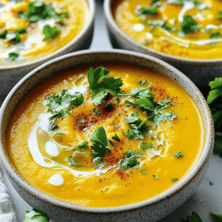 - Pumpkin (3-4 pounds) - Onion (1 large) - Garlic (3 cloves) - Carrots (2, diced) - Vegetable broth (4 cups) - Coconut milk (1 can, 400ml) - Ground cumin (1 teaspoon) - Freshly grated nutmeg (1/2 teaspoon) - Smoked paprika (1 teaspoon) - Olive oil (2 tablespoons) - Salt and black pepper (to taste) When making vegan pumpkin soup, I choose fresh, high-quality ingredients. The pumpkin is the star here. Use a medium pumpkin that weighs about 3-4 pounds. It gives the soup a rich, creamy texture. Next, I chop one large onion. This adds depth to the flavor. I also mince three cloves of garlic for an aromatic kick. Diced carrots (two) add sweetness and color. For liquids, I prefer four cups of vegetable broth. It keeps the soup light and healthy. I also use one can of full-fat coconut milk. This gives the soup a creamy finish. Now let’s talk about spices! Ground cumin (one teaspoon) brings warmth. I add freshly grated nutmeg (half a teaspoon) for a hint of sweetness. Smoked paprika (one teaspoon) adds a lovely smoky flavor. I use two tablespoons of olive oil for sautéing. Finally, I season with salt and black pepper to taste. This combination creates a cozy and comforting soup. You can find the full recipe for this delicious vegan pumpkin soup later. Enjoy cooking! First, peel and seed the pumpkin. Cut it into cubes. Next, chop the onion, carrots, celery, and garlic. This will set you up for success. In a large pot, warm the olive oil over medium heat. Add the chopped onion, diced carrots, and celery. Sauté these aromatics for about 5-7 minutes until they soften. The onion should turn translucent. Then, add the minced garlic, ground cumin, freshly grated nutmeg, and smoked paprika. Stir this mixture for one minute. This helps the spices release their aromas. Now, add the cubed pumpkin to the pot. Pour in the vegetable broth. Increase the heat until it boils gently. Once boiling, reduce the heat to low. Let it simmer for about 20-25 minutes, until the pumpkin is fork-tender. After the pumpkin is soft, use an immersion blender to purée the soup until smooth. If you prefer, you can transfer the soup in batches to a countertop blender. Blend it until smooth and then return it to the pot. Stir in the coconut milk and season with salt and black pepper to taste. Gently heat the soup for another 5 minutes. This allows the flavors to blend. Ladle the soup into bowls while hot. Garnish with fresh parsley or cilantro for added color. For the full recipe, check out the earlier section. To make your vegan pumpkin soup shine, adjust the spices as you taste. Start with the recipe's base, then add more cumin or smoked paprika if you want more warmth. Fresh ingredients matter, too. Use ripe pumpkins and fresh herbs for the best taste. The quality of your veggies can really change the soup. For a creamy soup, blending is key. Use an immersion blender for smoothness. If you prefer a chunkier texture, blend only half. When adding liquid, pour in the vegetable broth slowly. This way, you can control the thickness. If the soup is too thick, add more broth or coconut milk until it feels right. Garnish your soup to make it pop. A drizzle of coconut milk adds a nice touch. A sprinkle of smoked paprika on top can enhance color. Pair your soup with crusty bread or a fresh salad. This makes a cozy meal that feels complete and satisfying. Enjoy your warm bowl of comfort! {{image_4}} You can switch out pumpkin for butternut squash. Butternut squash gives a nice, sweet flavor. Simply peel, seed, and chop it like pumpkin. You can also add other vegetables. Try sweet potatoes, carrots, or even potatoes. These veggies add depth and nutrition. Herbs can make this soup even better. Use thyme or sage for a warm taste. Fresh herbs offer a bright flavor that pairs well with pumpkin. You can also try different spices. A pinch of cinnamon or curry powder can add a fun twist. Experiment and find what you like best! If you want a nut-free soup, skip the coconut milk. Use soy or oat milk instead for creaminess. You can also find low-sodium broth options. This helps if you watch your salt intake. Remember, you can customize the soup to fit your needs. Just think about what works for you! [Full Recipe] Store your vegan pumpkin soup in an airtight container. This helps keep it fresh. Place it in the fridge as soon as it cools. It can last up to five days. For the best taste, eat it within three days. To freeze the soup, let it cool completely first. Then, pour it into freezer-safe containers. Leave some space at the top for expansion. The soup can stay frozen for up to three months. When you're ready to eat, thaw it in the fridge overnight. To reheat, warm it on the stove over low heat. Stir well to mix any separated ingredients. Consume the soup within five days if stored in the fridge. If frozen, try to eat it within three months for the best flavor. Signs that the soup has gone bad include an off smell, discoloration, or mold. If you notice any of these, it’s best to discard it. Yes, you can make this soup ahead of time. Just follow these tips: - Prepare the soup and let it cool. - Store it in an airtight container. - Keep it in the fridge for up to three days. - Reheat it on the stove or in the microwave. If you want an alternative to coconut milk, try these options: - Almond milk for a lighter taste. - Cashew cream for a rich, creamy texture. - Soy milk for a similar consistency. These choices still keep the soup delicious and vegan. Vegan Pumpkin Soup stays fresh in the fridge for about three to five days. Make sure it is in a sealed container. Check for any signs of spoilage before eating. Yes, this Vegan Pumpkin Soup is gluten-free. All the ingredients used, like pumpkin and vegetable broth, do not contain gluten. Always double-check your broth label to ensure it is safe. To add some heat to your soup, try these ideas: - Add a pinch of cayenne pepper. - Stir in some red pepper flakes. - Dice fresh jalapeños for a spicy kick. These options will give your soup a nice warmth. Pumpkin is a true superfood with many health perks: - It is low in calories but high in fiber. - Packed with vitamins A and C for good vision and skin. - Full of antioxidants that help fight free radicals. Including pumpkin in your diet supports overall health and wellness. In this post, we explored the key ingredients for a flavorful vegan pumpkin soup. We covered the steps needed, from preparation to blending. Tips ensured your soup has the best flavor and consistency. You also learned variations and storage methods to keep your soup fresh. With these insights, you can create a deliciously healthy dish. Enjoy making this soup for yourself and others!