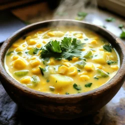 Here’s what you need for your creamy corn chowder: - 4 cups fresh corn kernels (or 3 cups frozen corn if fresh is unavailable) - 2 medium potatoes, peeled and diced - 1 medium onion, finely chopped - 2 cloves garlic, minced - 1 green bell pepper, diced - 4 cups vegetable broth - 1 cup heavy cream (or canned coconut milk for dairy-free) - 2 tablespoons extra virgin olive oil - 1 teaspoon smoked paprika - 1 teaspoon dried thyme - Salt and pepper to taste - Fresh cilantro or parsley for garnish Gather these ingredients before you start cooking. Fresh ingredients make a big difference in flavor. Don't worry if you can't find fresh corn; frozen corn works just as well. The same goes for potatoes. You can use any type you like. Just make sure they are diced small for even cooking. The heavy cream adds richness, but you can swap it with coconut milk if you want a dairy-free option. Keep the smoked paprika and thyme handy. They will give your chowder a warm, inviting flavor. Finally, grab some cilantro or parsley for garnish. It adds a nice pop of color and freshness to your dish. This creamy corn chowder is not just tasty; it's nourishing too. It warms you up and fills you up. For the full recipe, check out the details above. Start by warming the olive oil in a large pot over medium heat. When the oil shimmers, add the finely chopped onion and diced green bell pepper. Sauté them for about 5 minutes. You want the onion to turn soft and clear. Next, add the minced garlic and sprinkle in the smoked paprika. Stir this mix for 1-2 minutes until you smell the garlic’s aroma. Now it’s time to add the heart of the chowder. Toss in the diced potatoes and corn. Mix them well, ensuring they are evenly spread in the pot. Pour in 4 cups of vegetable broth and add the dried thyme. Turn up the heat until it starts to gently boil. Once it boils, lower the heat, cover the pot, and let it simmer for 15-20 minutes. You want the potatoes to be fork-tender. After the simmering time, check the potatoes. They should be soft enough to pierce easily with a fork. Use an immersion blender to puree half of the chowder. This gives you that creamy texture while keeping some chunks. If you don’t have an immersion blender, carefully pour half of the chowder into a regular blender. Blend it until smooth, then return it to the pot. Now for the best part! Slowly stir in the heavy cream or coconut milk. Let the chowder warm gently for about 5 minutes. As it heats, taste it and adjust the seasoning with salt and pepper as needed. When ready, serve the chowder hot in bowls. Don’t forget to garnish with fresh cilantro or parsley for a bright, fresh finish. For the full recipe, refer to the earlier section. To get that smooth and creamy texture, you can use an immersion blender. It lets you blend right in the pot. If you don't have one, a regular blender works too. Just be careful when transferring hot chowder. To avoid over-blending, blend only half of the chowder. This keeps some chunks, adding texture. Spices can really boost the taste of corn. Try using smoked paprika; it adds a nice depth. Dried thyme pairs well too, bringing out the corn's sweetness. For garnishing, fresh cilantro or parsley adds color and freshness. You can even sprinkle some crispy bacon bits on top for extra crunch. Checking potatoes for doneness is simple. Use a fork; if it goes in easily, they are ready. Always taste as you cook. Adjust the salt and pepper to match your preference. This step can make a big difference in your chowder's flavor. Enjoy your cooking process! For the full recipe, check out the detailed steps above. {{image_4}} You can boost your chowder with protein. Adding bacon brings a smoky taste. Cook it until crispy, then crumble it into the soup. Sausage works well too; just slice it up and cook it with the veggies. For a vegetarian option, try adding beans or tofu. Beans add fiber and nutrients, while tofu soaks up flavors. Both options make the chowder hearty without meat. Add more veggies to your chowder for color and taste. Carrots, celery, or zucchini can enhance the flavor. They also add nutrients. Different potatoes can change the taste too. Use sweet potatoes for a hint of sweetness, or red potatoes for a firmer texture. Each type of potato gives a unique twist to your chowder. If you want a lighter option, try dairy-free substitutes. Canned coconut milk gives a rich, creamy texture. Almond or oat milk can also work well, but may be thinner. Experiment with these nut milks to find what you like best. Adjust the amount to get the creaminess you desire. To keep your creamy corn chowder fresh, use these tips: - Refrigeration: Cool the chowder to room temperature before storing. Place it in an airtight container. It will stay good for about 3-4 days in the fridge. - Freezing: If you want to save it longer, you can freeze it. Pour the cooled chowder into freezer-safe containers, leaving some space at the top. It can last for about 2-3 months in the freezer. When you want to enjoy it later, here’s how to defrost: - Move the container from the freezer to the fridge, letting it thaw overnight. - For faster defrosting, place the container in cold water for a few hours. Reheating your chowder is easy, and I have some great methods: - Stovetop: Pour the chowder into a pot over low heat. Stir it often to heat evenly. - Microwave: Place it in a microwave-safe bowl. Heat in 1-minute bursts, stirring in between to avoid hot spots. To ensure your chowder stays creamy, follow these tips: - Add Liquid: If the chowder thickens too much, stir in a little broth or cream while reheating. - Gentle Heat: Avoid high heat to keep the cream from separating. Now you can enjoy your creamy corn chowder whenever you want! Yes, you can use frozen corn. It tastes great and has a similar texture. Frozen corn is also convenient. Just add it directly to your chowder without thawing. The sweet flavor and crunch remain intact, making your chowder just as delicious. If your chowder is too thin, try a few easy methods. You can add more potatoes and let them cook down. Another option is to mix a bit of cornstarch with water and stir it in. This will help thicken the chowder quickly. Lastly, blending a portion of the chowder can give it a creamier texture without extra ingredients. If your chowder is too salty, don’t worry! You have some simple fixes. Add diced potatoes to absorb some saltiness. Cook them in the chowder until soft, then remove them. Another way is to add more cream or coconut milk. This balances the flavors and makes it creamy. This blog post showed you how to make a delicious corn chowder from scratch. We covered the main ingredients and easy steps to prepare the dish. I shared tips for achieving the perfect creaminess and flavor. You also learned how to store and reheat leftovers. Try different variations to make this chowder your own. Enjoying homemade soup can be fulfilling and fun. Remember to taste as you go and adjust to your liking. A little creativity goes a long way in the kitchen!
