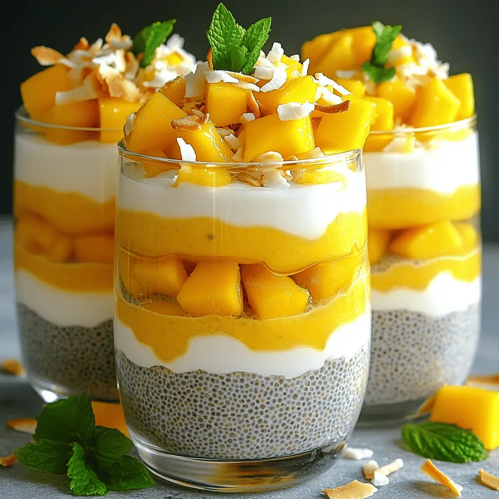 Here’s what you need to make Coconut Mango Chia Pudding. Each ingredient plays a key role in creating that creamy, delightful treat. - 1 cup full-fat coconut milk - 1/2 cup unsweetened almond milk - 1/4 cup chia seeds - 2 tablespoons maple syrup (or honey, depending on your preference) - 1 ripe mango, diced into small cubes - 1 teaspoon pure vanilla extract - A pinch of sea salt - Toasted coconut flakes (for garnish) - Fresh mint leaves (for garnish) Coconut milk gives a rich base, while almond milk adds a light touch. Chia seeds are the magic that thickens this pudding. Sweeteners like maple syrup or honey enhance the flavor, and ripe mango adds a burst of sweetness. Vanilla extract adds depth, and sea salt balances the taste. For garnish, toasted coconut flakes and mint leaves bring extra flair. You can find the full recipe and step-by-step instructions to make this creamy delight easily. Enjoy the process and let the flavors shine! - Combining the coconut milk and almond milk Start by pouring 1 cup of full-fat coconut milk and 1/2 cup of unsweetened almond milk into a medium bowl. The mix of these two milks gives the pudding a rich and creamy taste. - Mixing in the sweetener and salt Add 2 tablespoons of maple syrup or honey, depending on what you like. Don't forget to include a pinch of sea salt. Stir well until everything blends nicely. The sweetener balances the creamy flavors. - Adding chia seeds and ensuring even distribution Gradually pour in 1/4 cup of chia seeds. Stir continuously as you add them. Make sure the seeds spread evenly in the mixture. This step is key; it helps create that thick pudding texture. - Covering and refrigerating the mixture Cover the bowl tightly with plastic wrap or pour the mixture into mason jars. Place them in the fridge for at least 4 hours, or better yet, overnight. This allows the chia seeds to absorb the liquid, thickening your pudding to perfection. - Stirring before serving When you’re ready to enjoy your pudding, give it a good stir. This helps to bring back that smooth texture after chilling. - Layering in bowls or glasses Spoon the pudding into individual bowls or clear glasses. Layer diced mango on top for a vibrant look. This not only adds flavor but also makes it visually appealing. - Garnishing for presentation For the final touch, sprinkle toasted coconut flakes and add fresh mint leaves on top. This not only enhances the look but adds a refreshing aroma. For the full recipe, check the detailed instructions above. Enjoy your creamy and delightful coconut mango chia pudding! To get the right texture, refrigeration time is key. The chia seeds need time to soak up the liquids. I recommend letting the mixture chill for at least four hours. For the best results, leave it overnight. This helps the seeds expand and creates a thick pudding. Stirring is also important. After the initial mixing, give it a good stir before serving. This helps break up any clumps that may form. A smooth texture makes the pudding more enjoyable. To boost the flavor, think about adding spices. A touch of cinnamon or nutmeg can add warmth. Start with a small amount, then taste and adjust. You can also experiment with other spices like cardamom for a unique twist. Choosing the right mango is crucial. A ripe mango should feel slightly soft and have a sweet smell. Look for vibrant color, which indicates ripeness. Diced ripe mango adds freshness and flavor to your pudding. The sweet, juicy mango pairs perfectly with the creamy coconut. For the Full Recipe, remember to follow the steps carefully for the best outcome. {{image_4}} You can change up the milk in this recipe for coconut mango chia pudding. If you want a plant-based option, try using oat milk or soy milk instead of coconut and almond milk. These alternatives still provide a creamy texture and a great taste. For those who prefer dairy, whole milk or heavy cream will add a rich creaminess. Just remember that the choice of milk can change the flavor a bit. Toppings make your chia pudding even more fun and tasty. You can switch out the mango for other fresh fruits like strawberries, blueberries, or kiwi. They add color and flavor. For some crunch, think about adding nuts or granola on top. These toppings can give your pudding a nice texture contrast. You can mix and match until you find your favorite combination! To keep your coconut mango chia pudding fresh, use glass containers or mason jars. These help seal in flavor and keep out air. Make sure the lids fit tightly. In the fridge, this pudding lasts up to five days. Just check for any off smells or changes in texture before eating. Can you freeze coconut mango chia pudding? Yes, you can! Freezing is an option if you want to save some for later. However, the texture may change once thawed. To properly thaw, place the pudding in the fridge overnight before serving. This slow thaw keeps it creamy and smooth. Stir it well before enjoying, and add fresh mango or toppings if you like. How to make coconut mango chia pudding vegan? To make this pudding vegan, use maple syrup as your sweetener. It is plant-based. Ensure you use coconut milk and almond milk, which are also vegan-friendly. This keeps your dish creamy and delicious. What are the health benefits of chia seeds? Chia seeds are tiny powerhouses. They are rich in fiber, protein, and omega-3 fatty acids. Eating chia seeds can help with digestion and keep you full longer. They are also great for heart health and can boost energy. Can I use frozen mango in the recipe? Yes, you can use frozen mango! Just thaw it first and chop it into small pieces. Frozen mango is just as tasty and can be a great option. It adds a nice chill to your pudding. Is it necessary to let chia pudding sit overnight? While it is not strictly necessary, letting it sit overnight helps the seeds absorb more liquid. This creates a thicker and creamier pudding. If you are in a hurry, 4 hours will still work, but overnight is best. How can I adjust sweetness in the recipe? You can change the sweetness by adding more or less maple syrup or honey. Taste it before serving to make sure it’s to your liking. You can also add a bit of stevia or agave syrup for a different sweet flavor. For the full recipe, check the details above! This blog post covered how to make delicious coconut mango chia pudding. We explored tasty ingredients, step-by-step instructions, and tips for the best texture. You can choose different milks and toppings, making this treat your own. Proper storage will keep your pudding fresh, and you can even freeze it for later. Enjoy experimenting with flavors and textures. Simple tweaks can turn this dish into a unique favorite. Enjoy every bite.