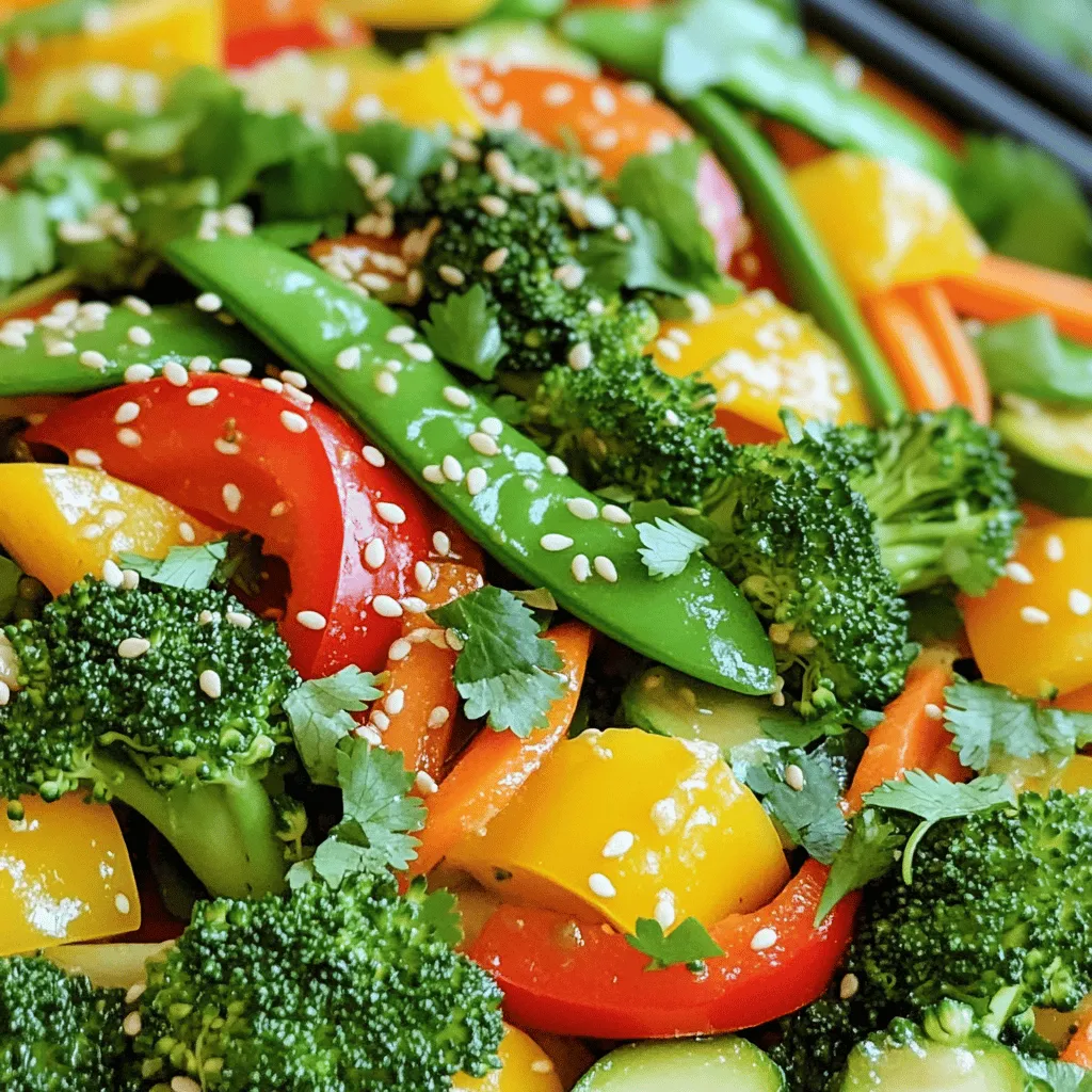 For a great stir fry, you need fresh veggies. Here is what I use: - 1 cup broccoli florets - 1 red bell pepper, sliced into thin strips - 1 yellow bell pepper, sliced into thin strips - 1 cup snap peas, ends trimmed - 1 carrot, julienned (cut into thin matchsticks) - 1 zucchini, sliced into half-moons The right seasonings and oils bring the dish to life. I recommend: - 3 cloves garlic, minced - 1 tablespoon fresh ginger, grated - 3 tablespoons soy sauce (or tamari for gluten-free) - 1 tablespoon sesame oil - 1 tablespoon olive oil - 1 teaspoon honey or maple syrup (optional for sweetness) Garnishes add color and flavor. These are my favorites: - 1 tablespoon sesame seeds (for garnish) - Fresh cilantro or finely chopped green onions (for garnish) Check out the Full Recipe for a complete guide! Start by washing all your veggies well. This step keeps them clean and fresh. Chop your broccoli into small pieces. Slice the red and yellow bell peppers into thin strips. Julienning the carrot means cutting it into matchstick shapes. Don't forget to slice the zucchini into half-moons and trim the ends off the snap peas. Make sure to prepare each ingredient before cooking. This method makes your stir-fry easier and quicker. Heat a large wok or non-stick skillet on medium-high heat. Add olive oil first. Wait until it shimmers, and then pour in sesame oil. This mix gives your dish a wonderful taste. Next, toss in minced garlic and grated ginger. Sauté them for about 30 seconds. Stir constantly to avoid burning. After that, add the chopped broccoli and julienned carrots. Stir-fry these for 2-3 minutes as they take longer to soften. Once they are slightly tender, add the bell peppers, zucchini, and snap peas. Keep stirring for another 3-4 minutes. You want the vegetables to stay colorful and crisp. Finally, drizzle soy sauce over the veggies. If you like it sweet, add honey or maple syrup now. Mix everything well and let it cook for an extra minute to blend the flavors. Take the wok off the heat. Transfer your colorful stir-fry to a serving platter. Top it off with sesame seeds for a nice crunch. You can also add fresh cilantro or chopped green onions for extra flavor. Enjoy your easy veggie stir fry right away! For the complete recipe, check out the Full Recipe. To keep veggies crisp, cook them in stages. Start with hard vegetables like broccoli and carrots. These take longer to soften. After a few minutes, add softer veggies like bell peppers and zucchini. This way, all your veggies stay bright and crunchy. For extra taste, try adding some nuts or seeds. Cashews or almonds add crunch. You can also toss in some sliced green onions. They bring a fresh zing. If you like spice, add red pepper flakes or sriracha for heat. Always taste as you go to find your perfect flavor. Prep all your ingredients first. Chop, slice, and measure before cooking. This saves time and keeps you organized. Use a large pan or wok. It gives you space to stir without spilling. Cook on high heat for quick results. This keeps your veggies vibrant and full of life. {{image_4}} You can mix and match various vegetables in your stir fry. Try using bok choy, bell peppers, or mushrooms for new flavors. You can also add leafy greens like spinach or kale. Each veggie brings its unique taste and texture. Don't be afraid to experiment with what's in your fridge! Adding protein makes your stir fry heartier. Tofu is a great choice for a meatless meal. Simply cube it and sauté until golden. If you prefer meat, chicken works well too. Slice it into thin strips and cook it first. You can also use shrimp or beef for a protein-packed dish. Soy sauce is classic, but you can explore different sauces. Try teriyaki or hoisin sauce for sweetness. You can also add sriracha for some heat. Consider using coconut aminos for a soy-free option. Mix and match to find your favorite flavor profile, and be creative with your seasoning! Store leftover veggie stir fry in an airtight container. It stays fresh for up to 3 days. Keep it in the fridge to maintain its taste and crunch. When you're ready to eat, check for any signs of spoilage before reheating. You can freeze stir fry, but it's best to do so without sauce. Place cooled stir fry in a freezer-safe bag. Remove as much air as possible to prevent freezer burn. It can last up to 3 months in the freezer. When you're ready to eat, thaw it overnight in the fridge. Reheat your stir fry in a skillet over medium heat for even warmth. Add a splash of water or soy sauce to prevent it from drying out. Stir frequently until heated through. You can also use a microwave; just cover the dish to keep moisture in. Heat for 1-2 minutes, checking often. For best results, enjoy right away! Yes, you can use frozen vegetables for stir fry. They are handy and save time. Just remember, they may cook faster than fresh veggies. Add them to the pan straight from the freezer. This helps keep them crisp. Cutting veggies for stir fry should be quick and simple. Aim for uniform pieces. This ensures even cooking. For example, slice bell peppers into thin strips, and cut broccoli into bite-sized florets. Julienne carrots into thin sticks. Keep your cuts consistent. To avoid soggy stir fry, follow these tips: - Make sure your pan is hot before adding vegetables. - Don’t overcrowd the pan. Cook in batches if needed. - Add harder vegetables first. They need more time to soften. - Stir-fry quickly over high heat to keep the veggies crisp. These steps will help you achieve that perfect crunch! For more tips and a full recipe, check out the Colorful Veggie Wonderland Stir Fry. This blog post covered the key steps to a perfect veggie stir fry. You learned about fresh ingredients, seasonings, and tips to avoid soggy veggies. We discussed easy cooking methods and ways to make your dish unique with different proteins and sauces. I shared how to store your stir fry for later enjoyment. Remember, customizing your stir fry is part of the fun. With practice, you’ll make a dish your family loves every time. Get cooking and enjoy your delicious meals!