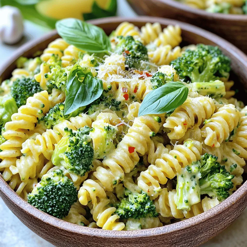 For creamy broccoli pasta, you need: - 300g whole wheat pasta (fusilli or penne) - 200g fresh broccoli florets - 1 cup heavy cream - 1 cup freshly grated Parmesan cheese - 2 cloves of garlic, finely minced - 2 tablespoons extra virgin olive oil - Sea salt and freshly cracked black pepper - 1 teaspoon of freshly grated lemon zest - 1/4 teaspoon red pepper flakes (optional) - Fresh basil leaves, for garnish These ingredients form a rich and flavorful dish. The whole wheat pasta adds fiber. Fresh broccoli gives a nice crunch and bright color. Heavy cream makes the sauce smooth and creamy, while Parmesan cheese adds a savory depth. If you prefer a dairy-free option, you can use: - 1 cup coconut cream or cashew cream - Nutritional yeast instead of Parmesan for a cheesy flavor These substitutes keep the dish creamy while catering to different diets. Coconut cream adds a subtle sweetness, while cashew cream offers a rich texture. Nutritional yeast gives a cheesy taste without dairy. To customize your creamy broccoli pasta, consider adding: - Grilled chicken or shrimp for protein - Cherry tomatoes for a burst of color - Pine nuts for crunch These options allow you to elevate your dish. Adding protein makes it heartier, while tomatoes provide a fresh contrast. Pine nuts add a nice texture and flavor twist. You can check the Full Recipe for more ideas! First, fill a large pot with water and add salt. Bring this water to a boil. You want it bubbling fast. Next, add 300g of whole wheat pasta. Cook it for the time on the package until it’s al dente. When there are three minutes left, toss in 200g of fresh broccoli florets. This keeps the broccoli bright and tender. After draining the pasta and broccoli, save 1 cup of the pasta water for later. While your pasta cooks, grab a large skillet. Heat 2 tablespoons of extra virgin olive oil over medium heat. Once it’s hot, add 2 finely minced garlic cloves. If you like spice, add a pinch of red pepper flakes here. Sauté the garlic for about one minute. Stop when it smells great but before it turns brown. Brown garlic can taste bitter. Turn the heat to low. Slowly pour in 1 cup of heavy cream. Stir gently as you add it. Now, sprinkle in 1 cup of freshly grated Parmesan cheese. Keep stirring until the cheese melts into the cream. If it’s too thick, add some of that reserved pasta water. Do this little by little until your sauce is just right. Now, it’s time to mix! Add the drained pasta and broccoli to the skillet. Toss everything together. Make sure the creamy sauce coats each piece of pasta and broccoli. Taste your dish and season it with sea salt, black pepper, and a teaspoon of grated lemon zest. This adds a fresh zing that brightens the whole dish. Enjoy your creamy broccoli pasta as a quick and simple delight! For the full recipe, check the previous section. To make a great sauce, start with fresh ingredients. Use high-quality heavy cream. This step gives a rich taste. When you add Parmesan, do it slowly. Stir continuously to get a smooth blend. If it gets too thick, add some pasta water. This helps thin it out and adds flavor. Cooking pasta is simple but needs attention. Use plenty of water and salt. Bring it to a boil before adding the pasta. Follow the package directions for cooking time. Test the pasta a minute before the time is up. It should be al dente—firm but cooked. Add broccoli three minutes before finishing. This way, both cook perfectly. Add zest to your dish with lemon and herbs. Fresh lemon zest brightens the sauce. You can also try red pepper flakes for spice. Fresh basil makes a lovely garnish. It not only looks good but adds a nice taste too. Adjust salt and pepper to fit your liking. Don't forget to taste as you go! For the full recipe, check out Creamy Broccoli Pasta Delight. {{image_4}} You can easily make creamy broccoli pasta vegetarian. Just skip any meat and use vegetable broth instead of water. This broth adds extra flavor to the dish. You can also toss in other veggies like bell peppers or spinach. These choices make your meal colorful and healthy. Want more protein? Add grilled chicken or shrimp to your creamy broccoli pasta. Cook the meat separately and mix it in before serving. This way, you get a hearty meal that fills you up. You can also try adding cooked chickpeas for a plant-based option. For gluten-free creamy broccoli pasta, choose gluten-free pasta. There are many kinds, like rice or lentil pasta. Check the package to make sure it's gluten-free. You can also use zucchini noodles for a low-carb twist. This keeps the dish light and fresh without losing flavor. For the full recipe, be sure to check out the Creamy Broccoli Pasta Delight! You can store leftover creamy broccoli pasta in an airtight container. Keep it in the fridge for up to three days. Make sure it cools down before sealing. This helps keep the pasta fresh and tasty. If you want to save some for later, freezing is a good option. Place the pasta in a freezer-safe container. It can last up to two months in the freezer. When freezing, leave some space at the top for expansion. This prevents the container from breaking. To reheat, first, thaw the pasta overnight in the fridge. Then, warm it in a skillet over low heat. Add a splash of water or cream to keep it creamy while reheating. Stir gently to avoid burning. You can also microwave it in short bursts, stirring in between. Enjoy your creamy broccoli pasta just like fresh! To make creamy broccoli pasta vegan, swap heavy cream for a dairy-free cream. You can use coconut cream or cashew cream. For cheese, try nutritional yeast or a vegan cheese alternative. This keeps the flavors rich and creamy without dairy. Yes, you can use frozen broccoli for this recipe. Just cook it according to the package instructions before adding it to the pasta. Frozen broccoli is often pre-blanched, so it will cook faster. This saves time and keeps the dish quick and easy. Creamy broccoli pasta pairs well with a side salad or garlic bread. You can also serve it with grilled chicken or shrimp for added protein. This makes a complete meal that is satisfying and delicious. To adjust the creaminess, add more or less heavy cream. If the sauce is too thick, mix in some reserved pasta water. For a lighter sauce, reduce the cream and add vegetable broth instead. This gives you control over the texture and richness of the dish. For the full recipe, check out the detailed instructions above. This post covered how to make creamy broccoli pasta. We discussed key ingredients, including dairy alternatives and tasty options. I shared steps for cooking pasta and making the sauce. You learned tips for perfecting your sauce and cooking pasta just right. Variations can fit any diet, like vegetarian or gluten-free options. I also provided storage methods to keep your meal fresh. Remember, you can customize this dish to match your tastes. Enjoy your cooking journey!