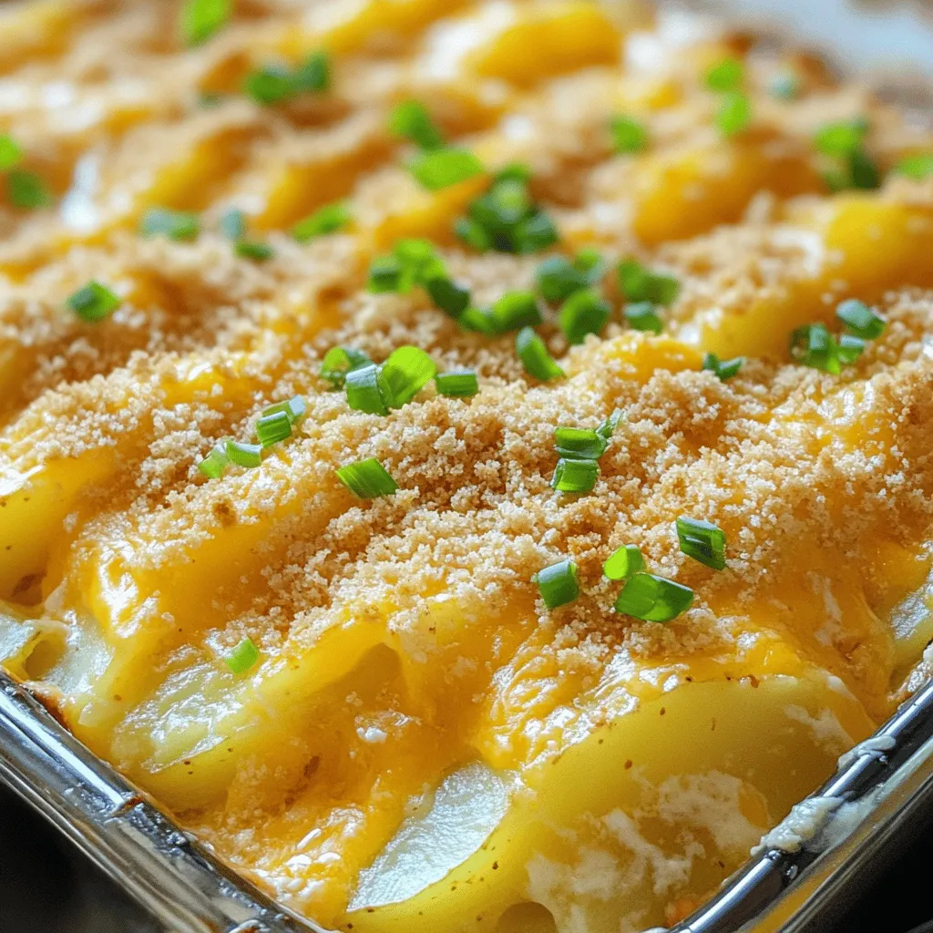 - 4 large russet potatoes, peeled and sliced - 2 cups shredded sharp cheddar cheese - 1 cup sour cream - 1 cup whole milk - 1/2 cup unsalted butter, melted When making a cheesy potato casserole, you need quality ingredients. I choose russet potatoes for their great texture and flavor. They become soft and creamy as they bake. Sharp cheddar cheese adds a rich taste. Sour cream and milk create a creamy texture. Lastly, melted butter brings everything together. - 1 teaspoon garlic powder - 1 teaspoon onion powder - 1/2 teaspoon freshly ground black pepper - 1 teaspoon salt - 1 cup breadcrumbs (for topping) - 1/4 cup grated Parmesan cheese (for topping) Seasoning is key in this dish. Garlic powder and onion powder give a nice depth of flavor. Salt and pepper enhance the taste of the potatoes. For the topping, breadcrumbs and Parmesan cheese add a crunchy, golden layer that everyone loves. - 1/2 cup green onions, finely chopped - Fresh parsley - Dollops of sour cream Garnishes add a pop of color and freshness. Green onions or parsley brighten the dish. A dollop of sour cream on top adds extra creaminess. These simple touches make your casserole look and taste amazing. For the full details, check the Full Recipe. - Preheat the oven to 375°F (190°C). - Lightly grease a 9x13 inch baking dish with cooking spray or butter. - In a large bowl, whisk together: - 1/2 cup melted butter - 1 cup sour cream - 1 cup whole milk - 1 teaspoon garlic powder - 1 teaspoon onion powder - 1 teaspoon salt - 1/2 teaspoon black pepper - Mix until smooth and creamy. - Arrange half of the sliced potatoes in the baking dish. - Pour half of the creamy sauce over the potatoes. - Sprinkle 1 cup of shredded cheddar cheese on top. - Repeat the layers with remaining potatoes, sauce, and cheese. - Cover the dish tightly with foil and bake for 45 minutes. - After 45 minutes, remove the foil. - Sprinkle 1 cup of breadcrumbs and 1/4 cup of grated Parmesan cheese on top. - Bake uncovered for another 15-20 minutes until golden brown. - Once baked, sprinkle chopped green onions on top. - Let the casserole cool for about 10 minutes before slicing. For the complete recipe, check out the Full Recipe. For even cooking, slice your potatoes thin. Aim for about 1/8 inch thick. This size ensures they cook through without being mushy. When you layer the potatoes, spread them evenly in your dish. This helps the heat circulate well. After baking, let your casserole sit for ten minutes. This resting time helps it set. It makes serving easier and keeps it from falling apart. You can adjust the flavors to your taste. Try adding more garlic powder for a stronger taste. If you love cheese, mix in different types. Gruyère or Monterey Jack can add a twist. Want to sneak in veggies? Add cooked broccoli or spinach. These add color and nutrition. Just chop them small so they blend well with the potatoes. Cheesy potato casserole pairs great with many dishes. Serve it alongside grilled chicken or a hearty salad. It can also work as a side for a holiday feast. For a fun twist, add a dollop of sour cream on top. It adds creaminess and balances the flavors. You can find the full recipe [here](#). {{image_4}} You can make this dish a bit healthier. Instead of sour cream, try Greek yogurt. It adds creaminess and protein. You can also swap out some cheese and butter. Use low-fat cheese or a dairy-free option if you prefer. For butter, consider using olive oil or avocado oil. These swaps keep your casserole tasty while cutting down on fat. Want to change up the taste? Add herbs like rosemary or thyme. These herbs bring fresh flavors. You can also use different cheeses. Try mozzarella for a stretchy texture or gouda for a smoky taste. Mixing cheese types adds depth and fun to the dish. If you love meat, why not add some? Cooked bacon, ham, or ground beef makes the casserole heartier. Just layer it with the potatoes and sauce. This will give you a filling meal that pleases everyone. It’s a great way to make the dish even more satisfying. For the full recipe and more ideas, check out the [Full Recipe]. To keep your cheesy potato casserole fresh, let it cool first. Then, scoop the leftovers into a container. Use an airtight container to prevent moisture loss. For short-term storage, place it in the fridge. It will last for about 3 to 5 days. If you want to keep it longer, freeze the casserole. Use freezer-safe containers or heavy-duty aluminum foil. It can last up to 2 months in the freezer. To enjoy your casserole again, reheat it in the oven. Preheat your oven to 350°F (175°C). Place the casserole in an oven-safe dish. Cover it with foil to keep it moist. Heat for about 20 to 30 minutes, or until warmed through. If you prefer the top to be crispy, remove the foil for the last 10 minutes. Avoid using a microwave, as it may make the potatoes soggy. Enjoy that creamy, cheesy goodness just like the first time! You can serve many dishes with Cheesy Potato Casserole. Here are some great options: - Green salad: A fresh salad gives a nice crunch. - Grilled chicken: This adds protein and balances the meal. - Steamed vegetables: Broccoli or green beans work well. - Roast beef: It pairs nicely with the creamy potatoes. - Baked fish: A light option that complements the dish. These sides help create a complete and tasty meal. Yes, you can prepare Cheesy Potato Casserole ahead of time. Here are some tips: - Assemble the casserole: Layer the ingredients in the dish but do not bake. - Cover tightly: Use plastic wrap or foil to keep it fresh. - Refrigerate: Store it in the fridge for up to 24 hours. - Bake when ready: Just add a few extra minutes to the baking time. This method saves you time on busy days. To check if your casserole is done, look for these signs: - Golden brown topping: The breadcrumbs should be crispy. - Tender potatoes: Insert a fork; it should slide in easily. - Bubbling edges: You’ll see the sauce bubbling around the sides. These signs mean your casserole is ready to enjoy. Cheesy Potato Casserole can be made gluten-free. To do this: - Use gluten-free breadcrumbs: Many brands offer this option. - Check the cheese: Most cheese is gluten-free but read labels. - Avoid cross-contamination: Keep all tools and surfaces clean. Making these adjustments allows everyone to enjoy this delicious dish. For the full recipe, check the link provided. Cheesy Potato Casserole is a simple and tasty dish. You’ve learned about the main ingredients, which include russet potatoes, cheddar cheese, and other creamy elements. I shared step-by-step instructions to make it easy for you. Remember to let it sit after baking for the best texture. You can adjust flavors, try new cheeses, or add meat for a fun twist. Store leftovers properly to enjoy them later. Now, you can create this dish and impress everyone at the table! Enjoy making it your own.