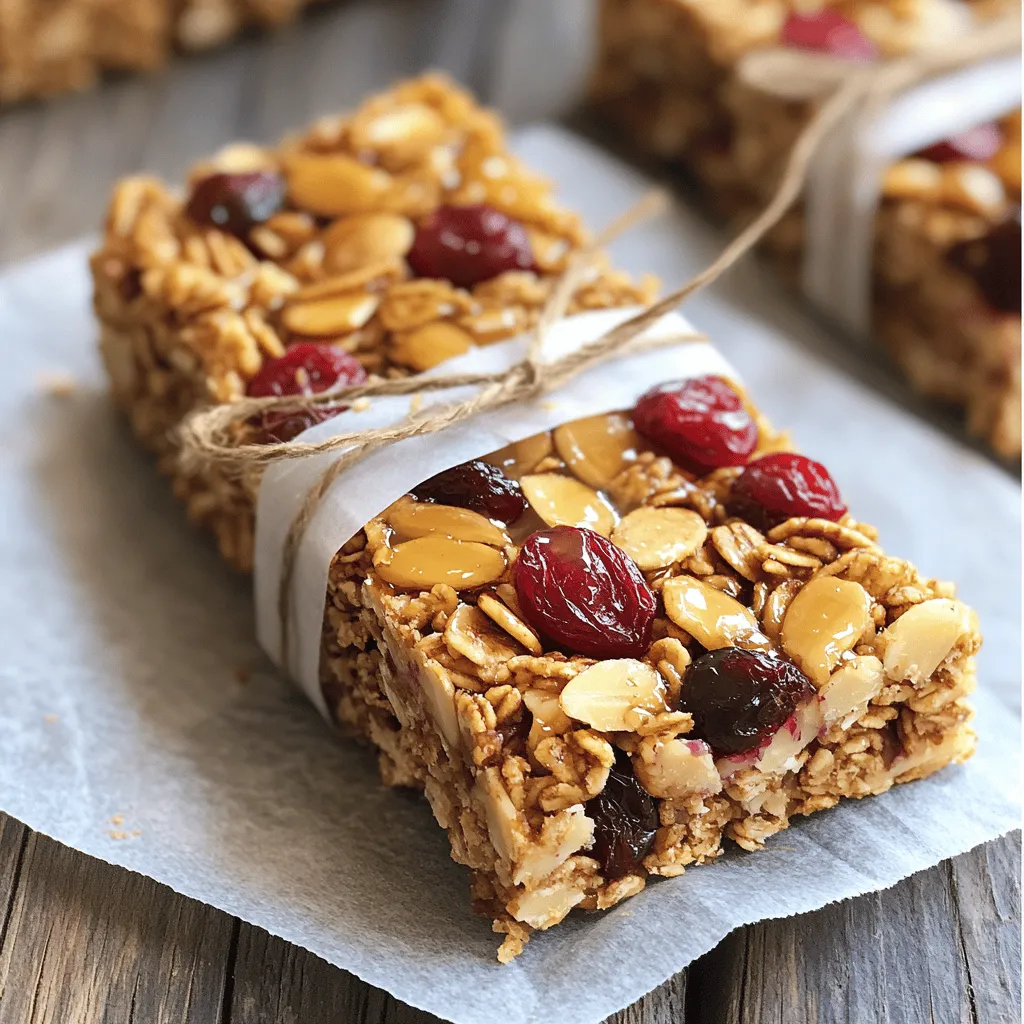 To make these tasty cherry almond granola bars, gather these essential ingredients: - 2 cups rolled oats - 1 cup almonds, coarsely chopped - 1 cup dried cherries, roughly chopped - 1/4 cup honey or maple syrup - 1/4 cup almond butter - 1/2 teaspoon vanilla extract - 1/2 teaspoon almond extract - 1/4 teaspoon salt - 1/2 cup mini chocolate chips (optional) These ingredients give the bars their chewy texture and sweet flavor. The oats serve as the base, while the almonds and cherries add crunch and sweetness. Honey or maple syrup acts as a binder, and almond butter adds creaminess. You can customize your granola bars with these optional ingredients: - 1/2 cup shredded coconut - 1/2 cup pumpkin seeds - 1/2 cup dried cranberries or raisins Adding these can change the flavor and texture. They can also boost the nutritional value. If you enjoy coconut, try adding shredded coconut for a tropical twist. Pumpkin seeds can give a nice crunch and extra nutrients. If you lack some ingredients, here are easy substitutes: - Use peanut butter instead of almond butter. - Swap almonds for walnuts or pecans. - Try maple syrup instead of honey for a vegan option. These substitutions keep the essence of the recipe. Feel free to mix and match. This flexibility makes the recipe easy to adjust to your pantry. For more details, check the Full Recipe. To start, preheat your oven to 350°F (175°C). Grab an 8x8-inch baking dish and line it with parchment paper. Leave some paper hanging over the sides. This makes it easier to lift out the bars later. In a big bowl, mix 2 cups of rolled oats, 1 cup of coarsely chopped almonds, and 1 cup of roughly chopped dried cherries. Stir well to spread everything evenly. Now, take a small saucepan and set it on low heat. Add 1/4 cup of honey or maple syrup, 1/4 cup of almond butter, 1/2 teaspoon of vanilla extract, 1/2 teaspoon of almond extract, and 1/4 teaspoon of salt. Stir until it becomes smooth. This warm mixture will help bind the bars. Pour the warm almond mixture over the oat mix. Use a spatula to fold everything together until fully combined. If you want to add some fun, gently fold in 1/2 cup of mini chocolate chips. Next, spoon the mixture into your prepared dish. Spread it evenly and press down firmly with your hands or a spatula. This helps the bars hold together. Place the dish in the oven and bake for 20 to 25 minutes. Look for a lovely golden brown color on the edges. Keep an eye on them. We don’t want burnt bars! When the bars are done baking, take them out and let them cool completely in the pan. This usually takes about 30 minutes. After they cool, the parchment paper comes in handy. Lift the whole slab out of the dish. Now, use a sharp knife to cut them into bars of your choice. You can make them thick or thin, depending on what you like. For a nice touch, wrap each granola bar in parchment paper. Tie it with twine for a rustic look. Perfect for gifts or snacks on the go! For the complete recipe, check out the [Full Recipe]. To keep your granola bars fresh, store them in an airtight container. This will help them stay soft and tasty. If you want them to last longer, wrap each bar in plastic wrap or parchment paper. You can also place them in a resealable bag. Keep them in a cool, dry place. For best results, eat them within a week. To make chewy granola bars, use more almond butter and honey. This adds moisture and helps them stick together. Press the mixture tightly in the pan. If you want crisp bars, reduce the almond butter and honey slightly. Bake them a bit longer until they turn golden brown. This will create a crunchier texture. Granola bars are great on their own, but you can make them even better. Try pairing them with Greek yogurt for a healthy snack. They also go well with fresh fruit or a drizzle of honey. For a fun twist, crumble them over desserts like ice cream or pudding. The sweet and nutty flavors enhance any treat! {{image_4}} You can easily change the flavor of your cherry almond granola bars. Try adding dried fruits like cranberries or apricots. These fruits give a sweet and tangy taste. You could also swap almonds for walnuts or pecans for a nutty twist. For a chocolatey flavor, add cocoa powder or use dark chocolate chips instead. Experimenting with spices, like cinnamon or nutmeg, can also add warmth to your bars. If you need nut-free granola bars, replace almond butter with sunflower seed butter. This keeps the texture creamy. Use pumpkin seeds instead of nuts for crunch. For gluten-free bars, ensure you use certified gluten-free oats. This way, you can enjoy the same great taste without any gluten. Using fresh fruits can give your granola bars a unique taste. In spring, add fresh strawberries or blueberries. In summer, try peaches or cherries for a juicy kick. Fall is perfect for apples and pears, while winter can bring in zest with citrus fruits. Just be sure to adjust the liquid in the recipe when using fresh fruits. This keeps your bars from becoming too wet. For more ideas, check out the Full Recipe for Cherry Almond Granola Bars. To keep your Cherry Almond Granola Bars fresh, place them in an airtight container. This helps to lock in moisture and flavor. You can layer the bars with parchment paper to prevent sticking. Store them at room temperature for easy access. For longer freshness, keep them away from direct sunlight and heat. Freezing is a great option for longer storage. To freeze, wrap each granola bar in plastic wrap or foil. Then, place them in a freezer bag or airtight container. Make sure to label the bag with the date. These bars can last up to three months in the freezer. When you’re ready to enjoy, let them thaw at room temperature for about 30 minutes. Cherry Almond Granola Bars can stay fresh for about one week when stored correctly at room temperature. To maintain their best taste and texture, check for any signs of spoilage. If they become hard or dry, a quick microwave for a few seconds can help. Remember to always check the ingredients used, as some may have shorter shelf lives than others. Storing them properly ensures you enjoy their delightful flavors longer! Cherry Almond Granola Bars have about 200 calories each. This can vary slightly based on ingredients. For instance, if you add chocolate chips, the calorie count may rise. Always check your specific brands for the most accurate count. Yes, you can! Feel free to swap almonds for walnuts or pecans. You can use dried cranberries or apricots instead of cherries. This recipe is flexible, so try your favorites. Mixing flavors keeps it fun and tasty. To keep your granola bars from crumbling, press the mixture firmly into the pan. Make sure it’s compact. Also, using enough sticky ingredients like honey or almond butter helps hold everything together. Baking them long enough until golden brown also helps. You learned how to make tasty Cherry Almond Granola Bars. We covered key ingredients, from essentials to fun options. You can customize your bars with swaps that suit your taste. I shared easy steps for prep and baking, plus cooling tips for the best cut. Storing your bars well will keep them fresh. You can also enjoy variations to match the seasons. With these tips, you can feel confident in making your own bars. Now, go ahead and create your perfect snack!