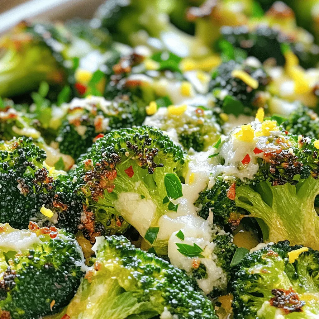 To make this tasty dish, you will need: - 1 large head of broccoli, cut into bite-sized florets - 4 cloves garlic, finely minced - 3 tablespoons extra virgin olive oil - Zest of 1 medium lemon - Juice of 1 medium lemon - Salt and freshly cracked black pepper to taste These ingredients work together to give your broccoli a bright and bold flavor. The garlic adds depth, while the lemon brings a refreshing zest. You can add a few optional ingredients to make the dish even better: - 1 teaspoon red pepper flakes (for a kick) - 2 tablespoons freshly grated Parmesan cheese (for a savory finish) - Fresh parsley, finely chopped (for garnish) These extras can enhance the flavor and presentation. The red pepper flakes will give it some heat, and the cheese adds a rich taste. If you have dietary needs, here are some easy substitutes: - Use avocado oil instead of olive oil for a different flavor. - Swap Parmesan with nutritional yeast for a vegan option. - Replace broccoli with cauliflower or green beans if you prefer. These swaps keep the dish delicious while meeting your needs. You can still enjoy a great taste with any of these options. For the full recipe, check the earlier section. Start by gathering all your ingredients. You need: - 1 large head of broccoli, cut into bite-sized florets - 4 cloves garlic, finely minced - 3 tablespoons extra virgin olive oil - Zest of 1 medium lemon - Juice of 1 medium lemon - 1 teaspoon red pepper flakes (optional for a kick) - Salt and freshly cracked black pepper to taste - 2 tablespoons freshly grated Parmesan cheese (optional for a savory finish) - Fresh parsley, finely chopped, for garnish Wash the broccoli well. Cut it into small, even pieces. This helps it cook evenly. Mince the garlic finely. You want to release its full flavor. Zest and juice the lemon. This adds a bright touch to your dish. Preheat your oven to 425°F (220°C). This step is key for perfect roasting. Line a baking sheet with parchment paper. It makes cleanup easy. In a large bowl, place the broccoli florets and minced garlic. Pour in the olive oil, lemon zest, and lemon juice. Sprinkle in the red pepper flakes, salt, and black pepper. Toss it all together well. You want each piece of broccoli coated in that zesty mix. Spread the broccoli mixture on the baking sheet in a single layer. Make sure there’s space between the florets. Place the sheet in the oven and roast for 20 to 25 minutes. Halfway through, stir the broccoli. This helps it cook and brown evenly. You want it to be fork-tender with crisp edges. If you like Parmesan cheese, sprinkle it over the broccoli in the last 5 minutes of roasting. This adds a rich, savory touch. Once the broccoli is done roasting, take it out of the oven. Garnish with freshly chopped parsley. This adds a nice pop of color. For extra flair, serve the roasted broccoli on a large platter. Drizzle any remaining lemon juice over it. A sprinkle of lemon zest makes it even more appealing. This dish not only tastes great but looks stunning too. Enjoy this vibrant side dish as part of your meal. For the full recipe, check the earlier section. Roasting broccoli brings out its sweet and nutty flavors. Here are my top tips: - Choose Fresh Broccoli: Look for bright green florets. Avoid any yellowing or browning. - Cut Evenly: Make all florets the same size. This helps them cook evenly. - Use High Heat: A hot oven at 425°F (220°C) caramelizes the edges. This adds great flavor. - Single Layer: Spread the florets on the baking sheet in one layer. This allows for better roasting. Garlic adds a wonderful taste. Here’s how to use it best: - Minced Fresh Garlic: Use fresh garlic, as it packs more flavor than powdered garlic. - Add It Early: Mix the minced garlic with the broccoli before roasting. - Watch the Timing: Garlic can burn quickly. If you want a milder taste, add it halfway through cooking. Spice up your broccoli with different flavors. Consider these ideas: - Add Red Pepper Flakes: Sprinkle them in for a spicy kick. - Experiment with Herbs: Try thyme or rosemary for an earthy taste. - Add Cheese: Parmesan cheese adds a savory touch. It melts beautifully in the oven. - Citrus Twist: Use lime juice instead of lemon for a different zing. These tips help make your Lemon Garlic Roasted Broccoli even more delicious. For the full recipe, check the earlier sections! {{image_4}} You can make Lemon Garlic Roasted Broccoli a full meal by adding protein. Chicken, shrimp, or tofu pair well with this dish. Just toss your choice of protein in the same lemon-garlic mix. Make sure to adjust the cooking time. Chicken or shrimp will need more time than tofu. This adds flavor and makes your meal heartier. This dish is easy to adapt for vegetarians and vegans. If you skip Parmesan cheese, it remains vegan. You can also add chickpeas for extra protein. They roast well and soak up the lemon-garlic flavor. Another great option is to drizzle some tahini sauce on top before serving. This gives a nice creaminess that everyone will love. You can mix in other veggies for fun twists. Carrots, bell peppers, or cauliflower work great with broccoli. Cut them into similar sizes for even cooking. You can also add some cherry tomatoes for a burst of sweetness. Each veggie brings its own flavor and makes the dish colorful. Feel free to experiment with your favorites! For the full recipe, check out the details above. To store leftover roasted broccoli, let it cool first. Place it in an airtight container. This keeps it fresh. You can store it in the fridge for up to three days. If you want to keep it longer, freezing is a great option. When reheating, keep the flavor intact. The best way is to use an oven. Preheat it to 350°F (175°C). Place the broccoli on a baking sheet. Heat for about 10 minutes. This method keeps it crispy. You can also use the microwave. Just heat for 1 to 2 minutes. Be careful not to overcook it. Freezing roasted broccoli is simple and smart. First, cool the broccoli completely. Spread it on a baking sheet in a single layer. Freeze it for 1 to 2 hours. Once frozen, transfer it to a freezer-safe bag. Remove as much air as possible. Use it within three months for the best taste. When ready to eat, you can roast it straight from the freezer. This makes meal prep easy and quick! For the full recipe, check out the earlier sections. Yes, you can make Lemon Garlic Roasted Broccoli ahead of time. Just roast the broccoli and let it cool. Store it in an airtight container in the fridge. It keeps well for about 3 days. When ready to eat, simply reheat it in the oven or microwave. This helps preserve its taste and texture. Broccoli is a superfood packed with nutrients. It is high in vitamins C, K, and A. These vitamins boost your immune system and promote healthy skin. Broccoli also has fiber, which aids digestion. It contains antioxidants that fight free radicals in your body. Eating broccoli may lower the risk of certain diseases. This makes it a great choice for a healthy diet. To add some heat, sprinkle red pepper flakes into the mix. Start with 1 teaspoon. If you want it spicier, add more to taste. You can also use spicy garlic or chili oil for more flavor. Another option is to toss in some sliced jalapeños before roasting. These adjustments give your dish a nice kick without overpowering the lemon and garlic taste. For the full recipe, check the details above. Lemon garlic roasted broccoli is a simple and tasty dish. We covered the key ingredients, including options for dietary needs. You learned step-by-step cooking methods and tips for perfect flavor. I shared ideas for meal variations and how to store leftovers. With these insights, you can easily enjoy healthy broccoli at any time. Try different flavors, and make this dish your own. Now, get cooking and enjoy your meal!