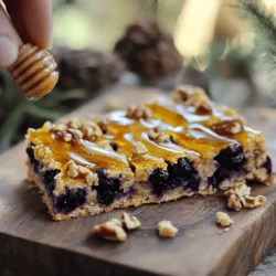 - 1 ½ cups rolled oats - 1 cup whole wheat flour - 1 cup fresh or frozen blueberries - ½ cup almond butter (or your preferred nut butter) - ⅓ cup honey or maple syrup - ½ cup brown sugar, packed - 1 teaspoon vanilla extract - 1 teaspoon baking powder - ½ teaspoon ground cinnamon - Pinch of salt - ¼ cup chopped nuts (walnuts or pecans), for topping (optional) For my Blueberry Oatmeal Bars, I love using simple, healthy ingredients. These bars pack a tasty punch while being good for you. Rolled oats give the bars their chewy texture. Whole wheat flour adds fiber and nutrients. Fresh or frozen blueberries burst with flavor and provide natural sweetness. You can choose any nut butter you like; almond butter is my go-to. It adds creaminess and healthy fat. For sweetness, I often use honey or maple syrup, but brown sugar works well too. A dash of vanilla extract and a sprinkle of ground cinnamon give the bars their lovely aroma. Don't forget the salt. It may seem small, but it enhances all the flavors. If you want, you can top the bars with chopped nuts for extra crunch. This mix of ingredients makes for a delightful and nutritious treat that everyone will enjoy. For the full recipe, check the earlier section. First, set your oven to 350°F (175°C). This is the perfect temperature for baking. Next, grab a 9x9 inch baking dish. Grease it with cooking spray or line it with parchment paper. This helps with easy removal after baking. In a large mixing bowl, combine the rolled oats, whole wheat flour, baking powder, ground cinnamon, and a pinch of salt. Mixing these dry ingredients well is important. It ensures that every bite has the same flavor and texture. In another bowl, whisk together the almond butter, honey (or maple syrup), brown sugar, and vanilla extract. Make sure it is smooth and well-blended. A smooth mixture makes it easy to combine with the dry ingredients. Now, gently pour the wet mixture into the bowl of dry ingredients. Stir until just combined. Next, carefully fold in the blueberries and any chopped nuts you like. Be gentle to prevent the blueberries from breaking. Transfer the mixture to your prepared baking dish. Spread it evenly and press down firmly. This helps the bars hold together while baking. Place the dish in the oven and bake for 25 to 30 minutes. Look for golden brown edges. You can check doneness by inserting a toothpick in the center; it should come out clean. Let the dish cool in the pan for at least 10 minutes. Then, transfer it to a wire rack to cool completely. This step helps keep the bars from becoming too soft. Once cooled, slice into bars and enjoy! For the full recipe, check the section above. To make the best blueberry oatmeal bars, avoid overmixing the batter. When you mix too much, the bars can become tough. Stir just enough to combine the ingredients. This keeps the blueberries whole and juicy. You want them to burst with flavor in each bite. Texture matters, too. You can adjust it by changing the oats or flour. For chewier bars, use old-fashioned rolled oats. If you prefer a softer texture, try quick oats. Whole wheat flour gives a hearty taste, while all-purpose flour makes it lighter. If you run out of almond butter, don’t worry! You can use any nut butter you like. Peanut butter or cashew butter works well, too. For a nut-free option, try sunflower seed butter. It adds a nice flavor without nuts. When it comes to sweeteners, honey and maple syrup are great choices. If you want to cut down on sugar, use a sugar substitute like stevia or agave syrup. These options can help you enjoy a sweet treat without the extra calories. Serve your blueberry oatmeal bars in many fun ways. They are great as a snack or breakfast. Try them warm with a drizzle of honey or a dollop of yogurt. For a cozy touch, serve with a sprinkle of cinnamon on top. Pair these bars with a cup of tea or coffee for a perfect morning. You can also enjoy them with a smoothie for a nutritious boost. They are versatile and can fit any meal or snack time. {{image_4}} You can change the flavors in your Blueberry Oatmeal Bars. Try using strawberries or raspberries instead of blueberries. These fruits add a sweet twist. You can also mix in spices for extra flavor. Nutmeg and ginger work well with oats. A little pinch can make a big difference. If you need a gluten-free version, use gluten-free oats and almond flour. These swaps keep the bars tasty and safe. You may need to adjust the sweetener since almond flour can be drier. Aim for the same texture and moisture. For a vegan version, replace eggs with flaxseed meal or applesauce. Flaxseed meal needs a bit of water to thicken. You can also choose a dairy-free nut butter, like cashew or sunflower butter. These options keep the bars creamy and delicious. Check out the Full Recipe for more details! To keep your blueberry oatmeal bars fresh, use an airtight container. This method stops air from drying them out. If you don’t have one, you can cover the bars tightly with plastic wrap. Make sure they are completely cool before storing. This keeps them from getting soggy. For best results, place the container in the fridge. This can help the bars last longer. If you want to save some bars for later, freezing is a great option. To freeze, wrap each bar tightly in plastic wrap. Then, place them in a freezer-safe bag. Squeeze out as much air as possible. This keeps the bars fresh longer. When you want to eat them, take them out of the freezer. Let them thaw in the fridge overnight or at room temp for a few hours. Blueberry oatmeal bars can stay fresh in the freezer for up to three months. Enjoy your tasty treat anytime! You can check for doneness by looking at the edges of the bars. They should turn golden brown. Also, insert a toothpick into the center. If it comes out clean, your bars are ready. The baking time is typically 25 to 30 minutes. Keep an eye on them as they bake! Yes, you can use frozen blueberries! Just toss them in a bit of flour before adding them to the mix. This helps prevent them from sinking to the bottom. Frozen berries may release more juice, so keep that in mind. The taste will still be delicious! If your bars are too crumbly, there are a few things you can try. First, check if you added enough nut butter or sweetener. These help bind the mixture. If they are still crumbly, try adding a little milk or water to moisten the mix. Press the mixture down more firmly before baking too. These bars can last up to a week in an airtight container at room temperature. If you want them to stay fresh longer, store them in the fridge. They can also be frozen for up to three months. Just make sure to wrap them well before freezing! You now have all you need to make delicious blueberry oatmeal bars. We covered the key ingredients, precise steps, and handy tips. These bars are versatile, allowing flavor twists and dietary adjustments. Remember to store them correctly for the best taste and freshness. With the right techniques, you'll enjoy treats that are healthy and fun. I hope you feel inspired to create these easy snacks for yourself or others. Happy baking!