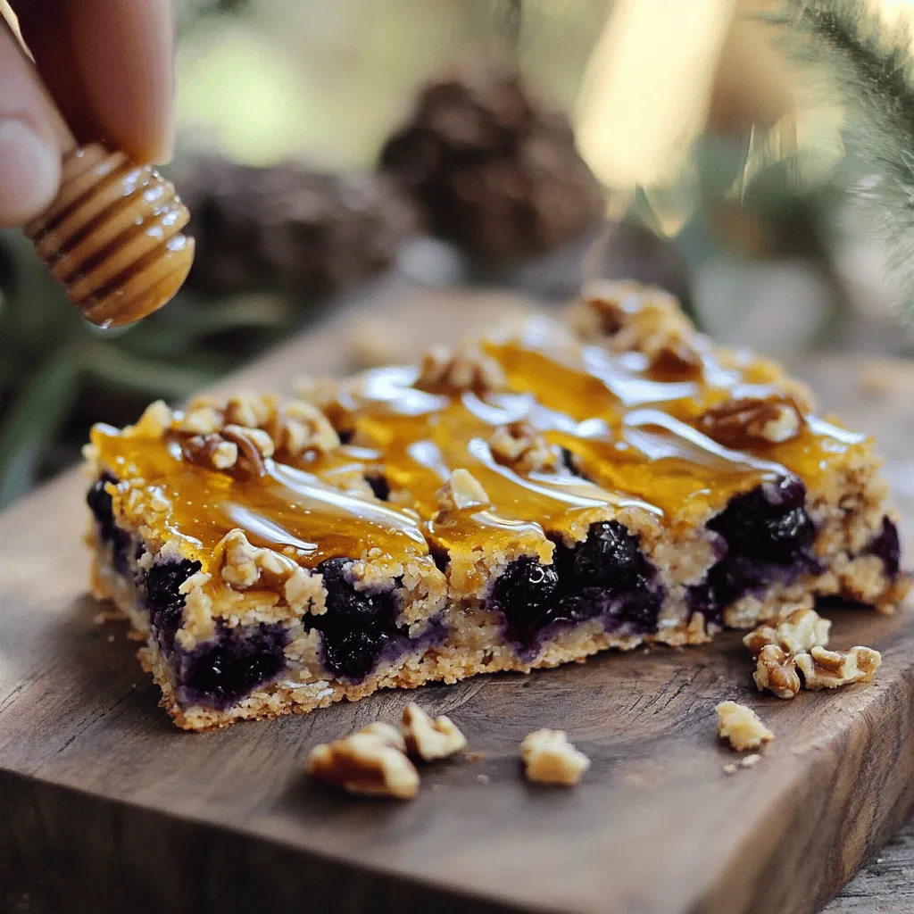 - 1 ½ cups rolled oats - 1 cup whole wheat flour - 1 cup fresh or frozen blueberries - ½ cup almond butter (or your preferred nut butter) - ⅓ cup honey or maple syrup - ½ cup brown sugar, packed - 1 teaspoon vanilla extract - 1 teaspoon baking powder - ½ teaspoon ground cinnamon - Pinch of salt - ¼ cup chopped nuts (walnuts or pecans), for topping (optional) For my Blueberry Oatmeal Bars, I love using simple, healthy ingredients. These bars pack a tasty punch while being good for you. Rolled oats give the bars their chewy texture. Whole wheat flour adds fiber and nutrients. Fresh or frozen blueberries burst with flavor and provide natural sweetness. You can choose any nut butter you like; almond butter is my go-to. It adds creaminess and healthy fat. For sweetness, I often use honey or maple syrup, but brown sugar works well too. A dash of vanilla extract and a sprinkle of ground cinnamon give the bars their lovely aroma. Don't forget the salt. It may seem small, but it enhances all the flavors. If you want, you can top the bars with chopped nuts for extra crunch. This mix of ingredients makes for a delightful and nutritious treat that everyone will enjoy. For the full recipe, check the earlier section. First, set your oven to 350°F (175°C). This is the perfect temperature for baking. Next, grab a 9x9 inch baking dish. Grease it with cooking spray or line it with parchment paper. This helps with easy removal after baking. In a large mixing bowl, combine the rolled oats, whole wheat flour, baking powder, ground cinnamon, and a pinch of salt. Mixing these dry ingredients well is important. It ensures that every bite has the same flavor and texture. In another bowl, whisk together the almond butter, honey (or maple syrup), brown sugar, and vanilla extract. Make sure it is smooth and well-blended. A smooth mixture makes it easy to combine with the dry ingredients. Now, gently pour the wet mixture into the bowl of dry ingredients. Stir until just combined. Next, carefully fold in the blueberries and any chopped nuts you like. Be gentle to prevent the blueberries from breaking. Transfer the mixture to your prepared baking dish. Spread it evenly and press down firmly. This helps the bars hold together while baking. Place the dish in the oven and bake for 25 to 30 minutes. Look for golden brown edges. You can check doneness by inserting a toothpick in the center; it should come out clean. Let the dish cool in the pan for at least 10 minutes. Then, transfer it to a wire rack to cool completely. This step helps keep the bars from becoming too soft. Once cooled, slice into bars and enjoy! For the full recipe, check the section above. To make the best blueberry oatmeal bars, avoid overmixing the batter. When you mix too much, the bars can become tough. Stir just enough to combine the ingredients. This keeps the blueberries whole and juicy. You want them to burst with flavor in each bite. Texture matters, too. You can adjust it by changing the oats or flour. For chewier bars, use old-fashioned rolled oats. If you prefer a softer texture, try quick oats. Whole wheat flour gives a hearty taste, while all-purpose flour makes it lighter. If you run out of almond butter, don’t worry! You can use any nut butter you like. Peanut butter or cashew butter works well, too. For a nut-free option, try sunflower seed butter. It adds a nice flavor without nuts. When it comes to sweeteners, honey and maple syrup are great choices. If you want to cut down on sugar, use a sugar substitute like stevia or agave syrup. These options can help you enjoy a sweet treat without the extra calories. Serve your blueberry oatmeal bars in many fun ways. They are great as a snack or breakfast. Try them warm with a drizzle of honey or a dollop of yogurt. For a cozy touch, serve with a sprinkle of cinnamon on top. Pair these bars with a cup of tea or coffee for a perfect morning. You can also enjoy them with a smoothie for a nutritious boost. They are versatile and can fit any meal or snack time. {{image_4}} You can change the flavors in your Blueberry Oatmeal Bars. Try using strawberries or raspberries instead of blueberries. These fruits add a sweet twist. You can also mix in spices for extra flavor. Nutmeg and ginger work well with oats. A little pinch can make a big difference. If you need a gluten-free version, use gluten-free oats and almond flour. These swaps keep the bars tasty and safe. You may need to adjust the sweetener since almond flour can be drier. Aim for the same texture and moisture. For a vegan version, replace eggs with flaxseed meal or applesauce. Flaxseed meal needs a bit of water to thicken. You can also choose a dairy-free nut butter, like cashew or sunflower butter. These options keep the bars creamy and delicious. Check out the Full Recipe for more details! To keep your blueberry oatmeal bars fresh, use an airtight container. This method stops air from drying them out. If you don’t have one, you can cover the bars tightly with plastic wrap. Make sure they are completely cool before storing. This keeps them from getting soggy. For best results, place the container in the fridge. This can help the bars last longer. If you want to save some bars for later, freezing is a great option. To freeze, wrap each bar tightly in plastic wrap. Then, place them in a freezer-safe bag. Squeeze out as much air as possible. This keeps the bars fresh longer. When you want to eat them, take them out of the freezer. Let them thaw in the fridge overnight or at room temp for a few hours. Blueberry oatmeal bars can stay fresh in the freezer for up to three months. Enjoy your tasty treat anytime! You can check for doneness by looking at the edges of the bars. They should turn golden brown. Also, insert a toothpick into the center. If it comes out clean, your bars are ready. The baking time is typically 25 to 30 minutes. Keep an eye on them as they bake! Yes, you can use frozen blueberries! Just toss them in a bit of flour before adding them to the mix. This helps prevent them from sinking to the bottom. Frozen berries may release more juice, so keep that in mind. The taste will still be delicious! If your bars are too crumbly, there are a few things you can try. First, check if you added enough nut butter or sweetener. These help bind the mixture. If they are still crumbly, try adding a little milk or water to moisten the mix. Press the mixture down more firmly before baking too. These bars can last up to a week in an airtight container at room temperature. If you want them to stay fresh longer, store them in the fridge. They can also be frozen for up to three months. Just make sure to wrap them well before freezing! You now have all you need to make delicious blueberry oatmeal bars. We covered the key ingredients, precise steps, and handy tips. These bars are versatile, allowing flavor twists and dietary adjustments. Remember to store them correctly for the best taste and freshness. With the right techniques, you'll enjoy treats that are healthy and fun. I hope you feel inspired to create these easy snacks for yourself or others. Happy baking!