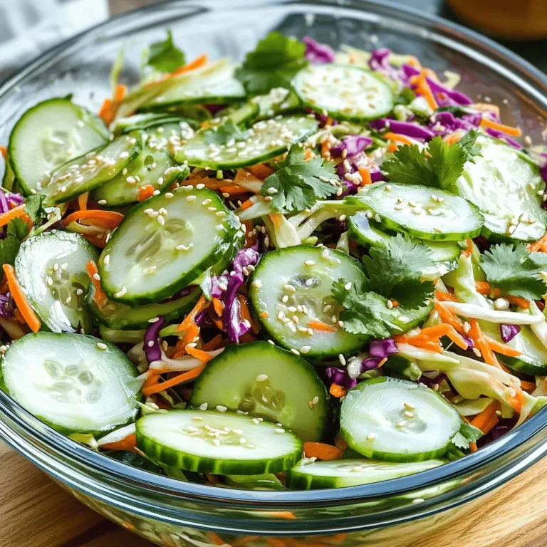 - 2 large cucumbers - 1 cup red cabbage - 1 medium carrot - 1/4 cup fresh cilantro For this slaw, I love using large cucumbers. They add a refreshing crunch. I also use red cabbage for color and flavor. The medium carrot brings sweetness and more texture. Fresh cilantro adds a bright note that ties the flavors together. - 2 tablespoons rice vinegar - 1 tablespoon honey or maple syrup - 1 teaspoon sesame oil - 1 teaspoon fresh ginger The dressing is key to this dish. I use rice vinegar for tang. Honey or maple syrup gives a hint of sweetness. Sesame oil adds a rich, nutty flavor. Fresh ginger brings warmth and spice to the mix. - 1/2 teaspoon red pepper flakes - Salt and pepper, to taste - Optional garnishes, like sesame seeds I love adding red pepper flakes for a kick. Adjust the amount based on your taste. Don't forget salt and pepper to enhance all the flavors. Optional garnishes, like sesame seeds, can add a nice touch. For the full recipe, check out the details above. First, wash your cucumbers under cold water. This step removes any dirt. Next, slice the cucumbers into thin rounds. You want them crisp for the slaw. After that, grab your red cabbage. Shred it into thin strips. This adds a nice crunch. Then, take a medium carrot and grate it. The carrot will add a sweet touch. Finally, chop your fresh cilantro finely. This herb brightens up the flavors. In a small bowl, mix the wet ingredients. Combine rice vinegar, honey, sesame oil, and grated ginger. Add red pepper flakes for some heat. Season lightly with salt and pepper. Whisk this mixture together until smooth. This ensures the flavors blend well. A good dressing is key to a great slaw. In a large mixing bowl, toss the sliced cucumbers, shredded cabbage, grated carrot, and chopped cilantro. Make sure everything is mixed well. Then, pour the dressing over the veggies. Use tongs or a large spoon to coat every piece. This step is crucial for flavor distribution. Let the slaw rest for at least 15 minutes. This time helps the flavors meld together. The cucumbers will release some moisture, making the slaw even better. Serve it cold or at room temperature. This refreshing side dish pairs well with many meals. For the full recipe, check the details above. To make your cucumber slaw burst with flavor, start by adjusting the seasoning levels. I often add a bit more salt or pepper to suit my taste. You can also tweak the red pepper flakes to make it spicier or milder. Taste your slaw as you go. This helps in finding the perfect balance. Marinating time is key for the best results. Let your slaw sit for at least 15 minutes. This time allows the flavors to blend well and the cucumbers to soften slightly. The resting period also helps in creating a more flavorful dish. For serving, I recommend using clear bowls. They show off the vibrant colors of the slaw. The mix of greens, reds, and oranges looks great and makes anyone want to dig in. Garnishing options add visual appeal. Fresh cilantro leaves sprinkled on top can enhance the look. A light sprinkle of sesame seeds also adds a nice touch. These small details make your dish more inviting. The right tools make a big difference. You need a good mixing bowl that is large enough for all your ingredients. A wide bowl lets you toss the slaw easily and prevents mess. For slicing and shredding, use a sharp knife or a grater. A mandoline slicer can also speed up the process. It helps you get uniform slices for the cucumbers and cabbage. This makes your slaw both pretty and delicious. Feel free to check the [Full Recipe] to get started on this refreshing dish! {{image_4}} You can take your cucumber slaw to the next level by adding other veggies. Try bell peppers for a sweet crunch. Scallions can add a nice onion flavor too. Just chop them thinly and toss them in. You can also change the dressing for new tastes. A peanut dressing gives a nutty twist. Mix peanut butter with soy sauce, lime juice, and a bit of sugar. This change makes the slaw richer and creamier. This slaw is easy to adapt for different diets. For a vegan option, swap honey with maple syrup. This keeps the sweetness without the animal products. If you need a gluten-free slaw, just use gluten-free soy sauce in the dressing. This small change keeps the flavors while making it safe for everyone. Cucumber slaw is not just a side dish. You can use it as a topping for tacos. The crunch and freshness brighten up any taco. It pairs well with Asian-inspired meals too. Serve it alongside stir-fry or grilled meats. The coolness of the slaw balances the heat of the dishes. Try the Full Recipe to enjoy all these variations! To keep your cucumber slaw fresh, store it in an airtight container. Glass containers work best as they don't absorb odors. You can also use plastic containers, but make sure they seal tightly. To maintain texture, keep the slaw undressed until you are ready to eat. If it's already dressed, eat it within a day for the best crunch. Cucumber slaw stays fresh for about 3 days in the fridge. After that, the cucumbers may become too soft. If you notice excess liquid in the container, drain it off. This helps keep the slaw crisp longer. Always check for any off smells or changes in color before eating. I do not recommend freezing cucumber slaw. Freezing alters the texture of cucumbers, making them mushy. If you freeze it, you won’t enjoy the crunch that makes this dish special. Instead, prepare smaller batches if you worry about leftovers. Enjoy your slaw fresh from the fridge or right after making it. For the complete experience, refer to the Full Recipe. Yes, you can use different types of cucumbers. English cucumbers are long, thin, and have fewer seeds. They have a sweet taste and smooth skin. Regular cucumbers are shorter and have thicker skin with more seeds. They can be slightly bitter. Both types work well in cucumber slaw, but I prefer English cucumbers for their crisp texture and mild flavor. If you don't have rice vinegar, there are good options. You can use apple cider vinegar for a fruity taste. White wine vinegar also works well and adds a nice tang. For a milder option, try using regular white vinegar. Each choice gives a slightly different flavor, so pick one that fits your taste. Absolutely! You can adjust the sweetness by adding more or less honey or maple syrup. If you like spice, add more red pepper flakes or even some chopped jalapeños. You can also mix in other veggies like bell peppers or carrots for extra crunch and flavor. This recipe lets you tailor it to your liking. Cucumber slaw is versatile. It pairs well with grilled meats, fish tacos, or Asian dishes. Serve it as a side salad at picnics or barbecues. You can also use it as a crunchy topping for sandwiches or wraps. For a fun twist, try it on top of rice bowls for added freshness. For the full recipe, check the ingredients and instructions above! In this post, we explored making a fresh cucumber slaw, starting with vibrant ingredients. We learned how to prepare vegetables, whip up a tasty dressing, and mix everything together. Tips on enhancing flavor and presentation added value, too. Remember, this slaw is easy to customize and great for many meals. With simple changes, it can fit vegan or gluten-free diets. Enjoy this crisp dish, knowing it’s as versatile as it is delicious.
