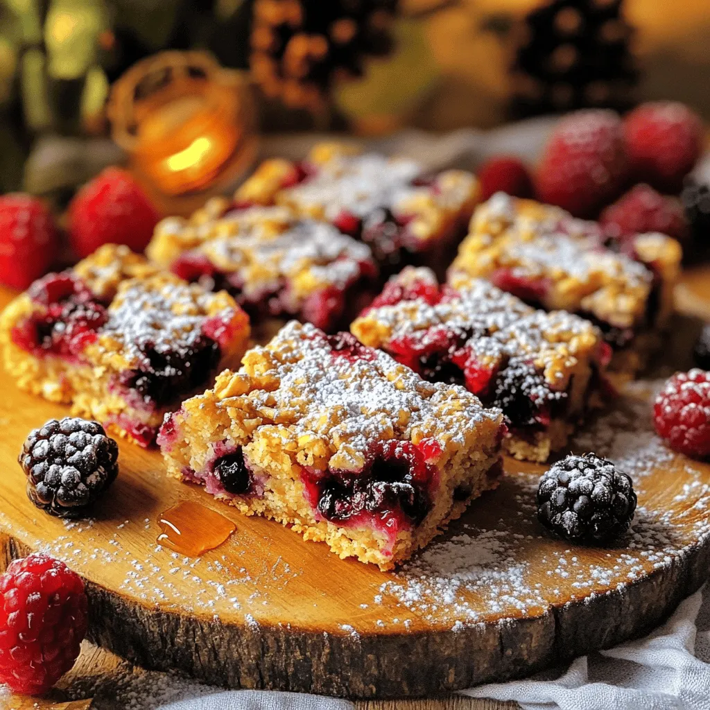 To make Healthy Berry Oatmeal Bars, you will need the following key ingredients: - 2 cups rolled oats - 1 cup mixed berries (fresh or frozen) - 1/2 cup almond butter or peanut butter - 1/4 cup honey or pure maple syrup - 1/2 cup unsweetened applesauce - 1/4 teaspoon salt - 1 teaspoon ground cinnamon - 1/4 cup chopped nuts (optional, for an added crunch) If you have dietary preferences, here are some substitutions you can try: - Use sunflower seed butter instead of nut butters for nut-free bars. - Swap honey for agave syrup if you want a vegan option. - Replace rolled oats with gluten-free oats for a gluten-free treat. When choosing berries, select the best ones for flavor and nutrition: - Look for bright, vibrant berries with no signs of spoilage. - Fresh berries should be firm and plump. - Frozen berries should be free from ice crystals to ensure quality. These tips help you make the most of your Healthy Berry Oatmeal Bars. For the full recipe, check the detailed directions above. 1. Preheat your oven to 350°F (175°C). 2. Get an 8x8 inch baking dish ready. Line it with parchment paper. Leave some paper hanging over the sides. This helps lift the bars out later. 3. In a big bowl, mix the rolled oats, salt, and cinnamon. Stir until everything is evenly mixed. 4. In another bowl, whisk together the almond or peanut butter, honey or maple syrup, and applesauce. Make sure it’s smooth. 5. Pour the wet mix into the dry bowl. Stir gently until just combined. Be careful not to overmix. If you want, fold in the mixed berries and chopped nuts for extra texture. 6. Spread the mixture into the baking dish. Press it down firmly with your hands or a spatula. 1. Put the baking dish in your preheated oven. Bake for 25-30 minutes. 2. Look for golden brown edges and a set center. These are signs that it’s done. 1. Remove the dish from the oven. Let it cool for about 10 minutes in the pan. 2. Carefully lift the bars out of the pan using the parchment paper. 3. Allow the bars to cool completely on a wire rack. This helps them set better. 4. Once cool, cut the bars into 12 equal squares. Use a sharp knife for clean cuts. For the full recipe, you can always refer back to the earlier section. Enjoy your delicious and healthy berry oatmeal bars! To get the best out of your Healthy Berry Oatmeal Bars, avoid common mistakes. First, do not overmix your ingredients. Gently combine the wet and dry mixes to keep the bars soft. Second, if you prefer sweeter bars, adjust sweetness to your taste. Add more honey or maple syrup if needed. Start with a small amount, then taste as you go. This way, you can find just the right sweet spot. These bars pair well with drinks like almond milk or herbal tea. Try topping them with yogurt or fresh fruit for added flavor. For gatherings, cut the bars into smaller bites. Arrange them on a colorful platter. You can even drizzle some melted chocolate on top for a fun twist! Healthy Berry Oatmeal Bars come packed with great benefits. Rolled oats provide fiber, which helps with digestion. Mixed berries are rich in vitamins and antioxidants. Almond or peanut butter adds healthy fats and protein. Each bar has about 150 calories. This makes them a smart snack choice for any time of day. Enjoy your healthy treat! {{image_4}} You can change the berries in this recipe. Use blueberries, raspberries, or blackberries. Each berry adds its own taste. You can mix different berries for a fun twist. Adding spices can boost the flavor too. Consider cinnamon for warmth or nutmeg for a unique touch. A pinch of vanilla extract also works wonders. Want a crunchier bar? Add nuts or seeds. Chopped almonds or walnuts give great texture. You can also use sunflower seeds for a nut-free option. If you prefer chewier bars, add more applesauce. Adjusting the bake time can help too. Less time in the oven makes them softer. For gluten-free bars, use certified gluten-free oats. This keeps the recipe safe for those with gluten issues. You can also make it vegan. Replace honey with maple syrup or agave nectar. Use a nut butter that fits your diet. These small changes make the bars fit your needs. For the full recipe, check the section above. To keep your Healthy Berry Oatmeal Bars fresh, store them in an airtight container. This helps prevent them from drying out. I recommend using a glass or plastic container. Keep the bars at room temperature for up to five days. If you live in a humid area, the fridge is a better choice. This can help them last longer. Just remember to let them come to room temperature before eating. Freezing these bars is easy. First, cut them into squares as directed in the Full Recipe. Then, place the squares in a single layer on a baking sheet. Freeze them for about two hours. Once frozen, transfer the bars to a freezer-safe bag. Remove as much air as you can before sealing. These bars can last up to three months in the freezer. When you want to eat one, take it out and let it thaw in the fridge overnight. For quick thawing, leave it at room temperature for about 30 minutes. Enjoy your delicious snack any time! Can I use instant oats instead of rolled oats? You can use instant oats, but they change the texture. Instant oats will make the bars softer. Rolled oats give a nice chew. For best results, stick with rolled oats. How long do the bars last in the fridge? These bars last about a week in the fridge. Keep them in an airtight container. This helps maintain freshness and flavor, so you can enjoy them longer. Can I make these bars nut-free? Yes, you can. Use sunflower seed butter or a soy nut butter. This keeps the bars tasty and safe for those with nut allergies. What can I substitute for honey or maple syrup? If you need a substitute, try agave syrup or brown rice syrup. Both options add sweetness and keep the bars moist. How many squares are a typical serving? One square is a good serving size. Each bar has healthy ingredients, so enjoy one or two as a snack. Tips for portion control and meal prepping Cut the bars into 12 squares. Store extras in separate containers for easy snacks. This way, you have a healthy option ready to grab on busy days. Healthy Berry Oatmeal Bars are simple and tasty. We covered key ingredients, step-by-step baking, and storage tips. These bars fit many diets and offer great health benefits. Explore variations to keep things fresh and fun. When you follow these tips, you’ll create a delicious snack that everyone will love. Keep experimenting and enjoy your creations!