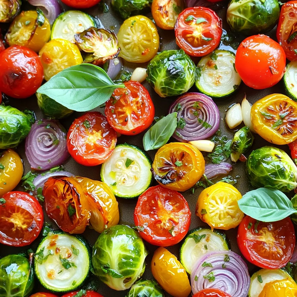 - Key vegetables for roasting - 1 cup cherry tomatoes, halved - 1 medium zucchini, sliced into rounds - 1 bell pepper (any color), diced into bite-sized pieces - 1 red onion, cut into wedges - 2 cups Brussels sprouts, halved - Essential herbs and spices - 4 cloves garlic, minced - 3 tablespoons olive oil - 1 teaspoon dried oregano - 1 teaspoon smoked paprika - Salt and black pepper to taste - Optional ingredients for added flavor - Fresh basil leaves for garnish These ingredients make the perfect base for your one pan roasted veggies. The key vegetables provide a colorful and tasty mix. Cherry tomatoes burst with sweetness. Zucchini adds a soft bite. Bell peppers bring crunch and color. Red onion offers a mild flavor, while Brussels sprouts add depth. The herbs and spices enhance your dish. Garlic gives it a strong, savory note. Olive oil helps everything roast nicely. Oregano adds a touch of earthiness. Smoked paprika brings a nice warmth. Salt and pepper round out the flavors. Feel free to get creative! Add other veggies or spices you love. You can even toss in cheese or nuts for extra texture. This simple recipe makes it easy to explore. For the full recipe, check out the One Pan Roasted Veggies Delight. First, preheat your oven to 425°F (220°C). This temperature helps the veggies roast evenly and get nice and crispy. While the oven heats, wash your vegetables. Cut the cherry tomatoes in half. Slice the zucchini into rounds. Dice the bell pepper into bite-sized pieces. Cut the red onion into wedges. Finally, halve the Brussels sprouts and mince the garlic. Next, take a large bowl and add all the prepared veggies. Pour in the olive oil. Then, sprinkle on the dried oregano, smoked paprika, salt, and black pepper. Use your hands or a spatula to toss everything together. Make sure every piece of vegetable gets coated well with oil and spices. This step is key for great flavor. Now, spread the seasoned veggies evenly on a large baking sheet. Leave some space between the pieces so they roast well. Place the baking sheet in the preheated oven. Roast the veggies for 20 to 25 minutes. Halfway through, stir them to ensure even cooking. They should become tender with a nice caramelized edge. For the full recipe, check [Full Recipe]. To get the best caramelization, make sure to space your veggies out. If they are too close, they will steam instead of roast. This means they won’t get those nice, crispy edges. I always use a large baking sheet. Adjusting cooking time helps too. If you like softer veggies, roast them a bit longer. For firmer veggies, take them out sooner. Keep an eye on them to find your perfect texture. One big mistake is overcrowding the baking sheet. If you pile the vegetables on top of each other, they won’t cook evenly. It’s better to roast in batches if needed. Another mistake is not seasoning enough. Use salt, pepper, and herbs to bring out the flavors. Don’t be shy with the seasoning! A good mix makes all the difference in taste. For a full recipe, check out the One Pan Roasted Veggies Delight 🥦. {{image_4}} You can change your roasted veggies with the seasons. In spring, use fresh asparagus and baby carrots. In summer, try colorful zucchini and eggplant. For fall, sweet butternut squash and hearty root veggies shine. In winter, use Brussels sprouts and kohlrabi for warmth. Mixing these seasonal veggies adds fun and flavor. Here are some creative combinations to try: - Spring Mix: Asparagus, baby carrots, and red onions. - Summer Medley: Zucchini, bell peppers, and cherry tomatoes. - Fall Feast: Butternut squash, sweet potatoes, and onions. - Winter Warmer: Brussels sprouts, kohlrabi, and parsnips. You can boost the flavor of your veggies in many ways. Using fresh herbs like rosemary or thyme adds a lovely taste. Dried herbs like basil or parsley work well too. Don’t forget spices! A sprinkle of cumin or chili powder can give a nice kick. Adding cheese or nuts can change the texture and flavor. Feta cheese crumbles add saltiness and creaminess. Parmesan cheese gives a nutty flavor when roasted. Nuts like almonds or walnuts add crunch and richness. Simply sprinkle them on top before roasting for extra delight. For more ideas, check out the Full Recipe. After enjoying your one pan roasted veggies, store any leftovers in an airtight container. This keeps them fresh. Chill the container in the fridge within two hours of cooking. The roasted veggies will stay good for about three to four days. When you want to eat them again, use the oven or a stovetop. Reheat at 350°F (175°C) for about 10-15 minutes. This helps keep their nice texture and flavor. To freeze your roasted veggies, let them cool completely. Then, place them in a freezer-safe bag or container. Be sure to remove as much air as you can. This helps prevent freezer burn. They can last for up to three months in the freezer. When you want to eat them, take them out and thaw in the fridge overnight. You can also use the microwave for a quick thaw. After thawing, reheat in the oven for about 15-20 minutes at 350°F (175°C) until they are hot. This makes them taste almost fresh again! You can roast many different veggies! Here are some great options: - Carrots - Sweet potatoes - Cauliflower - Broccoli - Asparagus - Eggplant - Beets - Radishes Feel free to mix and match. Each vegetable adds its own flavor and texture. Try using seasonal veggies for the best taste. Roasted vegetables can last about 3 to 5 days in the fridge. Store them in an airtight container. Check for any signs of spoilage, like a bad smell or slimy texture. If you see these signs, it's best to throw them away. Yes! To make this recipe vegan, just skip any cheese toppings. You can add more herbs or use a splash of balsamic vinegar for added flavor. This keeps your dish fresh and plant-based. Roasted veggies pair well with many foods. Here are a few ideas: - Grains like quinoa or rice - Proteins like chicken, fish, or tofu - A fresh salad for crunch - Pasta for a hearty meal You can create a balanced plate by mixing and matching. Enjoy experimenting with your meals! For the full recipe, check the One Pan Roasted Veggies Delight section above. Roasting vegetables is simple and rewarding. We explored key ingredients and shared step-by-step instructions. You learned tips to avoid common mistakes and how to enhance flavors. Don't forget about seasonal options and variations to mix things up. Proper storage ensures these tasty morsels last longer. With these insights, you can create delicious roasted veggies anytime. Enjoy experimenting and savor every bite!