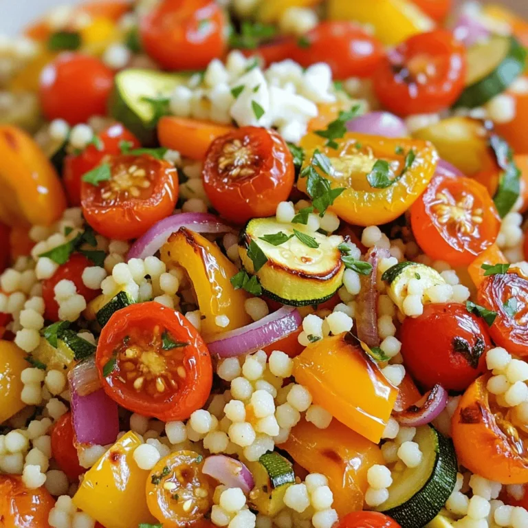 To make roasted vegetable couscous, you need a mix of simple ingredients. Each part plays an important role in building flavor and texture. - Couscous and Broth - 1 cup couscous - 1 1/2 cups vegetable broth - Vegetables Required - 1 small zucchini, diced into bite-sized pieces - 1 bell pepper (red or yellow), diced - 1 medium carrot, sliced into thin rounds - 1 red onion, chopped into medium-sized chunks - 1 cup cherry tomatoes, halved - Seasonings and Garnishes - 2 tablespoons olive oil - 1 teaspoon dried thyme - 1 teaspoon smoked paprika - Salt and pepper to taste - Fresh parsley, chopped (for garnish) - Feta cheese (optional, for topping) These ingredients give your dish color and taste. Couscous adds a nice base, while the veggies bring freshness. The seasonings enhance the whole dish. Follow the Full Recipe for detailed steps to create this tasty meal. First, gather your ingredients for the roasted vegetable couscous. You need couscous, vegetable broth, and fresh veggies like zucchini, bell pepper, carrot, red onion, and cherry tomatoes. Don't forget olive oil, thyme, smoked paprika, salt, and pepper. This recipe is simple and quick. Let’s dive in! Start by preheating your oven to 400°F (200°C). While it heats, take a large baking sheet. Spread out your diced zucchini, bell pepper, sliced carrot, chopped red onion, and halved cherry tomatoes. Make sure they sit in a single layer. Now, drizzle olive oil over the veggies. Sprinkle dried thyme, smoked paprika, salt, and pepper on top. Use your hands or a spatula to toss everything together. This helps coat the veggies in oil and spices. Place the baking sheet in the oven. Roast for about 25-30 minutes. You want them tender and slightly caramelized. Stir the veggies halfway through to ensure even roasting. The smell will be amazing! While the veggies roast, bring vegetable broth to a gentle boil in a saucepan over medium heat. Once it boils, take it off the heat. Stir in your couscous. Cover the saucepan with a lid and let it sit for about 5 minutes. This lets the couscous absorb the broth. After 5 minutes, use a fork to fluff the couscous. Gently fold in the roasted vegetables until they mix well. Taste it and add more salt or pepper if you want. Serve your couscous warm. Garnish with fresh parsley and feta cheese if you like. Enjoy your healthy meal! For the full recipe, check out the instructions above. To get the best flavor from your vegetables, cut them into even sizes. This helps them cook at the same rate. Use a mix of colorful vegetables for a vibrant dish. I suggest zucchini, bell peppers, carrots, red onions, and cherry tomatoes. Toss them well with olive oil and seasonings to coat them fully. Spread them out on the baking sheet. Avoid crowding them; this helps them roast instead of steam. Stir them halfway through for even browning. Fluffing couscous is key for a light texture. After the couscous soaks up the broth, take a fork. Gently lift and separate the grains. This helps prevent clumping. Be careful not to mash it down. Once it's fluffy, mix in the roasted vegetables. This way, each bite will have the perfect balance of flavors. To take your dish to the next level, add fresh herbs. Chopped parsley is a great choice, as it adds color and freshness. If you like cheese, sprinkle feta on top for extra creaminess. A drizzle of olive oil can also enhance the dish's richness. For a touch of zest, consider a squeeze of lemon juice. This will brighten the flavors and make your roasted vegetable couscous shine. For the complete cooking process, refer to the Full Recipe. {{image_4}} You can mix and match veggies for your roasted vegetable couscous. Try using eggplant, broccoli, or asparagus. Sweet potatoes add a nice touch too. Each vegetable brings its own flavor and texture. Feel free to get creative! The best part is that you can use what you have at home. To make this dish heartier, add protein. Chickpeas work great and add a nutty flavor. Cooked chicken or shrimp can also enhance your meal. For a richer taste, try adding diced tofu or tempeh. These options make your dish filling and nutritious. If you need a vegan version, skip the feta cheese. Instead, use nutritional yeast for a cheesy flavor. For gluten-free couscous, look for brands made from rice or quinoa. This way, everyone can enjoy the meal without worry. You can still have a delightful dish that fits your diet. For the complete recipe, check out the Full Recipe section above. To keep your roasted vegetable couscous fresh, let it cool. Place it in an airtight container. Make sure to seal it well to avoid moisture. This dish stays good for about three to four days in the fridge. If you notice any odd smells or colors, it's best to toss it. When you're ready to enjoy leftovers, use a microwave or stovetop. If using a microwave, place the couscous in a bowl. Add a splash of water to keep it moist. Heat it for one to two minutes, stirring halfway through. On the stovetop, warm it in a pan over low heat. Stir frequently to prevent sticking. You can freeze roasted vegetable couscous for later use. Again, let it cool fully before freezing. Use a freezer-safe container or bag. It can last up to three months in the freezer. To reheat, thaw overnight in the fridge. Then, follow the reheating instructions. This way, you can enjoy a healthy meal anytime! For the full recipe, check the earlier section. To make roasted vegetable couscous, follow these simple steps. First, preheat your oven to 400°F (200°C). Next, chop your favorite vegetables, like zucchini, bell peppers, and carrots. Spread them on a baking sheet. Drizzle olive oil and sprinkle seasonings like thyme and paprika. Toss them well, then roast for 25-30 minutes. Meanwhile, boil vegetable broth. Stir in couscous and let it sit for five minutes. After that, fluff the couscous and mix in the roasted veggies. Serve warm, and enjoy this tasty dish! For the complete recipe, check the Full Recipe. The best vegetables for roasting include zucchini, bell peppers, carrots, and onions. These veggies have great flavors and textures when roasted. Other good choices are eggplant, broccoli, and Brussels sprouts. You can even mix different vegetables for a colorful dish. Just remember to cut them into similar sizes. This helps them cook evenly, giving you a perfect roasted mix. Yes, you can prepare roasted vegetable couscous in advance. Roast the vegetables and cook the couscous ahead of time. Let them cool, then store them in airtight containers. Keep them in the fridge for up to three days. When you're ready to eat, reheat the mix in a pan or microwave. This makes meal prep easy and saves time on busy days! This article covered how to make roasted vegetable couscous. You learned about key ingredients like couscous, broth, and various vegetables. We shared steps for prepping, roasting, and cooking, plus tips for great flavor and texture. You also discovered ways to customize the dish and how to store leftovers. In conclusion, making this dish is simple and fun. Enjoy experimenting with flavors and ingredients. Your meals can be both tasty and nutritious!