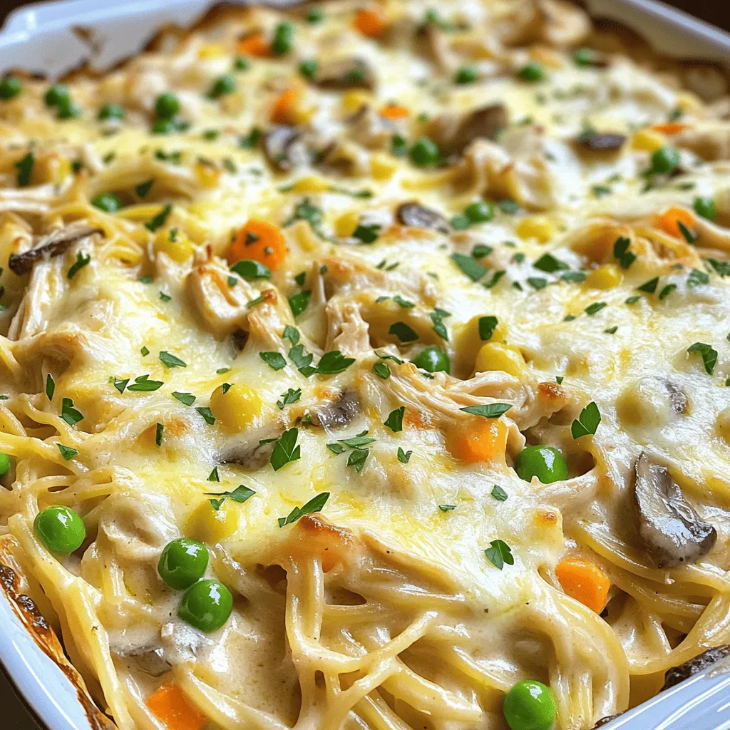 To make easy chicken tetrazzini, you need a few key ingredients. Each one adds flavor and texture to this comforting dish. Here’s what you’ll need: - 2 cups cooked chicken, shredded - 8 ounces spaghetti or your preferred pasta - 1 cup fresh sliced mushrooms - 1/2 cup frozen peas - 1 cup diced, cooked carrots - 1/4 cup unsalted butter - 1/4 cup all-purpose flour - 2 1/2 cups low-sodium chicken broth - 1 cup whole milk - 1 teaspoon garlic powder - 1 teaspoon onion powder - 1 teaspoon dried thyme - Salt and freshly ground black pepper to taste - 1 cup shredded mozzarella cheese - 1/2 cup grated Parmesan cheese - Fresh parsley, finely chopped for garnish (optional) These ingredients work together to create a creamy, hearty meal. Each component plays an important role. The chicken gives protein, while the pasta provides a nice base. The vegetables add color and nutrition, and the cheese gives that gooey goodness. For the full recipe, check out the details above. 1. Preheating the oven: First, set your oven to 350°F (175°C). This lets it warm up while you cook. 2. Cooking the pasta al dente: Next, boil a big pot of water. Add your spaghetti and cook it until it is just al dente. This means it should still have a bit of bite. Once it's done, drain it well and put it aside. 1. Sautéing the mushrooms: In a large skillet, melt the butter over medium heat. Then, add the sliced mushrooms. Sauté them for about 3 to 4 minutes. You want them to be soft and golden. 2. Making the roux and sauce: After the mushrooms are ready, sprinkle the flour over them. Stir in garlic powder, onion powder, and dried thyme. Cook this mixture for 1 to 2 minutes until it becomes smooth and bubbly. Next, whisk in the chicken broth and whole milk. Keep stirring until the sauce thickens, which takes about 5 minutes. 1. Mixing in chicken and vegetables: Once the sauce is thick, add the shredded chicken, frozen peas, and diced carrots. Season the mix with salt and pepper. Make sure everything is mixed well. 2. Preparing for baking and adding cheese: In a big bowl, gently fold in the cooked spaghetti with the chicken and sauce mixture. Once combined, transfer this creamy mix into a greased 9x13 inch baking dish. Spread it evenly. Finally, sprinkle the shredded mozzarella and grated Parmesan cheese on top. Baking brings all these flavors together, making a warm and comforting dish. For the full recipe, check out the details above! Perfecting the pasta texture To achieve the best pasta texture, cook it al dente. This means it should be firm when bitten. Follow the package instructions but check a minute earlier. Drain the pasta and rinse it briefly in cold water. This stops the cooking process and helps keep it from getting mushy in the bake. Mastering the cheese melting process For the cheese to melt perfectly, use fresh mozzarella and Parmesan. Grate them yourself for better texture and flavor. Spread the cheese evenly over the top. This ensures every bite has cheesy goodness. Bake until the cheese is bubbly and golden. Watch closely so it doesn’t burn. Best ways to serve and present Serve the chicken tetrazzini hot. Use individual bowls for a nice touch. Garnish with fresh parsley for color. This simple addition makes it look more inviting and adds a pop of flavor. You can also sprinkle some extra cheese on top just before serving. Pairing with side dishes Pair the tetrazzini with a light side salad. A simple green salad with a lemon vinaigrette works well. It adds freshness and balances the richness of the dish. You might also serve it with crusty bread to soak up the creamy sauce. {{image_4}} You can easily change the protein in this dish. Instead of chicken, use turkey or shrimp. Both options work well and add unique flavors. If you want a lighter meal, shrimp gives a nice twist. Turkey is a great choice for holiday leftovers. For those who need gluten-free options, try using gluten-free pasta. Many brands offer great alternatives that taste good. Make sure to check the package instructions for cooking times, as they may differ from regular pasta. You can boost the taste of your chicken tetrazzini by adding spices or herbs. Consider using Italian seasoning, paprika, or cayenne for a spicy kick. Fresh herbs like basil or parsley can also brighten the dish. Incorporating different vegetables makes the meal more colorful and nutritious. You can add bell peppers, spinach, or broccoli. Just chop them small and mix them into the sauce. This not only adds flavor but also makes your dish look great and appetizing. For the full recipe, check out the complete guide to making this creamy dish. To keep your chicken tetrazzini fresh, store it in an airtight container. Place it in the fridge if you plan to eat it within three days. For longer storage, freeze the tetrazzini in a freezer-safe container. Be sure to label the container with the date. This helps you track how long it's been frozen. - Best refrigeration practices: Allow the dish to cool first. Then, cover it tightly to avoid drying out. - Freezing tips: Portion the tetrazzini into smaller containers. This makes it easier to reheat only what you need. To enjoy your leftovers, reheating is key. Use the oven or microwave to warm them up. - Methods for reheating without losing texture: If using the oven, preheat to 350°F (175°C). Place the tetrazzini in a baking dish and cover it with foil. This keeps moisture in. Heat for about 20 minutes or until warm. - How to refresh leftovers: If you want to revive the dish, add a splash of milk before reheating. Stir well to mix it in. This keeps the sauce creamy and delicious. You can prepare Chicken Tetrazzini in advance. First, cook and mix all the ingredients. Place the mixture in a baking dish, but do not bake it yet. Cover it tightly with plastic wrap or foil. You can store it in the fridge for up to two days. When you are ready to eat, just bake it as directed. Yes, rotisserie chicken works well for Chicken Tetrazzini. It saves you time and adds great flavor. Just shred the chicken and mix it into your sauce. This makes the dish even quicker and easier. If you lack heavy cream, you can use whole milk instead. You can also mix milk with a bit of butter to mimic the cream's richness. This helps keep your dish creamy without altering the taste too much. To reheat Chicken Tetrazzini, use the oven for the best results. Preheat the oven to 350°F (175°C) and place the dish inside. Cover it with foil to avoid drying out. Heat for about 20 minutes or until it is warm throughout. You can also use the microwave, but it might lose some texture. For the full recipe, check out the details above! In this blog post, we explored the tasty and simple Chicken Tetrazzini recipe. We discussed the key ingredients, from chicken and pasta to cheese and veggies. You learned the step-by-step process for making the dish, with tips for perfecting texture and flavors. We also shared ideas for variations and how to store leftovers effectively. Embrace your cooking journey to create a delightful Chicken Tetrazzini. Enjoy experimenting with your own twists to make it your unique dish!