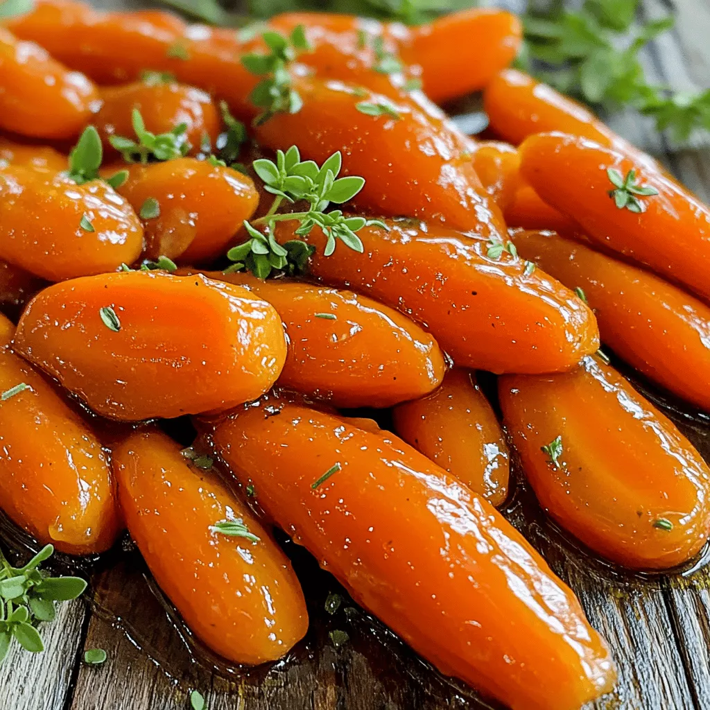 To make delicious honey glazed carrots, you need simple ingredients. Here’s what you will need: - 1 pound baby carrots (or 3-4 medium regular carrots, peeled and cut into sticks) - 3 tablespoons honey - 2 tablespoons unsalted butter - 1 teaspoon fresh thyme leaves (or ½ teaspoon dried thyme) - Salt and freshly ground black pepper to taste - 1 tablespoon freshly squeezed lemon juice - 1 tablespoon chopped fresh parsley (for garnish) These ingredients blend perfectly to create a sweet and savory side dish. The honey adds a lovely glaze, while the thyme gives it a nice flavor. You can use baby carrots for convenience, or regular carrots if you prefer. Just cut them into even sticks for even cooking. This recipe is not just easy, it’s also fun to make. The vibrant colors will brighten your table. Feel free to adjust the honey or thyme to match your taste. For the full recipe, check out the instructions I provided earlier. Enjoy making this sweet treat! - Start by washing 1 pound of baby carrots under cold water. If you're using regular carrots, peel them first. - Next, cut the carrots into even sticks, about 2-3 inches long. This helps them cook evenly. - In a large skillet, melt 2 tablespoons of unsalted butter over medium heat until it bubbles gently. - Add the prepared carrots to the skillet and sauté them for about 5 minutes. Stir occasionally until they start to soften but still have a bit of crunch. - Drizzle 3 tablespoons of honey over the carrots. Stir gently to coat each piece in the sweet glaze. - Sprinkle in 1 teaspoon of fresh thyme leaves, along with a pinch of salt and freshly cracked black pepper. This adds great flavor. - Continue to cook for another 5-7 minutes. This helps the honey caramelize while the carrots soften just right. Stir often to avoid burning. - Once the carrots reach your preferred tenderness, take the skillet off the heat. Squeeze in 1 tablespoon of freshly squeezed lemon juice and mix everything well. This balances the sweet and savory. - Finally, transfer the glazed carrots to a serving dish. For a nice finish, sprinkle 1 tablespoon of chopped fresh parsley on top before serving. For the full recipe, check the detailed steps provided above. Enjoy making this tasty side dish! To cook honey-glazed carrots evenly, use uniform carrot pieces. If using regular carrots, cut them into sticks about 2-3 inches long. This ensures they cook at the same rate. Start by melting unsalted butter in a skillet over medium heat. This method helps caramelize the honey well. Stir the carrots often while cooking. This way, they will not stick to the pan. For perfect caramelization, add honey after the carrots soften. Let the carrots cook for 5-7 minutes in the honey. This creates a beautiful glaze. Keep an eye on them to avoid burning. If they start to stick, lower the heat slightly. If you want to try a different flavor, use maple syrup instead of honey. This adds a sweet, earthy taste. You can also use agave nectar for a milder sweetness. Fresh herbs can elevate the dish. Instead of thyme, try rosemary or dill for a unique twist. Honey-glazed carrots pair well with many dishes. They go great with roasted meats or grilled fish. You can also serve them with rice or quinoa for a healthy meal. To make your dish stand out, arrange the carrots in a colorful serving bowl. Add a sprinkle of parsley on top for a fresh look. This will make the dish pop and impress your guests. For the full recipe, check the earlier section. {{image_4}} Honey glazed carrots can be many things. You can spice them up with chili flakes for heat. This simple twist adds a fun kick. The sweet honey pairs well with the spice. Another fun option is honey maple glazed carrots. Just mix honey with maple syrup. This gives a rich, sweet flavor. You will enjoy the deep taste. It’s perfect for a special dinner or a cozy meal. You can make honey glazed carrots vegan with plant-based butter. This keeps the dish creamy and rich. It tastes just as good, and everyone can enjoy it. If you want a low-carb option, try using less honey. You can also swap in a sugar substitute. This way, you keep the sweet taste, but with fewer carbs. Enjoy your carrots while staying on track with your diet. To store leftovers of honey-glazed carrots, place them in an airtight container. Make sure the carrots cool down before sealing the lid. This helps keep them fresh for later. You can keep them in the fridge for up to 3 days. After three days, the carrots might lose their taste and texture. Always check for any signs of spoilage before eating. If they look or smell off, it’s best to toss them. To freeze honey-glazed carrots, start by letting them cool completely. Spread the carrots in a single layer on a baking sheet and freeze for about 1-2 hours. This prevents them from sticking together. Once frozen, transfer the carrots to a freezer-safe bag or container. For the best quality, try to use them within 3 months. When you’re ready to reheat, remove the carrots and place them in a pot with a little water. Heat them on low until warm. You can also microwave them for quicker results. Just cover the dish to keep moisture in. This way, you can enjoy those sweet and flavorful carrots again! For the full recipe of honey-glazed carrots, check out the earlier section. How long do carrots take to cook? Carrots usually take about 10 to 15 minutes to cook. This time can vary based on the size of the pieces. For honey-glazed carrots, cook them until they are tender but still slightly firm. Keep an eye on them to avoid overcooking. Can I make honey-glazed carrots ahead of time? Yes, you can prepare honey-glazed carrots ahead of time. Cook them, let them cool, and store them in the fridge. When ready to serve, gently reheat them in a skillet. Add a touch of honey to refresh their flavor. What can I serve with honey-glazed carrots? These carrots pair well with many dishes. Try serving them with roasted chicken, grilled fish, or a hearty beef stew. They also complement rice or quinoa nicely, adding a sweet touch to your meal. Can I use brown sugar instead of honey? You can use brown sugar, but it will change the flavor. Honey adds a floral sweetness, while brown sugar has a deeper, molasses-like taste. If you prefer that flavor, go ahead and use brown sugar. Are there health benefits to eating carrots? Yes, carrots are good for you! They are high in vitamins A and C. These vitamins help your eyes and skin stay healthy. Carrots are also low in calories and have fiber, which is great for digestion. Do I need to peel baby carrots? No, you don’t have to peel baby carrots. They are usually washed and ready to eat. If you use regular carrots, peel them for a smoother texture and taste. What is the best way to cut carrots for cooking? The best way is to cut them into even sticks. This ensures they cook at the same rate. Aim for pieces about 2-3 inches long. This size is perfect for honey-glazing and helps them absorb the flavors well. In this post, we explored how to make delicious honey-glazed carrots. We covered the essential ingredients, easy step-by-step cooking instructions, and tips for perfection. You learned about clever substitutions, serving ideas, and how to store or freeze leftovers. Remember, honey-glazed carrots can be flexible, with many variations to try. Whether you prefer spicy or sweet, these tips can help you create the perfect dish. Enjoy making this simple and tasty side that will impress everyone at your table. Happy cooking!