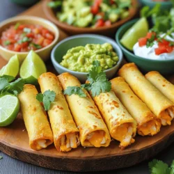 - 2 cups cooked chicken, shredded - 1 cup cream cheese, softened - 1 cup shredded cheddar cheese - 1 teaspoon garlic powder - 1 teaspoon onion powder - 1 teaspoon ground cumin - 1 teaspoon chili powder - 1/2 teaspoon sea salt - 1/4 teaspoon black pepper - 12 small corn tortillas - Cooking spray or olive oil for brushing - Optional toppings: salsa, guacamole, sour cream Gather these ingredients for your baked chicken taquitos. The chicken is your base. It brings protein and flavor. I like using rotisserie chicken for ease. Cream cheese adds creaminess and holds the filling together. Cheddar brings a nice sharp taste. Next, we have the seasonings. Garlic and onion powders give depth. Cumin and chili powder add warmth and a bit of spice. Salt and pepper enhance all the flavors. Corn tortillas are key to making taquitos. They are sturdy yet soft when warmed. A light spray of oil helps achieve that crispy texture. For toppings, get creative! Fresh salsa brings brightness, while guacamole adds creaminess. Sour cream cools down the heat. You can mix and match to your taste. For the complete preparation steps, check the Full Recipe. Enjoy the process! - Preheat oven to 425°F (220°C) - Line a baking sheet with parchment paper First, I start by preheating my oven. Setting it to 425°F (220°C) ensures that the taquitos will bake evenly. I also line my baking sheet with parchment paper. This step prevents sticking and makes cleanup easier. - Combine chicken, cream cheese, cheddar cheese, and seasonings - Ensure mixture is smooth and well incorporated Next, I mix the filling. In a large bowl, I combine shredded chicken, softened cream cheese, shredded cheddar cheese, and seasonings like garlic powder and cumin. I stir until everything blends well. The mixture should be smooth and creamy. This is the heart of the taquito, so I make sure it’s well mixed. - Warm tortillas in a damp paper towel - Roll and secure the filling in each tortilla To work with the corn tortillas, I warm them first. I wrap them in a damp paper towel and microwave for about 30 seconds. This helps them stay soft and flexible. Once warm, I take about two tablespoons of the filling and place it in the center of each tortilla. I roll each one tightly, tucking in the ends to keep the filling secure. - Arrange taquitos on the baking sheet - Spray or brush with oil before baking - Bake for 15-20 minutes until golden brown Now, I arrange the rolled taquitos seam-side down on my baking sheet. I make sure they don’t touch each other, allowing for even cooking. To get that perfect crunch, I lightly spray the tops with cooking spray or brush them with olive oil. Then, I pop them in the oven. I bake for about 15-20 minutes. I look for a golden brown color to know they are ready. To get your taquitos crispy, use seasoned oil spray. Just add a pinch of salt or spice to your oil. This gives your taquitos added flavor and a golden crust. Always avoid overcrowding your baking sheet. If they touch, they will steam instead of crisp. Space them out for even cooking. Garnish your taquitos with fresh cilantro and lime wedges. This not only looks nice but also adds bright flavors. Serve with a variety of dips. Try fresh salsa, creamy guacamole, or cool sour cream. Each dip brings a new taste to your meal. You can prepare the filling in advance. Store it in the fridge for up to two days. This saves time on busy days. You can also freeze raw taquitos for later baking. Just wrap them tightly to avoid freezer burn. When ready, bake them straight from the freezer. This makes for a quick meal! For the full recipe, check the section above. {{image_4}} You can swap the chicken for beef, pork, or even beans. Each option gives a new taste. For a fun twist, add smoky chipotle. This spice brings a deeper flavor that adds warmth and excitement to your taquitos. If you want a kick, try using pepper jack or queso fresco. Both add a nice heat to your dish. If you follow a plant-based diet, vegan cheese is a great choice. It melts nicely and keeps the flavor you love. Don’t stop at just chicken and cheese. You can add veggies like bell peppers or spinach for extra nutrition. This makes your meal colorful and tasty. Feel free to change up the spices too. A little cumin or paprika can make a big difference. Experiment and find your favorite mix! Store any leftover taquitos in an airtight container. Keep them in the fridge. You should eat them within 3-4 days for the best taste and quality. You can freeze taquitos, either cooked or uncooked. Wrap them tightly in plastic wrap or foil. This helps stop freezer burn, so they stay fresh. They can last up to three months in the freezer. To reheat, bake taquitos at 350°F (175°C) for crispy results. This will keep them crunchy. If you're in a hurry, you can microwave them instead. Just heat them for a minute or two until hot. Enjoy your tasty taquitos! Don't forget to check the Full Recipe for more details. Corn tortillas are the best choice for taquitos. They have a great flavor and texture. You can also use flour tortillas if you prefer. They are softer and easier to roll. Yes, you can make these taquitos gluten-free. Just use gluten-free tortillas. Make sure to check the seasonings too, as some may have gluten. To stop the tortillas from cracking, warm them in the microwave. Wrap them in a damp paper towel and heat for about 30 seconds. This makes them soft and easy to roll. You can serve these taquitos with many tasty options. Try salsa, guacamole, or sour cream. A fresh salad also pairs well with them. These dips add flavor and fun to your meal. The prep time for these taquitos is 15 minutes. The cooking time is about 20 minutes. So, the total time is just 35 minutes. You can enjoy them quickly! Baked chicken taquitos are easy and fun to make. You combine chicken, cream cheese, and spices, then wrap them in tortillas. Bake until crispy for a tasty treat. Consider trying different proteins or adding veggies for fun flavors. Store leftovers well for later snacking. These taquitos prove that simple meals can be delicious, quick, and satisfying. Enjoy your cooking adventure!