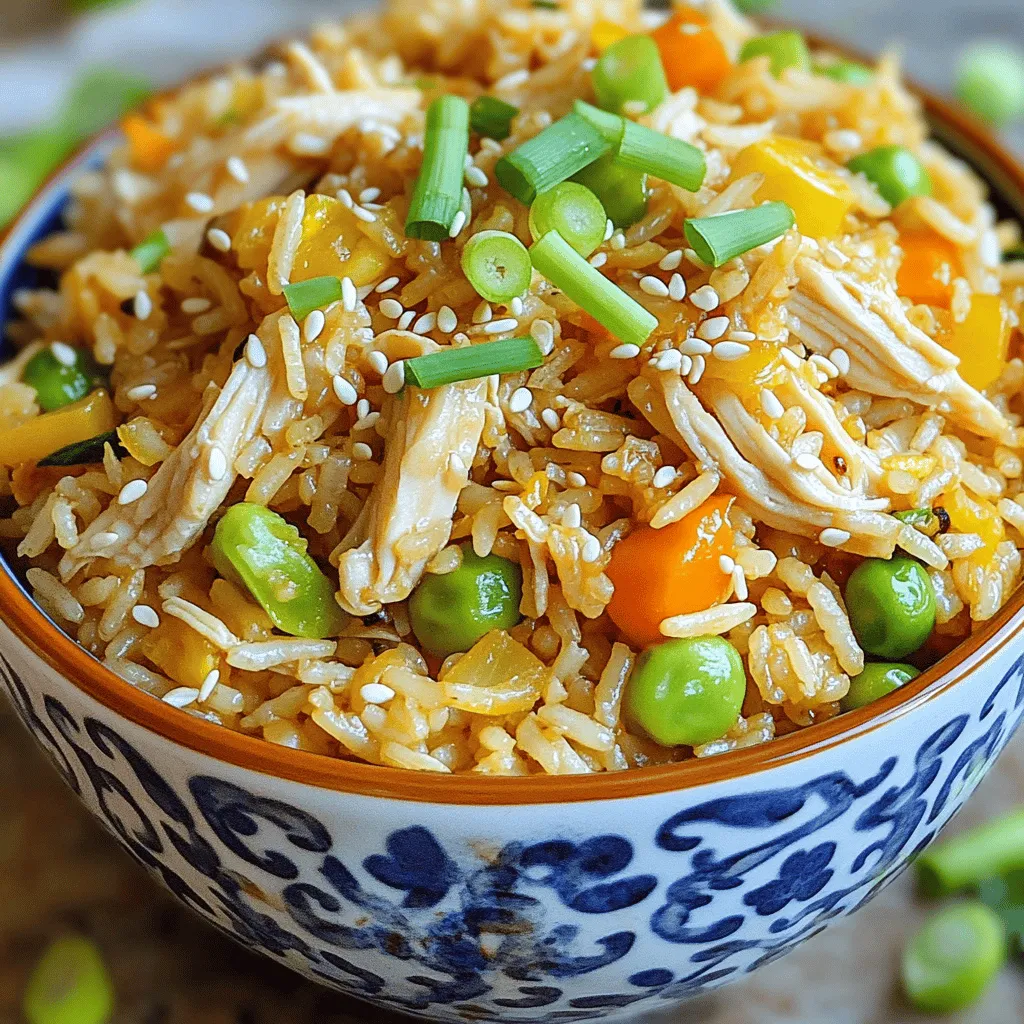 - 2 cups cooked jasmine rice - 1 cup cooked chicken, shredded or diced - 2 tablespoons vegetable oil - 1 medium onion, finely chopped - 2 cloves garlic, minced - 1 cup mixed vegetables (peas, carrots, and corn) - 3 green onions, sliced - 3 tablespoons soy sauce - 1 tablespoon sesame oil - Salt and pepper, to taste Gathering the right ingredients is key to making classic chicken fried rice. Start with 2 cups of cooked jasmine rice. Using day-old rice gives you the best texture. This rice stays firm and does not clump. Next, have 1 cup of cooked chicken, either shredded or diced. You can use leftover chicken for a quick meal. You will need 2 tablespoons of vegetable oil for cooking. This oil helps fry the rice and gives it a lovely flavor. For extra taste, grab 1 medium onion, finely chopped, and 2 cloves of minced garlic. These will add a rich aroma to your dish. Don't forget the 1 cup of mixed vegetables. Peas, carrots, and corn work well together. They bring color and nutrition. For seasoning, you’ll need 3 green onions, sliced for garnish, 3 tablespoons of soy sauce, and 1 tablespoon of sesame oil. These ingredients create a savory and slightly nutty taste. Lastly, add salt and pepper to taste. With these ingredients, you are ready to follow the full recipe and make a delicious meal! Using day-old rice makes a real difference. It has less moisture. This helps prevent mushiness in your dish. Cold rice is key for great texture. If you have fresh rice, spread it out on a plate. Let it cool in the fridge for about 30 minutes. This way, it will break apart easily and not clump together. Start by heating vegetable oil in a large skillet. I like to use medium-high heat. Add the chopped onion and sauté it for 2-3 minutes. You want the onions to turn soft and clear. Then, stir in minced garlic. Cook it for about 30 seconds. This will bring out its rich flavor without burning it. Now, add the mixed vegetables. Stir-fry these for 3-4 minutes. They should look tender and colorful. Keep stirring to stop them from sticking to the pan. Next, push the veggie mix to one side of the skillet. Pour the beaten eggs into the open space. Scramble them until they are fully cooked. Once cooked, mix the eggs back into the vegetable medley. Now, it’s time to add the chicken. Toss in your shredded or diced chicken and mix it well. This helps spread the chicken evenly. Now, add the cold rice. Break up any clumps as you mix everything. Drizzle soy sauce and sesame oil over the top. Stir well to coat all the ingredients. Keep cooking for another 4-5 minutes. This will heat everything through and add a nice flavor. Finally, fold in sliced green onions and season with salt and pepper to taste. You can find the full recipe here. Using cold, cooked rice is vital for good fried rice. Fresh rice has too much moisture. This can make your dish mushy. Cold rice breaks apart easily. It also helps the grains fry better. If you use day-old rice, it’s perfect for this dish. Adjust your cooking times for the texture you want. For softer rice, cook it a bit longer. For a firmer bite, reduce your cooking time. Stir-frying is quick, so keep an eye on your rice. The stir-frying method gives chicken fried rice its authentic taste. Use a large skillet or a wok. High heat is key for this method. It helps to cook the rice fast. Slight browning adds depth and flavor. Make sure to keep stirring. This keeps the rice from sticking. It also allows for even cooking. Enjoy the sizzling sound as you cook. That’s a good sign your dish is coming together! Garnishing makes your dish pop. Use sliced green onions for color and crunch. A sprinkle of sesame seeds adds a nice touch too. Pair your chicken fried rice with side dishes. Bright salads or crispy spring rolls work well. This creates a balanced meal. It’s all about the colors and flavors on your plate! {{image_4}} You can switch chicken for other proteins like shrimp or tofu. Shrimp gives a sweet and tender taste. Tofu works well for a vegan option. When using tofu, choose firm varieties. Simply cube the tofu and sauté until golden. This choice keeps your meal tasty and healthy. The great thing about fried rice is its flexibility with veggies. You can use seasonal favorites like bell peppers, broccoli, or snap peas. Fresh herbs like cilantro or basil add a pop of flavor. They brighten your dish and make it more vibrant. Try mixing in what you love for a personalized touch. Different cultures have their own takes on chicken fried rice. In Indonesia, they often add sweet soy sauce for a darker color. Chinese fried rice might include oyster sauce for depth. In some areas, they use unique spices, like curry powder. These variations show how adaptable this dish can be. To keep your chicken fried rice fresh, let it cool first. This helps avoid moisture build-up. Once cool, transfer it to an airtight container. This keeps the rice from drying out and helps maintain its flavor. The best way to reheat fried rice is in a skillet. Heat it over medium-high heat. Add a splash of water or oil to keep it moist. Stir it often to heat evenly. You can also use the microwave but be careful. Cover it with a damp paper towel to keep it from drying out. You can store chicken fried rice in the fridge for up to four days. For longer storage, you can freeze it. Place it in a freezer-safe container. It will last for about three months in the freezer. When you’re ready to eat it, just thaw it overnight in the fridge before reheating. You can enhance the taste of chicken fried rice with a few simple tips: - Use soy sauce: Add more soy sauce for a richer flavor. - Add sesame oil: A drizzle of sesame oil brings a nutty taste. - Try oyster sauce: This adds depth and sweetness. - Include spices: A touch of white pepper gives warmth. - Fresh herbs: Chopped cilantro or basil brightens the dish. Mix these flavors well, and you will have a tasty meal. Yes, you can use frozen vegetables for chicken fried rice. Here are the benefits: - Convenience: Frozen veggies save time and prep work. - Freshness: They are often frozen right after harvest, keeping nutrients. - Variety: You can find mixed bags with peas, carrots, and corn. Frozen vegetables heat quickly in the pan, making them easy to use. The best rice for chicken fried rice is jasmine rice. Here’s why: - Texture: Jasmine rice has a fluffy texture that separates well. - Flavor: It has a natural fragrance that enhances the dish. If you can’t find jasmine rice, here are alternatives: - Long-grain white rice: This also works well. - Brown rice: A healthier option with more fiber. - Basmati rice: Offers a different flavor profile. For the best results, use cold, cooked rice. You can check the [Full Recipe] for more details. Chicken fried rice is a simple and tasty dish. You need cooked rice, chicken, and basic veggies. Cook with high heat and use cold rice for the best taste. You can swap proteins or add fresh herbs. Store leftovers well and reheat to keep flavor. Enjoy making this dish your own with your favorite ingredients. Happy cooking!