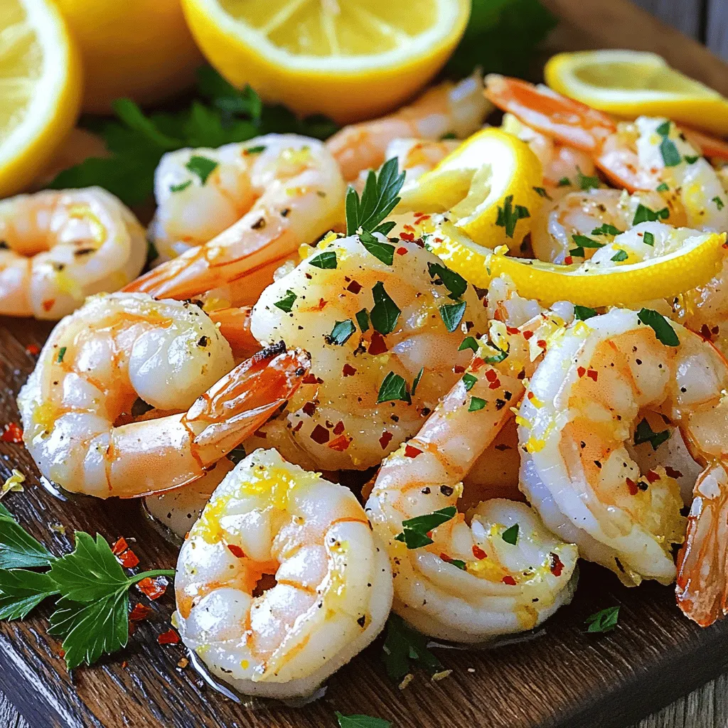 - 1 pound large shrimp, peeled and deveined - 4 cloves garlic, finely minced - 1/4 cup freshly squeezed lemon juice - Zest of 1 large lemon - 1/4 cup extra virgin olive oil - 1 teaspoon red chili flakes (optional) - 1/2 teaspoon sea salt - 1/4 teaspoon freshly cracked black pepper - 2 tablespoons fresh parsley, finely chopped - Lemon slices, for garnish When I make Zesty Lemon Garlic Shrimp, I start with fresh, high-quality ingredients. Fresh shrimp is key, so look for large, firm shrimp. The garlic adds a punch of flavor, while the lemon juice and zest brighten the dish. The olive oil brings everything together, giving the shrimp a lovely sheen. For seasoning, I use sea salt and black pepper, which enhance the natural taste of the shrimp. If you like a kick, add red chili flakes for some heat. Fresh parsley not only adds color but also a fresh taste. Finally, lemon slices make for a beautiful garnish. They add a vibrant touch to the plate. You can find the full recipe for Zesty Lemon Garlic Shrimp with all these ingredients in one place. Enjoy crafting this simple, zesty dish! - Combine olive oil, garlic, lemon juice, and zest in a bowl. - Add seasonings and whisk until blended. - Toss shrimp in marinade and let sit for 15-20 minutes. Marinating gives the shrimp a zesty flavor. The lemon juice adds brightness. Garlic brings depth, making each bite exciting. - Preheat skillet over medium-high heat. - Cook shrimp in a single layer for 2-3 minutes on one side. - Flip and cook for another 1-2 minutes, until opaque. The skillet should be hot. A good sear makes the shrimp tasty. Watch for the color change to know they are done. - Sprinkle with fresh parsley. - Serve immediately with lemon slices. Fresh parsley adds color and aroma. Lemon slices enhance the dish's brightness. Enjoy your zesty lemon garlic shrimp hot! For the complete guide, check the Full Recipe. To make your shrimp burst with flavor, marinate them well. Let them soak for at least 15-20 minutes. This step allows the shrimp to absorb the zesty lemon and garlic. If you like a kick, adjust the chili flakes. Add more for heat or skip them for a milder taste. Cooking shrimp perfectly requires care. Avoid overcrowding the skillet. Cook in a single layer for even heat. This ensures that every shrimp gets a nice sear. Use high heat to lock in flavor and create a lovely crust. Make your dish pop by serving it on a bed of fluffy rice. You can also pair it with a crisp green salad. To add a fresh touch, garnish with lemon slices. They add color and enhance the zesty flavor. For the complete recipe, check out the Full Recipe section. {{image_4}} You can make your dish even better by adding vegetables. Bell peppers give a nice crunch. Asparagus adds a fresh taste. Both pair well with shrimp. Zucchini is another great choice. It’s light and cooks quickly. You can chop these veggies and sauté them with the shrimp. This makes a colorful and tasty plate. Want to change things up? Try using different proteins. Scallops are a good swap for shrimp. They cook in about the same time. Chicken is another option that many enjoy. Just cut it into small pieces. If you prefer a vegetarian dish, use tofu. It soaks up flavors well and can be just as delicious. To make your dish pop even more, add fresh herbs. Thyme brings a nice aroma. Dill adds a unique taste that works well with lemon. You can also splash in some white wine. It gives a rich flavor that makes the dish stand out. These small changes can take your Zesty Lemon Garlic Shrimp to the next level. For the full recipe, check the section earlier. Store cooked shrimp in an airtight container. This keeps them fresh and safe. The shrimp taste best within 1-2 days. After that, they may lose flavor and texture. Warm the shrimp in a skillet over low heat. This method helps maintain their texture. Avoid using the microwave, as it can make the shrimp tough. Take your time, and they will taste great again! You can freeze uncooked marinated shrimp for later use. This is a great way to save time. When you are ready to cook, thaw the shrimp in the refrigerator. This keeps them safe and tasty. For the best flavor, use thawed shrimp right away. Look for a pink color and opaque texture to determine doneness. When shrimp cook, they change from gray to a lovely pink. They also become less shiny and more firm. If you see these signs, your shrimp are ready to eat. Overcooking can make shrimp tough, so keep an eye on them. It's best to cook the shrimp right before serving for freshness. However, you can prepare the marinated shrimp earlier. Just keep them in the fridge until you are ready to cook. Marinating adds great flavor, so don’t skip this step. This dish pairs well with rice, pasta, or a fresh green salad for a complete meal. Rice absorbs the sauce nicely, while pasta adds heartiness. A salad brings a crunchy contrast to the shrimp. You can mix and match as you like! Yes, adding red chili flakes or fresh diced chili can enhance the heat level. If you enjoy spice, feel free to adjust the amount to your taste. Start with a little and add more if needed. This simple change can transform the whole dish! This blog post shared a simple method for making Zesty Lemon Garlic Shrimp. We covered the main ingredients, the steps to marinate and cook the shrimp, and tips for great flavor. Remember to let the shrimp sit in the marinade for tasty results. Feel free to get creative with veggies or different proteins for variety. With these tips, you can enjoy this dish fresh and flavorful. Whether you cook it for yourself or share it with others, dinner will be a hit. Enjoy your cooking and happy eating!