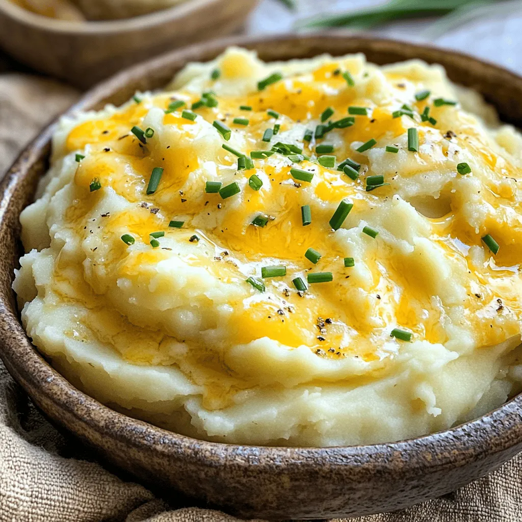 - 2 pounds Yukon Gold potatoes - 4 cloves garlic - 1 cup sharp cheddar cheese - ½ cup cream cheese - ½ cup unsalted butter - ½ cup whole milk - Salt and pepper - ¼ cup fresh chives Cheesy garlic mashed potatoes need simple and fresh ingredients. The Yukon Gold potatoes give a smooth texture. They have a natural buttery flavor. Garlic adds a bold kick. Sharp cheddar cheese brings richness and depth. I choose cream cheese for its tangy taste. Unsalted butter makes the dish creamy and rich. Whole milk adds the right amount of moisture. Seasoning with salt and pepper enhances all the flavors. Fresh chives add color and a mild onion taste. Use this full recipe to gather your ingredients. I promise, these cheesy garlic mashed potatoes will delight your taste buds! Start by preparing your pot. Choose a large, heavy pot. Place the cubed Yukon Gold potatoes inside. Cover them with cold water, ensuring the potatoes are fully submerged. Add a generous pinch of salt to the water. Bring the pot to a vigorous boil over medium-high heat. Once boiling, reduce the heat. Maintain a gentle simmer. Cook the potatoes until they are fork-tender, which takes about 15 to 20 minutes. You can check doneness by poking a potato with a fork. If it slides off easily, the potatoes are ready. While the potatoes cook, prepare the garlic-infused butter. In a small saucepan, melt the unsalted butter over low heat. Keep an eye on it until it becomes frothy. Then, add the minced garlic. Cook for 1 to 2 minutes while stirring frequently. You want the garlic to be fragrant but not browned. Take the saucepan off the heat and set it aside. This step gives your mashed potatoes a rich, garlicky flavor. Once the potatoes are tender, drain them in a colander. Return them to the pot while they’re still hot. Use a potato masher or a ricer to mash the potatoes. Aim for a smooth and creamy texture, free of lumps. Next, pour in the melted garlic butter. Add the softened cream cheese and freshly grated sharp cheddar cheese. Pour in the warmed milk. Stir the mixture vigorously until everything is combined and the cheese melts completely. If the potatoes seem too thick, add a splash more of milk for a velvety finish. Finally, season your mashed potatoes generously with salt and freshly cracked black pepper. Taste and adjust the seasoning as needed. For a beautiful presentation, transfer the cheesy garlic mashed potatoes to a serving bowl. Top with chopped fresh chives for a pop of color. Enjoy this delightful dish! For the full recipe, visit the [Full Recipe]. Yukon Gold potatoes shine for mashed potatoes. They are creamy and buttery. Other potatoes, like Russets, can be dry and fluffier. Yukon Golds hold moisture well, giving you a rich texture. Their smooth skin also means less peeling. You get a great taste with less effort. Cheese can take your mashed potatoes to new heights. Sharp cheddar cheese adds a tangy depth. Cream cheese creates a smooth and creamy experience. You can also try mozzarella for a stretchy pull. Gruyere offers a nutty flavor that pairs well too. Mix and match to find your favorite combo! The right balance makes all the difference. Start with Yukon Golds for creaminess. Add warm milk for a smooth blend. Use garlic-infused butter for a savory kick. Don't forget to season well with salt and pepper. Taste as you mix to get it just right. Adjust until you find your perfect flavor. You want every bite to be simply delightful! {{image_4}} You can easily customize cheesy garlic mashed potatoes. Adding crispy bacon gives a salty crunch. Fresh herbs like rosemary or thyme add a burst of flavor. Roasted garlic creates a deeper taste. Just mix these ingredients in when you combine the cheeses. The flavors will blend beautifully, making your dish unique. For gluten-free options, this recipe is naturally safe. Just check your cheese and butter labels. If you want low-carb, substitute potatoes with cauliflower. Steam the cauliflower until soft, then mash it like potatoes. You can still enjoy creamy goodness without the carbs. These mashed potatoes pair well with many dishes. Serve them alongside grilled chicken or steak for a hearty meal. They also complement roasted vegetables beautifully. You can even use them as a base for a savory stew. The creamy texture makes every bite delightful. For more ideas, check out the Full Recipe to find inspiration. To store cheesy garlic mashed potatoes in the refrigerator, let them cool first. Place them in an airtight container. This keeps them fresh and tasty. They will last about three to five days in the fridge. When you want to eat them, just take out the amount you need. If you want to save them longer, freezing is a great option. Use a freezer-safe container or a heavy-duty freezer bag. Make sure to remove as much air as possible before sealing. Label the bag with the date. You can freeze them for up to three months. When you’re ready to eat, thaw them overnight in the fridge. Reheat in the oven or microwave, adding a splash of milk to keep them creamy. For the best taste, enjoy your cheesy garlic mashed potatoes within a few days. Storing them properly helps keep their rich flavor and creamy texture. If they start to smell off or look strange, it's best to toss them. Always trust your senses to judge freshness. You can make cheesy garlic mashed potatoes a day in advance. Just follow the recipe and let them cool. Store them in an airtight container in the fridge. When you’re ready to serve, reheat them gently on the stove or in the oven. Add a splash of milk to keep them creamy. Yes, you can. Feel free to swap sharp cheddar with other cheeses. Try Gruyère for a nutty flavor or mozzarella for stretchiness. Each cheese brings a new taste. Just ensure the cheese melts well for the best texture. Yes, you can make vegan cheesy garlic mashed potatoes. Use vegan butter and plant-based cream cheese. Replace regular cheese with a vegan cheese alternative. You can also add nutritional yeast for a cheesy flavor. This way, everyone can enjoy this dish! If your mashed potatoes are too thick, add a little warm milk. Stir until you reach your desired consistency. You can also add more melted vegan butter or cream cheese for creaminess. Adjust it slowly to avoid making them too runny. To reheat without drying, use low heat. Add a splash of milk while reheating. Stir gently to combine the milk. This will help restore the creamy texture. You can use the stove, microwave, or oven. Just be careful not to overheat them. This blog post covered how to make cheesy garlic mashed potatoes from scratch. We looked at key ingredients like Yukon Gold potatoes, garlic, and cheddar cheese. I shared step-by-step instructions for cooking and mashing, plus tips for the best flavor and texture. Variations and storage tips enhance your cooking experience. Incorporate these ideas to create a tasty dish for any meal. Enjoy the process and impress everyone with your cooking!