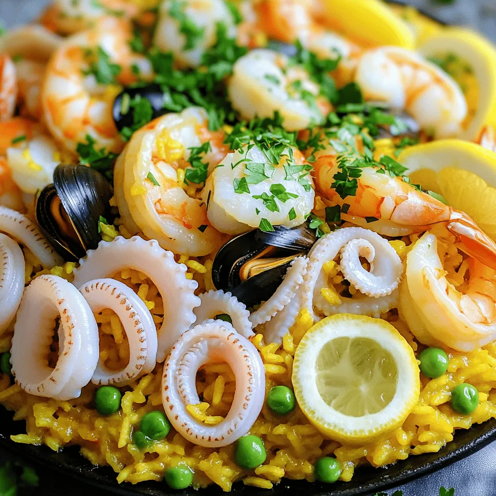 To make a great saffron infused seafood paella, you need quality ingredients. Here’s what you'll need: - 2 cups Bomba rice (or any short-grain rice) - 4 cups seafood stock (made from scratch or store-bought) - 1 small onion, finely chopped - 3 cloves garlic, minced - 1 red bell pepper, diced - 1 cup green peas (fresh or frozen) - 1 teaspoon smoked paprika - 1 pinch of saffron threads - 200g squid, cleaned and cut into rings - 200g shrimp, peeled and deveined - 200g mussels, cleaned thoroughly - 1 tablespoon olive oil - Salt and freshly ground black pepper to taste - Fresh parsley, finely chopped, for garnish - Lemon wedges, for serving These ingredients create layers of taste. The saffron gives a golden hue. Fresh seafood brings the ocean's flavor right to your plate. While the paella stands on its own, some garnishes add flair: - Extra chopped parsley for color - Lemon wedges for brightness - A drizzle of high-quality olive oil for richness These additions enhance the dish. They bring freshness and visual appeal. Fresh seafood is key to great paella. Here are some tips to get the best: - Visit local fish markets for daily catches. - Ask about the catch of the day. Freshness makes a huge difference. - Look for clear eyes and shiny skin on fish. This shows it’s fresh. - For shellfish, choose mussels that close when tapped. Discard any that stay open. Using fresh seafood will elevate your dish. It ensures a delicious and authentic experience. For a full recipe, check the [Full Recipe]. Start by soaking the saffron threads. Use a small bowl and add 2 tablespoons of warm seafood stock. This step helps bring out the bright color and taste of the saffron. Let it sit while you move on to the next steps. In a large paella pan or wide skillet, heat 1 tablespoon of olive oil over medium heat. Once hot, add the finely chopped onion and diced red bell pepper. Sauté for about 5 minutes. You want the onion to turn translucent and the peppers to soften. Next, add 3 cloves of minced garlic and 1 teaspoon of smoked paprika into the mix. Cook for another minute and stir to avoid burning. Now, add 2 cups of Bomba rice to the pan. Make sure every grain gets coated in the oil and veggies. Toast the rice for about 2 minutes to bring out its nutty flavor. Then, pour in the remaining 4 cups of seafood stock and the saffron mixture. Stir gently and bring to a gentle simmer. Taste and add salt and pepper to your liking. Once it starts bubbling, lower the heat. Let the rice cook undisturbed for around 15 minutes. This helps create a crispy. After 15 minutes, arrange 200g of cleaned squid, 200g of shrimp, and 200g of mussels on top. Press them lightly into the rice. Cover the pan tightly and cook for another 5-7 minutes until the seafood is cooked and the rice has absorbed most of the broth. Once done, take it off the heat. Let it rest, covered, for 5 minutes. This makes the flavors even better. Scatter 1 cup of green peas over the top, cover again for a minute to warm them through. Finally, garnish with fresh parsley and serve hot with lemon wedges for that extra zing. For the full recipe, check out the details above. Enjoy your flavorful saffron-infused seafood paella! To get that perfect crispy, avoid stirring the rice once it starts to cook. This allows the bottom layer to brown nicely. Cook the paella over low heat for 15 minutes. The heat helps create a golden crust. If you want extra crunch, let it cook for a few more minutes. Just watch it closely to prevent burning. For paella, use Bomba rice. This short-grain rice absorbs the broth well. It holds its shape and gives a nice texture. If you can't find Bomba, you can use Calasparra or Arborio rice. These options work too but may not absorb flavors as well. Remember, the right rice makes a big difference. Cleaning seafood is key for great flavor. For shrimp, peel and devein them. Rinse them under cold water. For mussels, scrub the shells and remove the beards. Discard any that are open. For squid, remove the skin and cut it into rings. Rinse under cold water. This prep ensures your seafood is fresh and clean in your dish. For the complete recipe, check out the Full Recipe section. {{image_4}} If you want a vegetarian paella, you can make it tasty without seafood. Use the same base of Bomba rice and saffron. Replace seafood with vegetables like: - Bell peppers - Zucchini - Artichokes - Eggplant - Green beans You can add beans for protein, like chickpeas or white beans. A mix of seasonal veggies adds color and flavor. You can still enjoy saffron's unique taste with this variation. You can switch up the seafood in your paella to suit your taste. Some great options include: - Clams - Scallops - Crab meat - Lobster Feel free to mix and match different seafood. This helps you create a dish that is exciting and full of flavors. Always choose fresh seafood for the best taste. Want to add some heat? You can spice up your paella easily. Here are a few ideas: - Add diced jalapeños or serrano peppers - Stir in a pinch of cayenne pepper - Use spicy chorizo for a smoky kick These additions bring warmth and depth to your dish. Just remember to balance the heat with the sweetness of the saffron and other ingredients. Enjoy the process of making your paella truly your own! To keep leftover paella fresh, place it in an airtight container. Make sure to cool it down to room temperature before sealing. Store it in the fridge and enjoy it within three days. This helps keep the flavors intact and the seafood safe to eat. When reheating paella, you want to keep it moist. Add a splash of seafood stock or water in a skillet. Heat it on medium-low. Stir gently to ensure even heating. You can also cover it with a lid to trap steam. This method helps revive the dish's texture and taste. If you want to save paella for later, freezing is a great option. Allow it to cool completely. Then, portion it into freezer-safe bags or containers. Remove as much air as possible. Label each bag with the date. You can freeze it for up to three months. When ready to eat, thaw it overnight in the fridge before reheating. This keeps the dish flavorful and enjoyable. For more details, check the Full Recipe. Saffron is the key flavor in paella. It adds a unique taste and vibrant color. This spice comes from the crocus flower. It takes a lot of flowers to make saffron, so it is rare and costly. Yet, just a pinch can elevate the entire dish. It gives paella its traditional taste, making it special. You will notice its warm, slightly sweet flavor with each bite. Saffron also adds a golden hue, making the dish visually appealing. Yes, you can use regular rice, but Bomba rice is best. Bomba rice absorbs flavor well and stays firm. If you use regular rice, choose a short-grain type for the best results. Long-grain rice will not give you the same texture. Cooking times may vary, so check the package for guidance. Bomba rice helps create the crispy, a sought-after feature in paella. To make a low-sodium version, start with homemade seafood stock. This way, you can control the salt. Avoid adding any extra salt during cooking. You can also use herbs and lemon juice for flavor. Fresh herbs like parsley and thyme can enhance taste without extra salt. This keeps the dish flavorful while reducing sodium intake. Enjoy your delicious paella without worrying about salt content. For the full recipe, check the original source. In this blog post, we explored the key ingredients for saffron-infused seafood paella. We provided step-by-step instructions for preparing the dish, from saffron prep to adding seafood. You learned tips for perfecting your paella, storage options for leftovers, and variations to suit your taste. Paella brings friends and family together. With these tips, you can make a delicious meal to share. Enjoy cooking and trying new flavors!