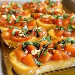 - 6 ripe Roma tomatoes, finely diced - 1 cup fresh basil leaves, chopped - 2 cloves garlic, minced - 3 tablespoons extra virgin olive oil - 1 tablespoon balsamic glaze - Salt and freshly ground black pepper to taste - 1 French baguette, sliced into 1-inch thick pieces - Optional: ½ cup crumbled feta cheese or fresh mozzarella balls for garnish To create a great Tomato and Basil Bruschetta, you need fresh, ripe ingredients. Roma tomatoes work best. Their firm texture holds up well on the bread. Fresh basil adds a bright, herbal flavor. Use whole leaves and chop them gently. Garlic is key for depth. Mince it finely to spread its flavor. Extra virgin olive oil enhances the taste and gives a rich mouthfeel. Balsamic glaze adds a sweet tang and balances the acidity of the tomatoes. Salt and pepper bring out the flavors. Don’t skip these! The French baguette is the base; it should be crispy outside and soft inside. For a twist, you can add crumbled feta cheese or small mozzarella balls for extra creaminess. They make the dish more filling and delicious. You can find the full recipe in the main article. Enjoy making this fresh flavor delight! Start by dicing the Roma tomatoes into small pieces. Use ripe tomatoes for the best taste. Next, chop the fresh basil leaves and mince the garlic cloves. Combine these ingredients in a medium-sized bowl. Then, drizzle in the extra virgin olive oil and add the balsamic glaze. Season with salt and freshly ground black pepper to taste. Toss everything gently until it mixes well. Let it sit for at least 15 minutes. This allows the flavors to meld together, creating a tasty mixture. Preheat your oven to 400°F (200°C). While the oven heats, slice the French baguette into 1-inch thick pieces. Lay the slices on a baking sheet in a single layer. Lightly brush the tops of the slices with olive oil. This step makes the bread crispier. Place the baking sheet in the oven and toast for 5-7 minutes. Keep an eye on them until they turn golden brown and are as crispy as you like. Once the bread cools slightly, it’s time to assemble. Use a spoon to heap the tomato mixture onto each slice of bread. Don’t be shy; pile it on! For extra flavor, consider adding crumbled feta cheese or fresh mozzarella balls on top. You can also drizzle a bit more balsamic glaze over the bruschetta for a sweet touch. Finally, arrange the finished bruschetta on a pretty serving platter. This dish is perfect for sharing and will impress your guests. For the full recipe, check out the details above. - Choosing ripe tomatoes: Always pick firm, red Roma tomatoes. They give the best flavor. Look for tomatoes that feel heavy. This means they have plenty of juice. Avoid any with bruises or soft spots. - Adjusting seasoning levels: Start with a pinch of salt and pepper. Taste the mixture and add more if needed. A little balsamic glaze can also enhance the flavor. Balance is key for the best taste. - Ensuring bread crispiness: Toast the baguette slices for 5-7 minutes. Brush them lightly with olive oil before toasting. This helps create that perfect crunchy texture. - Creative serving methods: Serve the bruschetta on a wooden board for a rustic feel. You can also use a colorful platter to make it pop. Arrange the pieces in a circle or in rows for visual appeal. - Garnishing ideas with basil and tomatoes: Sprinkle extra chopped basil on top. Add a few cherry tomatoes for color. This makes your bruschetta look fresh and inviting. - Tips for prepping in advance: You can prepare the tomato mixture ahead of time. Just store it in the fridge for up to 4 hours. This allows the flavors to blend well. - Storing assembled versus unassembled bruschetta: It’s best to store the bruschetta unassembled. Keep the bread and topping separate. This prevents the bread from getting soggy. Assemble right before serving for maximum freshness. For the full recipe, check out the Tomato and Basil Bruschetta Bliss section. {{image_4}} You can give your bruschetta a Mediterranean twist. Adding feta cheese brings a creamy texture and tangy flavor. Simply crumble some feta on top of the tomato mix. You can also incorporate olives for a briny touch. Use Kalamata or green olives, diced finely, and mix them in with the tomatoes. This adds depth and fun to your dish. If you like some heat, add a spicy kick. Sprinkle chili flakes or slice jalapeños for a zesty touch. Mix these into the tomato blend for a flavorful surprise. You can also use spicy olive oil instead of regular olive oil. This adds warmth and excitement to your bruschetta. Embrace seasonal ingredients to keep it fresh. In summer, add diced bell peppers or zucchini for more crunch. In fall, roasted butternut squash can offer a sweet twist. You can also use different herbs and spices. Try oregano, thyme, or even a hint of mint for unique flavors. This keeps your bruschetta vibrant and interesting all year round. For the full recipe, visit the Tomato and Basil Bruschetta Bliss page. To keep your bruschetta fresh, store the tomato mixture and bread separately. This method helps keep the bread crispy. Place the tomato mixture in an airtight container. It can last up to two days in the fridge. For the bread, wrap it in plastic wrap. It will stay fresh for about three days. Can you freeze bruschetta? Yes, but only the tomato mixture. Freezing the bread can change its texture. To freeze the tomato mix, place it in a freezer-safe bag. Remove as much air as possible before sealing. You can freeze it for up to three months. When ready to use, thaw it overnight in the fridge. To reheat the toasted baguette, use an oven or toaster. Preheat the oven to 350°F (175°C). Toast the bread for about 5 minutes. This method keeps the bread crispy and flavorful. Avoid microwaving, as it can make the bread chewy. For the best taste and texture, enjoy your bruschetta soon after making it. The best bread for bruschetta is a French baguette. Its crust is crispy, and the inside is light. You can also use ciabatta or any crusty bread. These types hold the toppings well and offer great flavor. Yes, you can prepare the tomato mixture a few hours ahead. Just keep it in the fridge. However, I recommend toasting the bread right before serving. This keeps the bread crispy and fresh. To prevent soggy bread, toast it well before adding the tomato mix. You can also brush the bread with olive oil. This extra layer helps keep moisture out. Serve right after topping for the best crunch. Bruschetta pairs well with a variety of dishes. You can serve it with a fresh salad, a charcuterie board, or a creamy soup. For drinks, try pairing it with white wine or sparkling water. Bruschetta is simple yet tasty, and it’s easy to make at home. We covered all the essential ingredients, step-by-step instructions, and tips to perfect your dish. You can even get creative with variations and presentation ideas. Remember, the key to great bruschetta is quality ingredients and good preparation. Enjoy making this delicious appetizer for your next gathering. It will surely impress your friends and family. Happy cooking!