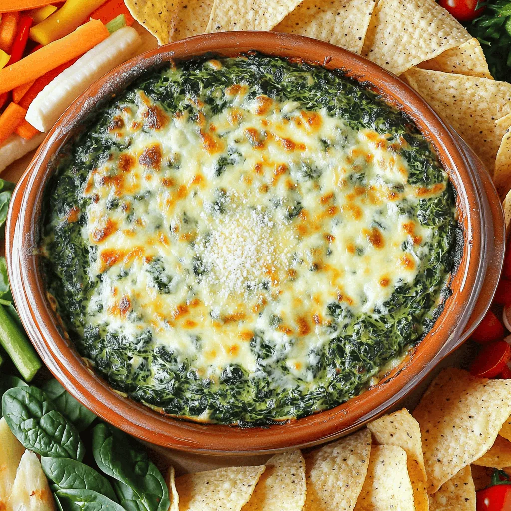 - 2 cups fresh spinach - 1 cup cream cheese - ½ cup sour cream - ½ cup mayonnaise - 1 cup shredded mozzarella cheese - ¼ cup grated Parmesan cheese - 1 clove garlic - 1 teaspoon onion powder - ½ teaspoon salt - ½ teaspoon black pepper - Optional: ½ teaspoon red pepper flakes You can swap cream cheese with ricotta or Greek yogurt. These will change the taste but still keep it creamy. For a vegan dip, use cashew cream for sour cream and a nut-based mayo. You can also replace mozzarella with cheddar or gouda for a different flavor. Fresh spinach tastes bright and vibrant, which is great for this dip. It's easy to chop and has a nice texture. But, frozen spinach is a time-saver. It lasts longer and is just as good when cooked. If using frozen spinach, make sure to thaw it first. Squeeze out excess water to keep the dip from being watery. Before starting, make sure your cream cheese is soft. This helps it blend easily. Also, preheat your oven to 350°F (175°C). This way, your spinach dip bakes evenly and gets bubbly. 1. In a medium bowl, mix the softened cream cheese, sour cream, and mayonnaise. Use a hand mixer or spatula to blend until smooth. 2. Next, fold in the fresh spinach, shredded mozzarella, and grated Parmesan. Add the minced garlic, onion powder, salt, black pepper, and red pepper flakes if you want a kick. Mix well to combine all flavors. 3. Now, transfer this mixture into a baking dish. Smooth it out to form an even layer. Bake your dip in the preheated oven for about 25 to 30 minutes. It’s done when it’s hot and bubbly, with a nice golden top. Check it at 25 minutes to avoid overcooking. When it looks perfect, take it out and let it cool for a few minutes before you serve. For the full recipe, check the mentioned section! You can make this dip before your event. It saves time and stress. To freeze, let the dip cool first. Then, put it in a freezer-safe container. Seal it well to avoid freezer burn. You can freeze it for up to three months. When ready to use, thaw it in the fridge overnight. Reheat it in the oven until hot. For storing leftovers, keep them in an airtight container. This keeps the dip fresh for up to four days. Reheating is easy; just warm it in the oven or microwave. Stir it well to regain its creamy texture. To make your dip more exciting, try adding fresh herbs. Chopped basil or dill can brighten the taste. You can also add spices like cayenne for heat. Just a pinch can change the flavor. For cheese variations, consider using feta or goat cheese. These add a different twist. Mixing cheeses can also create a richer taste. Experiment to find your favorite combo! For ideal dippers, serve with crispy tortilla chips, sliced baguette, or crunchy veggies. Carrot sticks and celery add a nice crunch. These pair well with the creamy dip. For plating, serve the dip in its baking dish. Surround it with your chosen dippers. This makes it look inviting and fun. You can also garnish with fresh herbs for a pop of color. This will impress your guests and make them want to dig in! {{image_4}} To make a spicy spinach dip, you can add jalapeños or other peppers. Fresh or pickled jalapeños work great. You can also go for red pepper flakes for a quick kick. Adjust the number of peppers to match your heat level. If you want a mild dip, start with just a few jalapeños. To create a cheesy spinach dip, try increasing the types and amounts of cheese. Adding sharp cheddar, gouda, or even feta can boost flavor. Mixing different cheeses gives depth and richness. Don’t be shy; the more cheese, the better! A blend of mozzarella and cheddar creates a crowd-pleasing taste. For a heartier dip, combine classic spinach dip with artichokes. Add one can of drained and chopped artichokes to the mix. This adds texture and flavor, making the dip even more enjoyable. The artichokes blend well with the creamy spinach and cheese. It’s a fun twist that everyone will love! For the full recipe of classic spinach dip, check out the detailed instructions above. To keep your spinach dip fresh, store it in an airtight container. This helps keep the flavors intact. I recommend using glass containers as they do not retain odors. You can keep it in the fridge for about 3 to 5 days. If you notice any strange smell or color, it's best to toss it out. To enjoy your spinach dip again, you need to reheat it right. The best way is to use the oven. Preheat it to 350°F (175°C) and place the dip in a safe dish. Heat it for about 15 minutes. This keeps the texture creamy and warm. If you use the microwave, heat it in short bursts. Stir in between to avoid hot spots. It may lose some texture in the microwave, so the oven is a better choice. Yes, you can freeze spinach dip! To do this, store it in a freezer-safe container. Make sure to leave some space at the top for expansion. It can last up to 2 months in the freezer. When ready to eat, move it to the fridge to thaw overnight. After that, reheat it using the oven for the best results. This method helps maintain the creamy texture and delicious flavor. To make Classic Spinach Dip, follow these key steps: - Preheat your oven to 350°F (175°C). - Mix cream cheese, sour cream, and mayonnaise until smooth. - Fold in the chopped spinach, mozzarella, Parmesan, garlic, onion powder, salt, and pepper. - Spread the mixture in a baking dish. - Bake for 25-30 minutes until hot and bubbly. This process creates a rich and creamy dip that everyone loves. For the full recipe, check out the details above. Yes, you can. Here are some alternatives: - Use Greek yogurt for a lighter option. - Cottage cheese can also work; blend it smooth first. - Vegan cream cheese is a good choice for a dairy-free version. These swaps can help you adjust to your dietary needs while keeping the dip tasty. Classic Spinach Dip is great for many occasions like: - Parties and gatherings. - Game day celebrations. - Family get-togethers. - Holiday buffets. This dip is a crowd-pleaser and fits perfectly with many types of food. In the fridge, Classic Spinach Dip lasts about 3-5 days. Look for these signs of spoilage: - Unpleasant smell. - Changes in texture. - Mold or discoloration. If you see any of these signs, it’s best to toss it out. This guide covers everything you need to know about making classic spinach dip. We discussed key ingredients, substitutions, and step-by-step instructions to create a delicious dip. You learned how to enhance flavors and store leftovers properly. In closing, spinach dip is a versatile dish perfect for any gathering. Experiment with flavors and enjoy! Keep these tips in mind for a great dip every time.