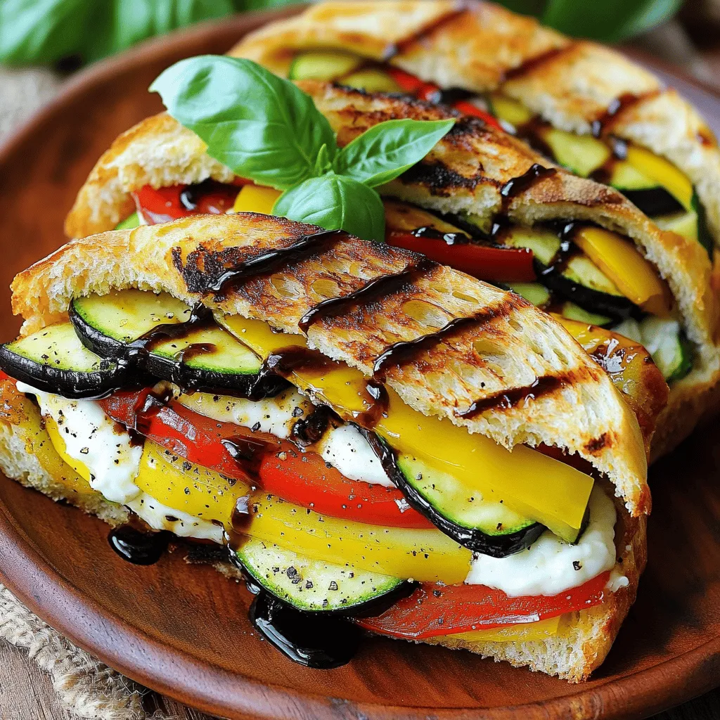 - 1 medium zucchini, sliced into thin rounds - 1 red bell pepper, cored and sliced - 1 yellow bell pepper, cored and sliced - 1 small eggplant, sliced into rounds or strips - 1 cup fresh spinach leaves - 1 cup mozzarella cheese, freshly shredded - 4 slices of ciabatta bread or hearty whole-grain bread - 4 tablespoons balsamic glaze - 2 tablespoons extra-virgin olive oil - Salt and freshly cracked black pepper, to taste - Fresh basil leaves, for garnish (optional) - Avocado slices - Feta cheese for tanginess - Pesto spread - Grill pan or outdoor grill - Mixing bowl - Spatula When you prepare your grilled vegetable panini, gather these ingredients first. The fresh veggies bring color and taste. Mozzarella melts beautifully and adds creaminess. Ciabatta or hearty whole-grain bread gives a lovely crunch. You can also add optional ingredients for fun twists. For tools, a grill pan or outdoor grill works best. A good mixing bowl and spatula help in assembly. For the full recipe and detailed steps, refer to the [Full Recipe]. - Preheat the grill to medium-high heat. - Toss the vegetables with olive oil, salt, and pepper. To start, get your grill nice and hot. This step is key for perfect grill marks. While the grill heats, grab a big bowl. Slice the zucchini, red bell pepper, yellow bell pepper, and eggplant. Add them to the bowl. Drizzle olive oil on top and sprinkle salt and pepper. Toss well until all the veggies are coated. - Cook each vegetable for approximately 5-7 minutes per side. - Remove and set aside to cool slightly. Now, it’s time to grill! Place the veggies on the hot grill. Cook each side for about 5-7 minutes. You want them soft and with great grill marks. Once done, take them off the grill and let them cool for a minute. - Layer mozzarella, grilled vegetables, and spinach. - Drizzle with balsamic glaze and top with the second slice of bread. Grab two slices of bread. On one slice, add a big handful of mozzarella cheese. Then, layer on your grilled vegetables. Add fresh spinach on top for crunch. Drizzle balsamic glaze over the veggies. Finish with the second slice of bread to complete your panini. - Cook each side for 3-5 minutes until golden brown. - Press gently while grilling for even heat distribution. Next, place the assembled paninis on the grill. Cook each side for 3-5 minutes. Press down gently with a spatula. This helps the heat spread evenly and melts the cheese perfectly. - Slice diagonally for presentation. - Drizzle with remaining balsamic glaze and garnish with basil. Once grilled, take the paninis off the heat. Let them cool for a minute, then slice them diagonally. This makes for a lovely presentation. Drizzle any leftover balsamic glaze on top and, if you like, add fresh basil for a nice touch. Enjoy your Grilled Vegetable Panini with Balsamic Glaze! For the full recipe, check out the detailed instructions above. To get those lovely grill marks, start by preheating your grill. A hot grill helps the vegetables cook evenly. If you overcrowd the grill, the heat will drop. This can lead to steaming instead of grilling. So, give each vegetable space to shine. To make a thick balsamic glaze, reduce balsamic vinegar on the stovetop. Simmer it until it thickens and coats the back of a spoon. This process enhances the flavor too. If you have extra glaze, store it for later use. It keeps well in a jar in the fridge. For the perfect meal, pair your panini with mixed greens or crispy chips. A fresh salad adds a nice crunch. Consider serving with a light wine, like a Sauvignon Blanc. It complements the grilled flavors well. You can also enjoy it with sparkling water for a refreshing twist. {{image_4}} You can switch up the veggies for your grilled vegetable panini. Seasonal vegetables like asparagus or mushrooms work great. They add unique flavors and textures. You can also use roasted vegetables for an extra flavor punch. Roasting brings out the sweetness, making your panini even more delicious. The type of bread can change your panini game. You can use gluten-free bread if you need that option. It still tastes great! Focaccia or sourdough are also fantastic choices. They give a different taste and texture, adding a new twist to your dish. Want to elevate your panini? Add garlic or shallots while grilling the veggies. They bring a rich, savory flavor that makes a big difference. You can also sprinkle in spices like oregano or thyme. These herbs add depth to the taste, making it more complex and delightful. Feel free to play around with these ideas. Your grilled vegetable panini can be as unique as you want! For the full recipe, check out the instructions above. Wrap any leftover paninis in foil. Store them in the fridge for up to 2 days. If you want to keep them fresh longer, consider vacuum sealing. This method helps maintain flavor and texture. To reheat paninis, use a skillet. This method keeps the bread crispy. Avoid the microwave; it can make the bread soggy. Heat on medium until warmed through, about 5 minutes. You can freeze ungrilled paninis for later use. Wrap them tightly in plastic wrap or foil. This prevents freezer burn and keeps flavors intact. When ready, simply grill them from frozen. Yes, prepare the filling in advance and assemble just before grilling. This saves time and keeps the ingredients fresh. You can grill the vegetables a day early. Just store them in a container in the fridge. When you’re ready, layer them with cheese and bread. This way, you enjoy hot paninis without fuss. Try provolone, gouda, or goat cheese for different flavors. Each cheese brings a unique taste to the panini. Provolone adds a creamy texture, while gouda offers a smoky note. Goat cheese gives a tangy kick. Experiment to find your favorite combination. You might discover a new twist you love! Substitute cheese with vegan cheese or hummus, and use whole grain or gluten-free bread. This keeps the dish flavorful and satisfying. You can also add extra veggies like avocado for creaminess. Make sure to check the labels on store-bought products. This ensures they are truly vegan-friendly and healthy. Suggested sides include mixed greens salad, potato chips, or soup. A fresh salad adds crunch and lightness. Potato chips give a fun, crispy contrast. If you want something warm, a soup pairs nicely, too. Tomato or basil soup complements the panini's flavors. Choose sides that best suit your meal. Yes, a sandwich press works well for achieving the same results. It makes the paninis crispy and evenly cooked. Just heat the press before adding the panini. This ensures a lovely golden-brown crust. A sandwich press can also save space on your stovetop. It's a great tool for quick meals! This article covers how to make delicious grilled vegetable paninis. You learned about the key ingredients, easy steps, and useful tips to enhance flavor. Don't forget the optional add-ins like avocado or feta for extra taste. You can mix it up with different vegetables or bread, too. Whether you're cooking for family or friends, these paninis are sure to impress. Remember to store leftovers properly for fresh, tasty meals later. Enjoy experimenting with your own variations and cheers to great flavors ahead!