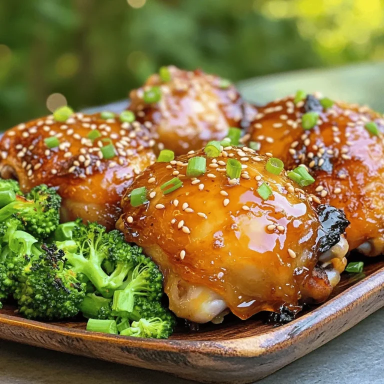 - 4 chicken thighs (bone-in, skin-on for optimal crispiness) - 1/4 cup honey - 2 tablespoons low sodium soy sauce - 1 tablespoon sriracha sauce (adjust based on preferred heat level) - 3 cloves garlic, finely minced - 1 teaspoon fresh ginger, grated - 1 tablespoon apple cider vinegar - 1 teaspoon sesame oil The main ingredients create a balance of sweet and spicy. Chicken thighs bring rich flavor and moisture. Honey adds sweetness and helps caramelize the skin. Soy sauce gives depth, while sriracha brings heat. Garlic and ginger add zest, and vinegar brightens the dish. Sesame oil rounds it off with a nutty flavor. - Salt and pepper, to taste - 1 tablespoon sesame seeds (for garnish) - Chopped green onions (for garnish) Salt and pepper are key to enhancing the chicken's natural taste. Sprinkle them on both sides of the thighs. Garnishes like sesame seeds and green onions add a fresh crunch. They also make the dish look vibrant and inviting. For the full recipe, check out the detailed instructions on how to bring these ingredients together for a delightful meal. 1. Preheat your oven to 400°F (200°C). This helps the chicken cook evenly. 2. Prepare your baking dish by lining it with parchment paper. This makes cleanup easy. 3. Mix the marinade ingredients in a bowl. Combine honey, soy sauce, sriracha, minced garlic, grated ginger, apple cider vinegar, and sesame oil. Whisk them until smooth. - To coat the chicken, pat the chicken thighs dry using paper towels. This helps the marinade stick. - Season both sides with salt and pepper. This enhances the flavor. - Place the chicken in a zip-top bag or bowl. Pour the marinade over it, ensuring every piece is coated. - Seal the bag or cover the bowl tightly. Gently massage the marinade into the chicken. - Refrigerate for at least 30 minutes or up to 2 hours. This time allows the flavors to soak in. 1. Arrange the marinated chicken in the prepared baking dish. Skin side should face up. Drizzle any leftover marinade on top. 2. Bake the chicken for about 35-40 minutes. The internal temperature should reach 165°F (75°C) for safe eating. 3. For a crispy finish, switch the oven to broil and broil the chicken for an extra 2-3 minutes. Watch closely to avoid burning. 4. Remove the chicken from the oven and let it rest for 5 minutes. This keeps the juices inside. Enjoy your delightful sweet and spicy baked chicken! For more details, refer to the Full Recipe. To get that perfect crispy skin on your chicken thighs, choose bone-in, skin-on pieces. The bones keep the meat juicy and add flavor. The skin helps lock in moisture while crisping up nicely. Here’s how to ensure you achieve that crunch: - Pat the chicken dry: Use paper towels to remove moisture from the skin. This helps it crisp up better. - Add salt: Salt draws out moisture. A little salt goes a long way in making the skin crispy. - Bake at a high temperature: Start at 400°F (200°C). This helps the skin render fat quickly. For a final crunch, broil for a few minutes at the end. Keep a close eye on it. Broiling can burn the chicken fast. You can adjust the sweetness and spice in your sweet and spicy baked chicken. Here are some ways to do that: - Adjust honey: Add more honey for extra sweetness. Less honey gives it a spicier kick. - Change the sriracha: Add more sriracha for heat, or use less for a milder flavor. Consider adding other ingredients: - Pineapple juice: This adds a tropical sweetness. It pairs well with the spice. - Lime juice: A splash of lime adds brightness and balances the sweetness. These flavor tweaks make the dish your own. You can find the full recipe above for all the details! {{image_4}} You can switch out chicken for other meats. Pork works well with this recipe. Just use pork chops or tenderloin. They soak up the sweet and spicy flavors nicely. Tofu is a great option too. It’s perfect for a plant-based meal. Use firm tofu, and follow the same marinade steps. Each option brings a unique taste and texture. You can change the sauce ingredients for a new twist. Swap honey for maple syrup for a different sweetness. For a tangy kick, use lime juice instead of apple cider vinegar. You can also add fresh herbs to change the flavor. Cilantro or basil can brighten the dish. Chopped rosemary or thyme can give it a savory touch. Experiment with these options to find your favorite flavor blend. For the full recipe, check the Sweet and Spicy Baked Chicken section above. To store leftovers safely, let the chicken cool first. Place the chicken in an airtight container. This helps keep the chicken moist and tasty. The chicken can stay fresh in the fridge for up to three days. When ready to eat, check for any off smells. If it smells good, it’s ready to be reheated. You can freeze baked chicken for later use. Wrap the chicken tightly in plastic wrap. Then, place it in a freezer bag to avoid freezer burn. This way, the chicken stays fresh for up to three months. When you want to eat it, thaw it in the fridge overnight. This keeps the chicken juicy and avoids cooking issues. To heat up baked chicken evenly, use the oven. Preheat it to 350°F (175°C). Place the chicken in a baking dish with a splash of water or broth. Cover it with foil to keep it from drying out. Heat for about 20 minutes, or until warm. You can also use a microwave, but be careful; it might dry out. Always check that it reaches 165°F (75°C) before eating. You should marinate the chicken for at least 30 minutes. This time helps the chicken soak up the sweet and spicy flavors. For even better taste, consider marinating for up to 2 hours. The longer you marinate, the richer the flavor. Just remember not to go too long, as the acid in the marinade can change the chicken's texture. Yes, you can use skinless chicken thighs. They will still taste great but may lack some crispiness. The skin adds a nice texture and flavor when baked. If you go skinless, consider adding a bit more oil to boost moisture. You might also want to bake them a little longer to ensure they cook through. Sweet and spicy baked chicken pairs well with many sides. Here are a few suggestions: - Steamed broccoli - Fluffy jasmine rice - Roasted sweet potatoes - Crisp green salad - Quinoa with herbs These sides balance the dish and add color to your plate. To check if the chicken is done, use a meat thermometer. Insert it into the thickest part of the thigh. The chicken should reach an internal temperature of 165°F (75°C). If you don’t have a thermometer, cut into the chicken. The juices should run clear, not pink. This recipe highlights juicy chicken thighs marinated in a sweet and spicy blend. You learned how to prepare, bake, and store this dish. Remember to tweak flavors to suit your taste. Our tips for crispiness and variations kept it fun. Whether using chicken, pork, or tofu, there's room for creativity. With these steps, you’ll impress everyone at your table. Enjoy your tasty meal and feel proud of your cooking skills!