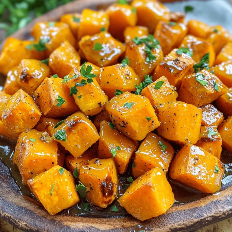 - 4 medium sweet potatoes, peeled and cut into 1-inch cubes - 3 tablespoons olive oil - 4 tablespoons honey - 4 cloves garlic, finely minced - 1 teaspoon smoked paprika - Salt and freshly ground black pepper, to taste - Fresh parsley, finely chopped (for garnish) The ingredients for honey garlic roasted sweet potatoes are simple yet packed with flavor. Sweet potatoes are the star here. They bring a natural sweetness and creamy texture. Olive oil adds richness, while honey gives a delightful glaze. Garlic brings depth and aroma, enhancing every bite. One serving contains about 180 calories. Each serving has: - Carbohydrates: 34g - Fats: 5g - Proteins: 2g These sweet potatoes are not just tasty; they also provide nutrients. Sweet potatoes are high in fiber and vitamins like A and C. This dish is a great way to enjoy healthy food while satisfying your taste buds. This recipe serves four people. It’s perfect for family dinners or gatherings. You can easily double the recipe to share with friends. Enjoy these sweet potatoes as a side dish or a light main. They pair well with proteins like chicken or fish. You can find the full recipe [here](#). - Preheat oven to 400°F (200°C). - In a large bowl, mix olive oil, honey, and minced garlic. Add smoked paprika, salt, and black pepper. Whisk until smooth. - Toss the sweet potatoes in the honey garlic mixture. Make sure each piece is well coated. - Line a baking sheet with parchment paper. Spread the sweet potatoes in a single layer on the sheet. This helps them roast evenly. - Place the baking sheet in the oven. Roast for 25-30 minutes. Stir halfway through for even cooking. The sweet potatoes should be tender and caramelized. - After roasting, let the sweet potatoes cool for 5 minutes. This helps the flavors deepen. - Transfer them to a serving dish. Garnish with fresh parsley for a pop of color. For a special touch, drizzle any leftover honey garlic mixture over the top. This adds extra flavor and makes the dish look great. For the complete recipe, check out the Full Recipe. To get that perfect caramelization, follow these steps: - Cut sweet potatoes evenly. This helps them cook at the same rate. - Coat them well in the honey garlic mixture. This adds flavor and aids caramelization. - Spread them out on the baking sheet. Give them space to breathe. Tossing halfway through cooking is key. This ensures even cooking and nice browning on all sides. When you stir, you mix the flavors and help them roast better. If you run out of honey, use maple syrup or agave nectar. Both provide sweetness with a unique flavor twist. For a vegan option, substitute honey with maple syrup. This keeps the recipe vegan while still being delicious. Add spices to boost the flavor. Try cayenne pepper for heat or cinnamon for warmth. You can also mix in ginger for a fresh kick. Using fresh herbs can elevate the dish. Add rosemary or thyme before roasting. This imparts a lovely aroma and deepens the taste. You can sprinkle fresh herbs on top after cooking for a bright finish. For the full recipe, check the details above. Enjoy your cooking adventure! {{image_4}} You can switch sweet potatoes for other veggies. Butternut squash works well too. They have a similar sweetness and texture. You can also add spices for more flavor. Try cinnamon for warmth or cayenne for heat. Honey garlic roasted sweet potatoes pair great with many dishes. They go well with grilled chicken or fish. You can also serve them with a fresh green salad. For sauces, a tangy yogurt sauce adds creaminess. A drizzle of balsamic glaze enhances the sweetness. Using seasonal veggies can add a fun twist. In fall, try adding Brussels sprouts. In summer, mix in zucchini or bell peppers. For holidays, add a sprinkle of cinnamon and nutmeg. This adds a festive touch and warms the heart. For the full recipe, check out the details above. To store leftovers, place the sweet potatoes in an airtight container. This keeps them fresh and tasty. They will last about 3 to 5 days in the fridge. Make sure to cool them down before sealing the container. This helps avoid moisture buildup, which can make them soggy. You can freeze roasted sweet potatoes for later use. First, let them cool completely. Then, spread them on a baking sheet in a single layer. Freeze them for about an hour. Once frozen, transfer them to a freezer-safe bag or container. This method keeps them from sticking together. They can last up to 3 months in the freezer. When you’re ready to eat, thaw them in the fridge overnight. To reheat, use the oven for the best results. Preheat your oven to 375°F (190°C). Spread the sweet potatoes on a baking sheet. Bake for about 10 to 15 minutes until hot. You can also use a microwave, but be careful. Microwaving can make them soggy. If using the microwave, heat in short bursts and check often. Enjoy your sweet potatoes like they were just made! Can I use other types of potatoes? Yes, you can use other potatoes like Yukon Gold or red potatoes. They will change the flavor a bit but still taste great. Just keep in mind that cooking times may vary. What if I don’t have honey? If you lack honey, maple syrup makes a good substitute. It adds sweetness and a unique taste. You can also use agave syrup if you have that on hand. How do I know when the sweet potatoes are done? The sweet potatoes are done when they are fork-tender. You should see a nice caramelization around the edges. Stir them halfway through cooking to help with even cooking. Can I prepare this dish in advance? You can prep the sweet potatoes ahead of time. Toss them in the honey garlic mix, then cover and refrigerate. Roast them just before serving for the best taste. Is this recipe suitable for meal prep? Absolutely! These sweet potatoes store well and reheat nicely. Just keep them in an airtight container in the fridge after cooking. How can I make it more spicy? To add spice, sprinkle in some cayenne pepper or red pepper flakes. You can also add a dash of hot sauce to the honey garlic mix for an extra kick. In this article, we explored a tasty sweet potato dish. We covered the ingredients, nutritional info, and serving sizes. The step-by-step instructions showed you how to prepare and roast them perfectly. Tips on cooking techniques and variations offered room for creativity. Lastly, we discussed storage methods to keep your dish fresh. These sweet potatoes bring flavor and nutrition to your table. Enjoy making them your own!