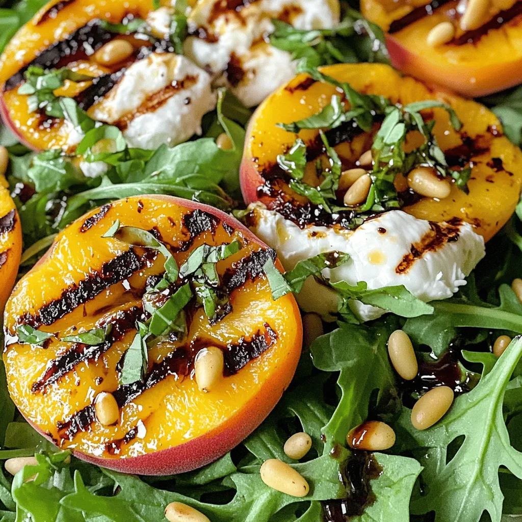 To make a grilled peach burrata salad, you need fresh and simple ingredients. Here’s what you will need: - 2 ripe peaches, halved and pitted - 1 tablespoon extra virgin olive oil - Salt and freshly cracked black pepper to taste - 4 cups fresh arugula or a blend of mixed greens - 8 oz burrata cheese, gently torn into bite-sized pieces - 1/4 cup fresh basil leaves, roughly chopped - 1/4 cup balsamic reduction - 1/4 cup pine nuts or walnuts, lightly toasted Each ingredient plays a key role in the salad. The peaches bring sweetness and a juicy texture. The olive oil adds richness while the salt and pepper enhance the flavors. Arugula or mixed greens give a fresh crunch. Burrata cheese provides a creamy element that pairs well with the warm peaches. Fresh basil adds a lovely aroma. Balsamic reduction gives a sweet and tangy finish, while toasted nuts add a satisfying crunch. When you have these ingredients ready, you can follow the full recipe to create a bright and delicious dish. Enjoy the mix of flavors and textures in every bite! - Preheat grill to medium-high heat - Ensure grill grates are clean Start by heating your grill to medium-high. This helps the peaches cook well. Clean the grill grates to prevent sticking. A clean surface also gives nice grill marks. - Brush peaches with olive oil - Season with salt and pepper Next, take your ripe peaches. Brush the cut sides with olive oil. This adds flavor and helps them grill better. Then, sprinkle salt and pepper on them. This simple step enhances their natural sweetness. - Grill peaches cut-side down for 3-4 minutes - Remove and let cool Place the peaches cut-side down on the grill. Grill them for about 3 to 4 minutes. You want to see those beautiful grill marks. When done, take them off the grill and let them cool for a few minutes. This helps the flavors settle. - Create a base with arugula or mixed greens - Slice grilled peaches and layer over greens - Add torn burrata cheese and sprinkle with basil Now, it’s time to build your salad. Use arugula or mixed greens for the base. Arrange them nicely in a large bowl. Slice the grilled peaches into wedges. Layer them over the greens, making it colorful. Then, take the burrata cheese and tear it into bite-sized pieces. Distribute the cheese evenly over the peaches. Finally, sprinkle fresh basil on top. This adds a fragrant touch that pairs well with the peaches. For the complete recipe, check the [Full Recipe]. To make your grilled peach burrata salad shine, season well. Use sea salt and fresh black pepper. They boost the sweet taste of the peaches. You can also add a pinch of chili flakes for a slight kick. When it comes to olive oil, choose a high-quality extra virgin. It adds a rich flavor and aroma. A robust oil helps balance the creaminess of the burrata. For perfect grill marks, heat your grill to medium-high. Place the peach halves cut-side down on the grill. Avoid moving them around; let them cook for 3-4 minutes. You’ll know they are done when they soften and show nice grill marks. If they start to brown too much, they may become mushy. When serving, arrange the salad on individual plates. This adds a touch of elegance. Layer the grilled peaches and burrata artfully for a stunning look. For garnish, add a fresh basil leaf on top. Drizzle a bit more balsamic reduction across the plate for extra flair. This makes your salad not just tasty but also beautiful. If you want more tips, check the Full Recipe. {{image_4}} Adding variety to your grilled peach burrata salad keeps it fresh and exciting. Here are some tasty variations to try. You can easily boost the protein in your salad. - Grilled Chicken or Shrimp: Adding grilled chicken or shrimp gives your salad a hearty touch. Simply grill your protein alongside the peaches. Slice it up and place it on top of your salad for added flavor and texture. - Plant-Based Protein: For a plant-based option, consider adding chickpeas or black beans. These ingredients provide protein without meat. They also add a nice texture to your dish. While burrata is creamy and delicious, you can switch it up. - Mozzarella or Feta: Substitute burrata with fresh mozzarella for a milder taste. Feta cheese offers a tangy flavor and crumbly texture, adding a nice contrast to the sweetness of the peaches. - Vegan Cheese: If you want a dairy-free option, try vegan cheese made from nuts or soy. These alternatives can mimic the creamy texture of burrata while keeping your salad vegan. Changing fruits and greens according to the season keeps your salad vibrant. - Seasonal Fruits: Use strawberries or figs instead of peaches during their peak season. These fruits provide different flavors and textures that can enhance your salad. - Other Greens or Nuts: You can mix different greens like spinach or kale. Replacing pine nuts with almonds or pecans adds a unique crunch and flavor layer to your dish. Explore these variations to make your grilled peach burrata salad a new experience every time. Check out the Full Recipe for more details! To keep your grilled peach burrata salad fresh, store it in the fridge. Use an airtight container for best results. Grilled peaches last about 3 days when stored properly. Burrata cheese can stay fresh for around 2 days, but it’s best used right away. Grilled peaches can be reheated, but be gentle. Place them on a plate and microwave for 10 to 15 seconds. This keeps them soft without losing flavor. When reheating the salad, avoid heating the greens. Instead, serve the grilled peaches on fresh greens to keep the salad crisp. You can prep ingredients ahead of time. Cut peaches and store them in the fridge with olive oil and seasoning. Just keep the salad greens and burrata separate until you’re ready to serve. Assemble the salad right before serving for the best taste and texture. Check the Full Recipe for more tips on preparation. If you can't find burrata, use fresh mozzarella. It has a similar creamy feel. For a richer taste, try ricotta or goat cheese. Each option gives a unique flavor while keeping the salad fresh and tasty. Yes, you can prep this salad early! Keep the grilled peaches, greens, and cheese separate. Store them in airtight containers in the fridge. Assemble the salad right before serving. This keeps the greens crisp and the flavors bright. Making balsamic reduction is easy. Follow these steps: - Pour 1 cup of balsamic vinegar into a saucepan. - Heat it over medium heat. - Let it simmer gently for 15-20 minutes. - Stir it occasionally until it thickens. - Cool it before using it on your salad. This salad is vegetarian with burrata cheese. For a vegan option, skip the burrata. Use avocado or a vegan cheese instead. This keeps the salad creamy while meeting vegan diets. Serve this salad with grilled chicken or fish for protein. A crusty bread or a light soup pairs well too. You can also offer a fruit platter for a fresh touch. These sides enhance the meal and make it more filling. This blog post covers how to make a delicious grilled peach and burrata salad. You learned about the fresh ingredients, step-by-step grilling, and assembling tips. I shared ways to enhance flavors and presentation ideas too. Remember, you can customize this salad with different proteins, cheeses, and seasonal fruits. Enjoy making this dish, and feel free to experiment with your favorite flavors. You’ll impress your friends and family with this tasty salad!