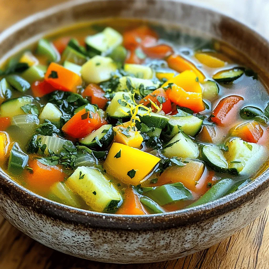 To make a classic vegetable soup, gather the following ingredients: - 2 tablespoons extra virgin olive oil - 1 medium onion, finely diced - 3 cloves garlic, minced - 2 medium carrots, sliced into thin rounds - 2 stalks celery, chopped into small pieces - 1 zucchini, diced into half-inch cubes - 1 bell pepper (any color), diced - 1 cup fresh green beans, trimmed and cut into 1-inch segments - 1 can (14 oz) diced tomatoes, including juices - 6 cups vegetable broth or stock - 1 teaspoon dried basil - 1 teaspoon dried thyme - Salt and freshly ground black pepper to taste - 2 cups fresh spinach or kale, chopped coarsely - Juice of 1 lemon (optional, but recommended for a bright flavor) Each ingredient plays an important role in creating a thick and hearty soup. The olive oil adds richness, while the onion and garlic give a strong base flavor. Carrots and celery provide sweetness and crunch. Zucchini, bell pepper, and green beans add color and taste. The diced tomatoes bring acidity, which balances the flavors. Using fresh herbs like basil and thyme enhances the soup's aroma. Spinach or kale offers a healthy boost, while lemon juice adds brightness. When you choose your ingredients, go for the freshest options. This makes a big difference in taste. For more details on how to prepare this soup, check out the full recipe. To make Classic Vegetable Soup, follow these simple steps. You will enjoy the process and the taste! - Begin by heating the olive oil in a large soup pot over medium heat. This helps to flavor the soup from the start. - Add diced onion and sauté for approximately 4-5 minutes. The onion should turn soft and clear. - Incorporate minced garlic and sauté for 1 additional minute. The garlic will add a lovely aroma. - Add sliced carrots and chopped celery, cooking for another 5 minutes. This softens these veggies just right. - Incorporate diced zucchini, bell pepper, and green beans, sauté for 3-4 minutes. Keep stirring to cook evenly. - Pour in the can of diced tomatoes and vegetable broth, add herbs and spices. The broth gives the soup depth. - Bring to a rapid boil, then reduce heat and simmer for 20-25 minutes. This allows the flavors to mix well. - Stir in chopped spinach or kale, and cook for an additional 3-5 minutes. The greens will wilt nicely. - Squeeze lemon juice and adjust seasoning before serving. The lemon adds a bright flavor that lifts the soup. Follow these steps, and you'll create a warm, hearty soup. Enjoy it with crusty bread or a sprinkle of cheese! - Use fresh herbs for added aroma and taste. - Consider adding a splash of balsamic vinegar for depth. - Allow the soup to sit for a few hours or overnight for improved flavor. Using fresh herbs like basil or parsley can really boost your soup. They add a bright taste that lifts the whole dish. A splash of balsamic vinegar gives a lovely tang that makes each spoonful exciting. Letting the soup rest enhances its flavor. It allows the ingredients to mingle, creating a richer taste. - Use a heavy-bottomed pot to prevent sticking. - Stir occasionally to ensure even cooking. A heavy pot helps distribute heat evenly. This keeps your soup from burning or sticking. Stirring occasionally makes sure every piece of vegetable cooks just right. You’ll get tender bites in every serving. - Sprinkle with fresh herbs or a dusting of grated Parmesan cheese. - Add microgreens for visual appeal and additional nutrients. Garnishing with fresh herbs adds color and flavor. A sprinkle of Parmesan cheese makes the soup creamy and rich. Microgreens not only look great but also pack in nutrients. They add a fun texture that makes your soup even more inviting. {{image_4}} You can easily switch up the vegetables to fit what you have. Use veggies that are in season for the best flavor. For instance, if you have Brussels sprouts in fall, toss them in instead of green beans. You can also use different types of broth. Chicken or beef broth works well if you want a non-vegan option. Just remember that this will change the soup's flavor. To make this soup gluten-free, check that your broth and canned tomatoes are certified gluten-free. This ensures everyone can enjoy it. If you want a vegan option, simply leave out the Parmesan cheese and any other animal products. You will still get a rich and tasty soup without losing flavor. Serving this soup is a joy! Pair it with crusty bread or crackers for a crunchy contrast. A fresh side salad brightens the meal too. You can make it a full meal by adding cooked pasta or rice. This adds heartiness and makes the soup even more filling. Enjoy customizing it to fit your taste! Store your classic vegetable soup in an airtight container in the fridge for up to 5 days. Keeping it sealed helps maintain its fresh taste. To freeze the soup, let it cool completely. Then, transfer it to freezer-safe containers. This soup can be frozen for 2-3 months. When ready to enjoy, reheat it on the stovetop or in the microwave. When reheating, add a splash of water or broth. This helps keep the soup's consistency just right. Enjoy your comforting meal warm, just like the first time! Yes, frozen vegetables can be used but may alter cooking times slightly. Frozen veggies are quick and easy. They save time, so you won’t need to chop fresh ones. Just remember to check the cooking time. Frozen might cook a bit faster, so keep an eye on them. Add red pepper flakes or diced jalapeños for heat. You can start with a little and add more if you like. Spices bring out flavors and add excitement to the soup. Feel free to experiment until it’s just right for you. Yes, it's packed with vegetables and low in calories, making it a nutritious option. Each bowl is full of vitamins and minerals. This soup is perfect for a light meal or a side dish. You can feel good about serving it to your family. Absolutely! It tastes even better the next day after the flavors have melded. Making it ahead gives the soup time to develop a deeper taste. Just store it in the fridge and reheat when ready to eat. Crusty bread, a crisp salad, or sandwiches are great accompaniments. The soup’s warmth pairs well with a fresh salad’s crunch. You can enjoy a slice of bread for dipping, adding comfort to your meal. For the complete cooking instructions and detailed recipe, refer to the full recipe. This vegetable soup is simple, tasty, and healthy. You learned how to choose fresh ingredients and follow step-by-step cooking instructions. Remember, using fresh herbs enhances the soup's flavor. You can also make it your own with ingredient swaps and dietary adjustments. Store leftovers properly for quick meals later. Enjoy the bright taste, especially after it sits a bit. Try serving it with crusty bread or a salad for a complete meal. Embrace your new soup-making skills!