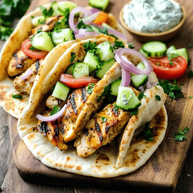 - 1 lb boneless, skinless chicken thighs - 3 tablespoons extra virgin olive oil - 2 teaspoons dried oregano - Greek yogurt, lemon juice, cucumber, tomato, red onion - Optional: fresh parsley for garnish - Garlic powder, onion powder, sweet paprika - Sea salt and black pepper The main ingredients for your Easy Chicken Gyros start with chicken thighs. I love using boneless, skinless chicken thighs because they stay juicy and full of flavor. The olive oil adds richness while the dried oregano gives a nice herbal taste. Next, we have the additional ingredients. Greek yogurt serves as the base for our tzatziki sauce. The lemon juice adds a fresh zing, and the cucumber, tomato, and red onion provide crunch and color. You can sprinkle fresh parsley on top for a nice touch. For seasoning, use garlic powder and onion powder. They enhance the chicken's taste without being overpowering. Sweet paprika adds a mild sweetness and color. Finally, don't forget the sea salt and black pepper to bring out all these flavors. You can find the Full Recipe for detailed steps on how to bring these ingredients together for a delightful meal. First, gather your marinade ingredients. You need olive oil, oregano, garlic powder, onion powder, paprika, sea salt, and black pepper. In a mixing bowl, combine these ingredients. Whisk them together until well mixed. Next, take your chicken thighs and add them to the marinade. Make sure each piece is well coated. Cover the bowl with plastic wrap. Place it in the fridge for at least 30 minutes. For more flavor, you can let it sit for up to 2 hours. Now it's time to cook. Preheat your grill or grill pan to medium-high heat. Once hot, take out the chicken from the marinade. Let the extra marinade drip off. Place the chicken on the grill. Grill the chicken for about 6-7 minutes on each side. You want it cooked through, so check that the inside reaches 165°F (75°C). After grilling, move the chicken to a cutting board. Let it rest for about 5 minutes. This helps keep it juicy. Slice the chicken into thin strips. While the chicken rests, make the tzatziki sauce. In a small bowl, mix Greek yogurt and lemon juice. Add sea salt and pepper to taste. Stir until it’s smooth and creamy. Now, let’s build your gyros! Warm the pita breads slightly to soften them. Place a few strips of grilled chicken onto each pita. Add diced cucumber, tomato, and red onion for extra crunch. Drizzle the tzatziki sauce over the top. If you like, sprinkle some chopped parsley for color. Carefully roll up the pita, enclosing all the tasty fillings. Enjoy your Easy Chicken Gyros with a flavorful touch! For more details, check the Full Recipe. To grill perfect chicken, start with marinated thighs. The marinade adds flavor and keeps the chicken juicy. Preheat your grill to medium-high heat. This helps create those beautiful grill marks. Cook the chicken for about 6-7 minutes on each side. Always check the internal temperature; it should reach 165°F (75°C) for safe eating. Let the chicken rest for five minutes after grilling. This step allows the juices to settle, making it more tender. Want to spice things up? Try adding cumin or smoked paprika to the marinade. These spices add depth to the dish. Fresh herbs like dill or mint can brighten your tzatziki sauce. To make it extra creamy, mix in a bit of sour cream or whipped cream. You can also add more lemon juice for a zesty kick. Pair your gyros with crispy fries or a fresh Greek salad. A cold drink like lemonade or iced tea complements the flavors well. For presentation, serve the gyros on a rustic wooden board. This gives it a homey feel. Add a small bowl of extra tzatziki for dipping. Garnish with cucumber slices and parsley for a pop of color. These small touches make your meal look as good as it tastes. Enjoy crafting this delicious meal with the full recipe! {{image_4}} If you want a vegetarian twist, swap the chicken for grilled vegetables or chickpeas. Grilled zucchini, bell peppers, and mushrooms work well. Chickpeas add great protein and texture. Season them like the chicken for extra flavor. This option is just as tasty and satisfying. You can add new flavors to your gyros easily. Try spices like cumin or smoked paprika for a warm kick. They bring depth to the dish. You can also play around with toppings. Feta cheese adds creaminess, while olives give a salty punch. These small changes can make your gyros feel fresh and exciting. For a gluten-free meal, choose gluten-free pita breads. Many brands offer tasty options. You can also use yogurt alternatives for the tzatziki. Look for coconut or almond yogurt, which can be creamy and delicious. These swaps ensure everyone can enjoy this meal without worry. Want to make these Easy Chicken Gyros? Check out the Full Recipe for all the details! To keep leftovers fresh, store them in airtight containers. This will prevent moisture loss and keep the flavors intact. Place the grilled chicken and tzatziki sauce in separate containers. Cooked chicken stays good in the fridge for about 3 to 4 days. You can freeze grilled chicken for later. Wrap each piece tightly in plastic wrap, then place it in a freezer bag. The chicken will last for up to 3 months in the freezer. For the tzatziki, store it in a sealed container. Thaw both in the fridge overnight before reheating. To reheat the chicken, use the microwave or a hot skillet. To keep pita bread fresh and soft, store it in a zip-top bag at room temperature. Avoid keeping it in the fridge, as this can make it dry out. If you want to warm the pita, just pop it in the oven for a few minutes or microwave it for 10-15 seconds. This will make it nice and soft for your gyros. To make chicken gyros from scratch, you follow a few key steps. First, mix olive oil, oregano, garlic powder, onion powder, paprika, salt, and pepper in a bowl. This forms your marinade. Next, coat the chicken thighs well with it and let them chill in the fridge for at least 30 minutes. After marinating, grill the chicken for about 6-7 minutes on each side until cooked through. Then, slice the chicken into thin strips. To finish, mix Greek yogurt with lemon juice for tzatziki, and assemble everything in warm pita with fresh veggies. That's how you create tasty chicken gyros! Yes, you can use chicken breast instead of thighs. Chicken breast is leaner, which can make it a healthier option. However, it may dry out faster than thighs. You should cook chicken breast for about 5-6 minutes per side. Always check that it reaches 165°F to ensure it is safe to eat. Adjusting the cooking time is key for juicy gyros. If you need a substitute for Greek yogurt in tzatziki, here are some options: - Sour cream - Plain yogurt (regular or dairy-free) - Cashew cream for a dairy-free option - Hummus for a lighter twist - Silken tofu blended until smooth These alternatives can still create a flavorful sauce for your gyros. Making Easy Chicken Gyros takes about 1 hour total. This includes 30 minutes of prep time and about 30 minutes for cooking. If you choose to marinate the chicken longer, you can enhance the flavor. Just remember to plan ahead for the best taste! This blog post offered a clear guide to making easy chicken gyros. We covered key ingredients, step-by-step cooking instructions, and helpful tips for great flavor. You also learned variations for different diets, such as vegetarian and gluten-free options. In the end, enjoy your homemade gyros with friends and family. Experiment with flavors and make this dish your own. With practice, your gyros will impress everyone!