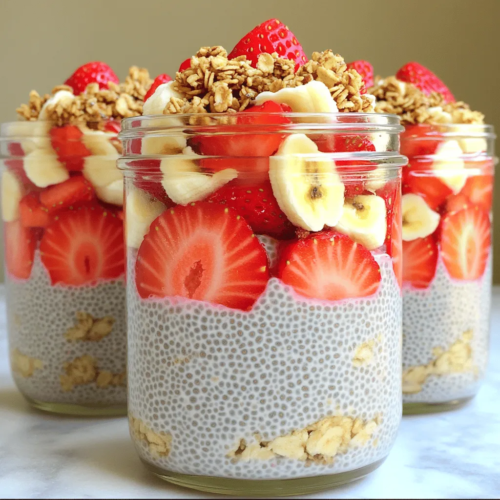 To make Strawberry Banana Chia Pudding, gather these key items: - 1 cup almond milk (or your preferred type of milk) - 1/4 cup chia seeds - 1 ripe banana, thoroughly mashed - 1 cup fresh strawberries, finely diced - 2 tablespoons maple syrup or honey (adjust based on your desired sweetness) - 1 teaspoon vanilla extract - A pinch of salt - Toppings: sliced strawberries, banana slices, and a sprinkle of granola You can add these items for a fun twist: - Coconut milk for a tropical flavor - Nut butter for extra creaminess - Cocoa powder for a chocolatey taste - Other berries like blueberries or raspberries Each ingredient in this pudding brings great health perks: - Chia Seeds: Full of fiber, protein, and omega-3 fatty acids. They help you feel full and support heart health. - Almond Milk: Low in calories and high in vitamin E. It’s a great dairy-free choice. - Bananas: Packed with potassium and vitamin C. They give natural sweetness and energy. - Strawberries: Rich in antioxidants and vitamin C. They add flavor and help boost your immune system. This pudding is not just tasty; it's a healthy treat you can enjoy anytime. If you want the complete guide, check out the Full Recipe. To start, gather all your ingredients. You need: - 1 cup almond milk (or your preferred type of milk) - 1/4 cup chia seeds - 1 ripe banana, thoroughly mashed - 1 cup fresh strawberries, finely diced - 2 tablespoons maple syrup or honey - 1 teaspoon vanilla extract - A pinch of salt In a medium bowl, mix the almond milk, mashed banana, maple syrup, vanilla extract, and salt. Whisk until smooth. Next, sprinkle the chia seeds while whisking. This step keeps the seeds from clumping together. After mixing, cover the bowl with plastic wrap or a lid. Place it in the refrigerator for at least 4 hours. For the best results, let it chill overnight. Chia seeds will absorb the liquid, turning your mixture into a thick pudding. Once chilled, take it out and stir it well. This breaks up any clumps of chia seeds. Now it's time to serve! Fold in the diced strawberries, but remember to save some for later. Pour the pudding into bowls or jars. Top each with the remaining strawberry slices and banana slices. For a crunchy twist, sprinkle granola on top. For the best visual appeal, use clear glasses or jars. This way, the colorful layers shine through. You can also add diced strawberries at the bottom for a tasty surprise. Try this Strawberry Banana Chia Pudding to enjoy a healthy and delightful treat. For more details, check the Full Recipe. When making strawberry banana chia pudding, avoid clumping chia seeds. To prevent this, sprinkle them slowly into the liquid while whisking. This helps the seeds to mix evenly. Another mistake is not letting the pudding chill long enough. It needs at least four hours to thicken properly. Lastly, don’t skip the salt; it enhances the flavors. To make your pudding even better, try adding spices. A pinch of cinnamon or nutmeg can warm up the taste. If you love more sweetness, add extra maple syrup or honey. For texture, consider topping your pudding with crushed nuts or seeds. They add a nice crunch that pairs well with the creamy pudding. Chia seeds are small but mighty. It's best to soak them in liquid. This allows them to absorb moisture and create a gel-like texture. You can also blend them into smoothies for a nutrient boost. Store your chia seeds in a cool, dark place to keep them fresh. They last a long time when stored properly. For the full recipe, follow the steps I provided earlier. Enjoy your delicious and healthy treat! {{image_4}} You can mix up the flavors in your chia pudding. Try using mangoes for a tropical twist. Blueberries add a burst of color and flavor. For a berry medley, combine strawberries, blueberries, and raspberries. You can even add peaches for a sweet surprise. Each fruit brings its unique taste and nutrients. This recipe is naturally vegan and gluten-free. Use almond milk, coconut milk, or any plant-based milk. Chia seeds are gluten-free, making this a safe choice for those with gluten issues. You can also swap maple syrup for agave nectar to keep it vegan-friendly. These adjustments make this dessert a great option for everyone. If you want less sugar, use natural sweeteners like stevia or monk fruit. Adjust the amount based on your taste. For a unique flavor, try coconut sugar. It adds a caramel-like sweetness to the pudding. Always taste test to find your best balance. Sweetness is personal, and it should match your cravings. For the full recipe, be sure to check out the details above! To keep your strawberry banana chia pudding fresh, store it in an airtight container. Place it in the fridge right after serving. This helps keep the flavors bright and the texture smooth. If you have leftovers, it’s best to eat them within three days for the best taste. When stored properly, your pudding will last about four to five days in the fridge. After that, the chia seeds may absorb too much liquid. This can make the pudding too thick or change its texture. Always check for any off smells or changes in color before eating leftovers. You can freeze this pudding if you want to keep it longer. Use freezer-safe containers or jars, leaving some space at the top. The pudding expands as it freezes. It will last up to two months in the freezer. When you’re ready to eat, thaw it in the fridge overnight. Stir well before serving to restore its creamy texture. Strawberry Banana Chia Pudding stays fresh for about four to five days in the fridge. Store it in a sealed container to keep it safe and tasty. After a few days, the pudding may lose its texture. The chia seeds can absorb more liquid and become too thick. Yes, you can! This pudding is perfect for meal prep. Make it the night before or up to three days ahead. Just store it in the fridge. This gives the chia seeds time to soak and thicken well. You can enjoy it as a quick breakfast or snack! If you need a substitute, try using flaxseeds. They also thicken when mixed with liquid. You can use ground flaxseeds or whole ones. Keep in mind that flaxseeds have a different flavor, so the taste will change a bit. If you prefer, you can also use tapioca pearls, but the texture will be different. For the full recipe, check out the details above. You’ll find all the steps and tips to make this delicious treat! This blog post covers how to make delicious strawberry banana chia pudding. We explored required and optional ingredients, plus their health benefits. I shared simple steps to prepare, chill, and serve the pudding. I also listed tips to avoid mistakes and enhance flavor. You can try different fruit combinations and adapt for diets like vegan or gluten-free. Lastly, I included storage tips to keep your pudding fresh. Enjoy experimenting and savoring each delightful bite!