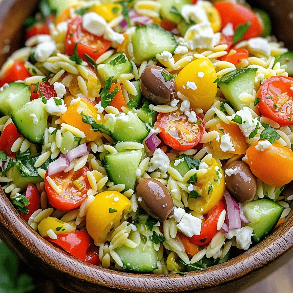 When I create my Greek Orzo Salad, I use fresh and vibrant ingredients. Each component adds a unique flavor and texture. Here’s what you need: - 1 cup orzo pasta - 1 cup cherry tomatoes, halved - 1 cucumber, diced into bite-sized pieces - 1 bell pepper (red or yellow), diced - 1/4 medium red onion, finely chopped - 1/2 cup Kalamata olives, pitted and halved - 1/4 cup feta cheese, crumbled - 1/4 cup fresh parsley, finely chopped - 3 tablespoons extra virgin olive oil - 2 tablespoons freshly squeezed lemon juice - 1 teaspoon dried oregano - Salt and freshly cracked black pepper, to taste These ingredients come together to create a bright and tasty salad. The orzo pasta gives a nice base. The cherry tomatoes and cucumber add crunch. The bell pepper and onion give a sweet, savory touch. Kalamata olives pop with a briny flavor. Feta cheese lends creaminess, while parsley brightens every bite. For the dressing, I mix olive oil, lemon juice, oregano, salt, and pepper. This combo brings all the flavors together beautifully. If you want to elevate your salad, consider these optional garnishes: - Extra crumbled feta on top - Whole Kalamata olives for a pop of color - A sprinkle of fresh parsley for a finishing touch This salad is not only good to eat but also looks stunning on the table. For the full recipe, check out the detailed instructions. Enjoy making this fresh and flavorful Greek Orzo Salad! 1. Start by boiling water in a large pot. 2. Add 1 cup of orzo pasta to the boiling water. 3. Cook the orzo until it is al dente, about 8-10 minutes. 4. Drain the pasta carefully in a colander. 5. Rinse the pasta under cold water to cool it down. 1. In a large mixing bowl, add the cooled orzo. 2. Mix in 1 cup of halved cherry tomatoes. 3. Add 1 diced cucumber and 1 diced bell pepper. 4. Stir in 1/4 medium red onion and 1/2 cup of Kalamata olives. 5. Finish by adding 1/4 cup of crumbled feta cheese. 6. Gently stir to combine all ingredients well. 1. In a small bowl, whisk together 3 tablespoons of olive oil and 2 tablespoons of lemon juice. 2. Add 1 teaspoon of dried oregano and a pinch of salt. 3. Drizzle the dressing over the salad and toss gently. 4. Fold in 1/4 cup of finely chopped parsley. 5. Adjust seasoning with salt or pepper if needed. 6. Let the salad rest for 10-15 minutes before serving. For the full recipe, refer to the section above. Enjoy your fresh, flavorful Greek Orzo Salad! For this Greek Orzo Salad, I love using fresh herbs. Fresh parsley and oregano add a bright taste. If you only have dried herbs, use half the amount. Dried herbs are stronger. You can also boost flavor with a splash of red wine vinegar. This adds a nice tangy note. To avoid mushy orzo, cook it until it is al dente. Follow the package instructions closely. After cooking, rinse the orzo under cold water. This stops the cooking process and keeps it firm. Letting the salad rest for 10-15 minutes helps flavors blend. The longer it sits, the better it tastes. Serve the salad in a large, colorful bowl. This makes it inviting. Top it with more crumbled feta and fresh parsley for a pop. You can even add whole Kalamata olives. They add color and a nice touch. Remember, a beautiful presentation makes the meal even more enjoyable! {{image_4}} You can easily make Greek Orzo Salad your own. Adding protein boosts the dish. Grilled chicken or chickpeas are great choices. You can even use shrimp or tofu for a twist. Feel free to swap out vegetables too. Try using zucchini, spinach, or artichokes. Each adds a unique flavor. Different cheeses can change the taste as well. Goat cheese or mozzarella work well in this salad. While the classic dressing is tasty, other options exist. Try a balsamic vinaigrette for a sweet touch. A yogurt-based dressing can add creaminess. You can infuse your dressing with flavors. Add minced garlic or fresh herbs like basil. A dash of hot sauce can bring some heat. Experiment to find your favorite combination. Seasons can inspire your Greek Orzo Salad. In spring, use fresh peas and asparagus. Summer is perfect for juicy tomatoes and basil. As fall arrives, consider roasted butternut squash and kale. Winter can bring in hearty root vegetables. Use what’s fresh and in season for the best taste. To keep your Greek Orzo Salad fresh, you should store it in an airtight container. This helps prevent air from making it soggy. Place the salad in the fridge right after you finish eating. It can last up to three days. If you notice any excess water, drain it before you store it. This keeps the salad crisp. When it comes to reheating, do so gently. I suggest using a microwave for quick heating. Heat it in bursts of 30 seconds. Stir after each burst to keep it even. You want to avoid cooking the salad again. If you prefer, you can eat it cold straight from the fridge. For freezing, it’s best to skip that. The orzo can get mushy after thawing. If you want to make it ahead, prepare the ingredients separately. Combine them when you’re ready to serve. This keeps the salad fresh and tasty. For the full experience, check out the full recipe. Yes, you can make Greek Orzo Salad ahead of time. It stores well in the fridge. To prepare it in advance, follow these tips: - Cook the orzo and let it cool completely. - Mix all the veggies and olives but wait to add the dressing. - Store the salad in an airtight container. - Add the dressing just before serving to keep the salad fresh. Greek Orzo Salad is not gluten-free due to the orzo pasta. However, you can use gluten-free pasta. Here are some great alternatives: - Quinoa pasta - Brown rice pasta - Chickpea pasta These options maintain a similar texture and flavor while being gluten-free. You can easily make Greek Orzo Salad vegan. Just swap out a few ingredients: - Replace feta cheese with vegan feta or avocado. - Use a vegan dressing made with olive oil and lemon juice. These changes keep the salad tasty while catering to a vegan diet. Greek Orzo Salad pairs well with many dishes. Here are some ideas: - Grilled chicken or shrimp for protein. - Pita bread and hummus for a light side. - A simple green salad for extra crunch. These pairings create a complete meal that everyone will enjoy. In this article, we covered the essential ingredients and steps to make a Greek Orzo Salad. You learned how to cook the orzo, mix in the vegetables, and finish with tasty dressings. I shared tips for enhancing flavor and presentation, plus ways to customize your salad. Remember, you can adapt this recipe to fit the season or your taste. With the right storage and reheating methods, your salad will stay fresh. Enjoy experimenting with your Greek Orzo Salad and make it your own!