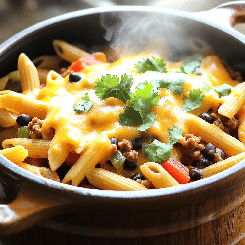 For this One Pot Taco Pasta, you need simple and tasty ingredients that pack a punch. Here’s a detailed list of what you’ll need: - 12 oz penne pasta (or your preferred pasta) - 1 lb ground beef or ground turkey - 1 packet taco seasoning (or a homemade blend) - 1 can (15 oz) black beans, rinsed and drained - 1 can (14.5 oz) diced tomatoes with green chilies - 2 cups chicken broth or vegetable broth - 1 cup frozen corn - 1 bell pepper, diced - 1 medium onion, diced - 2 cloves garlic, minced - 1 cup shredded cheddar cheese - 2 tablespoons olive oil - Salt and pepper, to taste - Fresh cilantro, chopped (for garnish) These ingredients create a dish that is not only easy to make but also full of flavor. Each one plays a role in bringing the dish together. The pasta serves as the base, while the ground meat adds heartiness. Taco seasoning gives a warm, spicy kick. Black beans and corn contribute texture and sweetness, while cheese makes everything creamy. The diced tomatoes brighten the dish and add moisture. When you gather these ingredients, think about how they come together. I love how the colors of the bell pepper and cilantro pop against the pasta. This meal is not just filling; it’s also a feast for the eyes. If you want to dive into the full recipe, check the [Full Recipe]. - Heat olive oil and sauté vegetables - Brown the ground meat and add seasoning - Combine remaining ingredients and pasta 1. Heat Olive Oil: Start by adding two tablespoons of olive oil to a large pot. Turn the heat to medium. 2. Sauté Vegetables: Add one diced onion and one diced bell pepper. Cook for 3-4 minutes until they are soft and smell good. 3. Add Garlic: Toss in two minced garlic cloves. Cook for one more minute. Stir it often so it doesn’t burn. 4. Brown the Meat: Add one pound of ground beef or turkey. Break it apart with a spatula. Cook for 5-7 minutes until it turns brown. Drain any extra fat if needed. 5. Season the Meat: Sprinkle a packet of taco seasoning over the meat. Mix well to coat every piece. 6. Combine Ingredients: Pour in one can of diced tomatoes with their juices, one can of rinsed black beans, one cup of frozen corn, and two cups of broth. Stir everything together. 7. Add Pasta: Add 12 oz of uncooked penne pasta. Make sure it’s fully under the liquid. Bring the pot to a boil. 8. Simmer: Once boiling, lower the heat to medium-low. Cover the pot and let it simmer for 12-15 minutes. Stir it a few times until the pasta is tender and most liquid is gone. 9. Add Cheese: Take the pot off the heat. Stir in one cup of shredded cheddar cheese until it melts smoothly. 10. Season and Serve: Add salt and pepper to taste. Serve hot, topped with fresh cilantro for a nice touch. - Prep time: 15 minutes - Cooking time: 30 minutes - Overcooking the pasta: This can ruin the dish. Pasta should be al dente, firm to the bite. Monitor it closely during the last few minutes of cooking. - Not seasoning properly: Taco seasoning adds a lot of flavor. Don’t skip it, and taste the dish before serving. Adjust the salt and pepper to make it just right. - Suggestions for additional spices: Cumin and paprika can take this dish to the next level. Add a teaspoon of each for a warm, smoky flavor. - How to adjust heat levels: If you like spice, add crushed red pepper flakes. For less heat, skip the flakes or use mild taco seasoning. - Perfect sides and garnishes: Serve with tortilla chips or a fresh salad. Top with avocado slices and a squeeze of lime for freshness. - Pairing with drinks: A light beer or a fruity soda pairs well with this dish. If you prefer wine, a chilled white works nicely. These tips will help you create a flavorful One Pot Taco Pasta that everyone will love! For the complete recipe, check out the Full Recipe. {{image_4}} You can easily adjust this dish for different diets. For a vegetarian option, replace the meat with a mix of beans, lentils, or tofu. This keeps the protein while adding great texture. If you're vegan, use vegetable broth and skip the cheese or try a plant-based cheese alternative. For different meats, you can use ground chicken or pork. Each will give a unique taste. You can also try shredded rotisserie chicken, which saves time and adds flavor. Want more heat? Add chopped jalapeños or a dash of cayenne pepper. You can also use hot taco seasoning instead of regular. If you like it milder, use less taco seasoning. You can also skip the green chilies in the diced tomatoes. Another trick is to add a dollop of sour cream on top. It cools the heat and adds creaminess. If you need a gluten-free meal, choose gluten-free pasta. Many brands make great options that cook just like regular pasta. You can also use zucchini noodles or spaghetti squash for a low-carb choice. Just adjust the cooking time as these options cook faster than pasta. These variations help you make one pot taco pasta fit your taste and needs. Check out the Full Recipe for all the details! Store your One Pot Taco Pasta in an airtight container. This helps keep it fresh. Allow the dish to cool down before sealing it. I recommend using glass or BPA-free plastic containers. These are safe for the fridge and easy to clean. You can freeze One Pot Taco Pasta for later enjoyment. Make sure it cools completely before placing it in a freezer-safe container. I suggest dividing it into smaller portions. This makes reheating easier. To reheat, thaw it in the fridge overnight. Then, heat it on the stove or in the microwave until warm. Stir occasionally to ensure even heating. In the fridge, your One Pot Taco Pasta lasts about 3 to 5 days. If you freeze it, it can keep for up to 3 months. To maintain the best taste and texture, use it within this timeframe. Always check for any signs of spoilage before eating. Enjoy your meal even days later! Yes, you can use many types of pasta. Good choices include rotini, fusilli, or farfalle. Each type may have a different cooking time. Here are some general guidelines: - Rotini: 10-12 minutes - Fusilli: 10-12 minutes - Farfalle: 11-13 minutes Just make sure the pasta cooks until it's al dente. This way, it won't turn mushy in the pot. Absolutely! You can add more veggies or proteins to fit your taste. Some great options include: - Zucchini: Chop and add it while sautéing the onions. - Spinach: Stir in a few handfuls just before serving for fresh greens. - Beans: Use pinto beans or kidney beans for added protein. - Chicken: Swap out ground beef for diced chicken breast. Feel free to mix and match according to what you have on hand. Making One Pot Taco Pasta in advance is easy. Here are some tips: 1. Meal Prep: Cook the dish as usual, but stop before adding cheese. Store it in the fridge for up to three days. 2. Reheating: When ready to eat, heat it on the stove. Add a splash of broth to help with moisture. 3. Freezing: You can freeze the cooked pasta too. Just let it cool first. Store it in an airtight container for up to three months. Remember to add cheese just before serving to keep it creamy. Enjoy! This blog post covered a simple, tasty One Pot Taco Pasta. We discussed the key ingredients, step-by-step cooking instructions, and tips to enhance flavor. I shared ways to customize the dish for different diets, including vegetarian and gluten-free options. In the end, this recipe offers a fun and easy meal for any time. Try it out, make it your own, and enjoy delicious flavors!