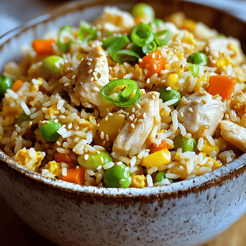 - 2 cups cooked jasmine rice - 1 cup chicken breast, diced - 1 cup mixed vegetables (carrots, peas, corn) - 3 green onions, sliced - 2 large eggs, lightly beaten - 3 tablespoons low-sodium soy sauce - 1 tablespoon sesame oil - 1 tablespoon vegetable oil - 1 teaspoon garlic powder - 1 teaspoon ginger powder - Salt and black pepper to taste To make homemade chicken fried rice, you need fresh, simple ingredients. Start with jasmine rice. I like to use rice cooked a day ahead. This helps the rice stay firm and not clump together. Next, you need diced chicken breast. I recommend using fresh chicken. It cooks fast and gives great flavor. Mixed vegetables add color and nutrients. I use a blend of carrots, peas, and corn. They cook quickly and taste sweet. Don’t forget the green onions! They add a nice crunch and fresh taste. For seasoning, eggs are key. They bring richness and texture to the dish. You also need low-sodium soy sauce for saltiness and depth. Sesame oil gives a lovely nutty flavor. Garlic powder and ginger powder add warmth and spice. Finally, adjust salt and black pepper to suit your taste. With these ingredients, you will create a delicious meal. For the full recipe, check out the details above. - Heat oil and cook chicken: Start by heating a large non-stick skillet over medium-high heat. Pour in the vegetable oil and swirl it around to coat the pan. Add the diced chicken breast. Season it with salt, black pepper, garlic powder, and ginger powder. Cook the chicken for about 5-7 minutes, until it turns golden brown and is fully cooked. Set the chicken aside on a plate. - Season and sauté mixed vegetables: In the same skillet, toss in the mixed vegetables. Stir-fry them for about 3-4 minutes. You want them to soften and become bright in color. This step adds great flavor and texture to your fried rice. - Scramble eggs in the skillet: Push the cooked vegetables to one side of the skillet to make room. Pour the beaten eggs into the empty space. Scramble the eggs until they are fully cooked. Then, mix them with the vegetables. This adds richness to your dish. - Add jasmine rice and chicken back to the skillet: Now, add the cooked jasmine rice to the skillet, followed by the chicken. It's best to use rice that was cooked a day before. This helps keep the rice from getting mushy. Drizzle the soy sauce and sesame oil over everything. Mix it all together well. Cook for another 2-3 minutes. Stir frequently to heat everything through. - Mix in soy sauce and sesame oil: Make sure every grain of rice is coated in flavor. This step is key for a tasty dish. Toss in the sliced green onions for a fresh touch. Give everything a final stir to combine. - Serve with garnishing tips: Spoon the chicken fried rice into bowls or onto plates while it's hot. For a nice presentation, you can garnish it with extra green onions and a sprinkle of sesame seeds. Consider serving a small dish of soy sauce on the side for drizzling. This makes for a delicious meal you can enjoy with family or friends! Using day-old rice is essential for chicken fried rice. Fresh rice is moist and clumps together. Day-old rice dries out a bit, making it perfect for frying. This helps each grain get crispy and absorb flavors well. Adjusting seasonings to your taste is a great way to make this dish yours. Start with the basic amounts in the recipe. Then, tweak the soy sauce, garlic, or ginger to fit your palate. You might like it saltier or spicier. Experiment until you find your favorite balance. Overcooking the vegetables can ruin the dish. Cook them just until they are bright and tender. This keeps them crunchy and fresh. If they turn mushy, they lose flavor and texture. Not allowing the rice to fry properly is another common mistake. After adding the rice, let it sit for a minute without stirring. This helps the rice crisp up. Stirring too often keeps it soft. Aim for a nice mix of crispy and tender rice for the best results. For the full recipe, check out the detailed instructions provided. Enjoy your cooking! {{image_4}} You can easily swap chicken for shrimp or tofu. Shrimp cooks fast and adds a nice flavor. Just toss the shrimp into the hot oil for a few minutes until they turn pink. If you prefer tofu, use firm tofu. Cut it into small cubes and fry it until golden. Both options offer great taste and protein. Feel free to get creative with your vegetables. Bell peppers, broccoli, or snap peas work well in fried rice. Chop them up and add them to the pan. Each vegetable brings its own unique flavor and crunch. Mixing different colors makes the dish more fun and appealing. Want some heat? Add chili sauce or red pepper flakes. They kick up the flavor and spice level. You can also try adding a splash of lime juice for freshness. Experiment with spices like cumin or paprika for a fun twist. These small changes can transform your fried rice into something special. For the full recipe, check out the complete details. To keep your chicken fried rice fresh, store it in the fridge. Use an airtight container for best results. This helps prevent the rice from drying out. It can stay good for up to four days. Make sure it cools to room temperature before sealing the container. When you're ready to enjoy leftovers, reheating is key. The best way is to use a skillet. Heat a bit of oil on medium heat. Add the rice and stir it often. This keeps the rice from becoming mushy. You can also use a microwave. Place the rice in a bowl, add a splash of water, and cover it. Heat for about 1-2 minutes, then stir. If you want to save chicken fried rice for later, freezing works well. Let it cool completely before packing. Use a freezer-safe container or bag. Remove as much air as possible to avoid freezer burn. You can freeze it for up to three months. When you’re ready to eat, thaw it in the fridge overnight. Reheat it in a skillet or microwave, just like with leftovers. Enjoy your meal anytime! No, you should not use uncooked rice. Fried rice works best with cooked rice. Freshly cooked rice can be too sticky. Instead, use rice that is cold and dry. Cook your rice a day before and let it chill. This helps the grains separate when you fry them. To make chicken fried rice vegetarian, swap the chicken for tofu or tempeh. You can also use seitan for a meat-like texture. Choose a vegetable broth instead of chicken broth for flavor. Add more veggies like bell peppers, mushrooms, or spinach for variety. The best rice for fried rice is jasmine rice. It has a nice texture and flavor. Long grain rice also works well because it stays separate. Avoid short grain rice, as it tends to clump together. For the best results, use cooked rice that has been cooled. Try the Full Recipe for a delicious chicken fried rice dish! This blog post covered easy steps to make delicious fried rice. You learned about the key ingredients, cooking tips, and common mistakes to avoid. We explored flavor variations and storage methods as well. Whether you choose chicken or try a veggie option, this dish is flexible. Use day-old rice for the best texture. Now, gather your ingredients and have fun creating your own fried rice masterpiece!