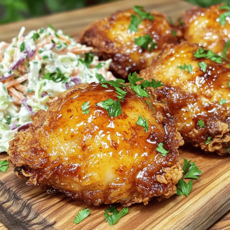 To make hot honey fried chicken, you need a few key items. Here’s the list: - 4 chicken thighs (bone-in, skin-on) - 1 cup buttermilk - 1 tablespoon hot sauce (adjust for spice) - 1 cup all-purpose flour - Vegetable oil for frying These main ingredients bring flavor and texture to your dish. The chicken thighs give you juicy meat and crispy skin. Buttermilk makes the chicken tender and adds taste. Hot sauce adds a kick, while flour creates that crunchy coating. Next, we add some seasoning to boost flavor. You’ll need: - 1 teaspoon garlic powder - 1 teaspoon onion powder - 1 teaspoon smoked paprika - ½ teaspoon cayenne pepper (optional) - Salt and black pepper to taste These spices mix well with the flour. They add depth to the chicken and make each bite exciting. Feel free to adjust the spices to suit your taste. If you love garlic, add more garlic powder! If you enjoy a spicier kick, consider these optional ingredients: - 1-2 teaspoons red pepper flakes (adjust for heat level) Adding red pepper flakes to the hot honey glaze gives your dish an extra punch. You can control how spicy you want it. This way, you can make the chicken as hot as you like. For the full details on how to prepare this dish, check out the Full Recipe. Enjoy cooking and impress your friends with this flavorful meal! Start by mixing the buttermilk and hot sauce in a large bowl. This mix adds flavor and helps keep the chicken juicy. Place the chicken thighs in the bowl, covering them fully. Wrap the bowl with plastic wrap and put it in the fridge. Let it sit for at least 2 hours, or overnight for the best taste. In a shallow bowl, whisk together the flour, garlic powder, onion powder, smoked paprika, cayenne pepper, salt, and black pepper. Make sure all the dry ingredients blend well. This mixture gives the chicken a crispy, tasty crust. Heat about 2 inches of vegetable oil in a deep skillet. Get the oil hot, aiming for 350°F (175°C). Carefully take the chicken thighs from the buttermilk. Let any extra liquid drip off, then dredge each thigh in the flour mixture. Press the flour onto the chicken for a thick coating. Fry the chicken, skin-side down, for 7-10 minutes on each side. Look for a deep golden color and an internal temp of 165°F (74°C). Fry in batches if needed to keep the oil hot. In a small saucepan, warm the honey over low heat. Stir in the red pepper flakes to your liking. This adds a sweet and spicy twist. Let it warm for a few minutes to infuse the flavors, then remove it from the heat. Once the chicken is crispy, place it on a plate lined with paper towels to soak up oil. While the chicken is warm, drizzle the hot honey glaze over the top. You can also serve the glaze on the side for dipping. Enjoy the blend of crunch and sweet heat! To make your hot honey fried chicken crispy, follow a few key steps. First, marinate the chicken in buttermilk. This adds moisture and helps the coating stick. The flour mixture should be seasoned well. Use garlic powder and smoked paprika for flavor. Make sure to coat each piece well. Press the flour onto the chicken to form a thick layer. Fry at the right temperature of 350°F. If the oil is too cool, the chicken will not crisp up. Cook in batches to keep the oil hot. Spice levels can vary based on your taste. Start with the basic hot sauce in the marinade. If you like more heat, add extra cayenne to the flour mix. For the hot honey, add red pepper flakes to your liking. You can make it sweet or spicy. Always test a small piece to see if it meets your heat preference. Adjust the ingredients as you go. Oil choice is key for frying chicken. Use vegetable oil or peanut oil for high smoke points. These oils can hold up to the heat needed for frying. Avoid using olive oil, as it burns easily. Fill your pan with enough oil, about 2 inches deep. This helps the chicken cook evenly. Always check the oil temperature with a thermometer. Hot oil gives you that perfect crunch! For the full recipe, check below. {{image_4}} You can use different cuts of chicken for this recipe. Drumsticks offer a fun twist. They are easy to hold and bite into. Chicken breasts are a leaner option, but they can dry out faster. For a vegetarian option, try using cauliflower. It soaks up the marinade well and becomes crispy when fried. The heat in hot honey can vary. Use more or less hot sauce to change the spice level. If you want a mild version, use just a little hot sauce. For a fiery kick, add more cayenne pepper or red pepper flakes. You can also try different hot sauces, like sriracha or chipotle sauce, for unique flavors. Hot honey fried chicken pairs great with many sides. Creamy coleslaw offers a cool crunch. Baked beans add a sweet and savory touch. You can serve it with cornbread for a comforting meal. For a fresh option, a simple green salad balances the heat well. Experiment with your favorites to make it your own. To store leftover hot honey fried chicken, let it cool to room temperature. Place the chicken in an airtight container. You can also wrap it in plastic wrap. Store it in the fridge for up to four days. Make sure it is well-sealed to keep out moisture. When you want to reheat your chicken, the oven is best. Preheat your oven to 375°F (190°C). Place the chicken on a baking sheet and cover it loosely with foil. This keeps the chicken moist. Heat it for about 20-25 minutes. Remove the foil for the last 5 minutes to restore the crispiness. You can also use an air fryer. Set it to 350°F (175°C) and heat for about 10 minutes. If you want to freeze hot honey fried chicken, first let it cool completely. Wrap each piece in plastic wrap. Then, place them in a freezer bag. Remove as much air as you can. You can freeze it for up to three months. When ready to eat, thaw it in the fridge overnight before reheating. To get crispy fried chicken, start with dry chicken. Pat the chicken dry with paper towels. Marinate it in buttermilk for at least two hours. This adds flavor and helps the coating stick. Use a good amount of oil and heat it to 350°F. Fry the chicken in small batches. This keeps the oil hot and helps the chicken cook evenly. Finally, let the chicken rest on paper towels to soak up any extra oil. Yes, you can make hot honey fried chicken in the oven! First, marinate the chicken as usual. Then, coat it with the seasoned flour mix. Place the chicken on a baking sheet lined with parchment paper. Bake at 425°F for about 25-30 minutes. Flip it halfway through to ensure even cooking. If you want a crispy finish, broil it for a few minutes at the end. Drizzle the hot honey on top after baking for a sweet touch. To make a healthier version, use skinless chicken pieces. You can also bake the chicken instead of frying it. Swap buttermilk for plain yogurt or a plant-based milk. Use whole wheat flour instead of all-purpose flour for more fiber. Reduce the amount of honey and red pepper flakes for a lighter glaze. These changes will keep the flavor while making the dish healthier. Hot honey fried chicken pairs well with many sides. You can serve it with creamy coleslaw for crunch. Macaroni and cheese adds a rich flavor. A fresh salad with vinaigrette balances the meal. Also, cornbread is a classic choice for a comforting touch. Feel free to mix and match to find your favorite combo! Hot honey fried chicken combines tasty flavors, crispy texture, and a sweet kick. This blog showed you how to prepare it step-by-step, from marinating to frying. I shared tips for the best texture and ways to add more heat. You learned about variations, storage, and answered FAQs too. Now you can enjoy making this dish at home. Experiment with spices and enjoy the crispy goodness!