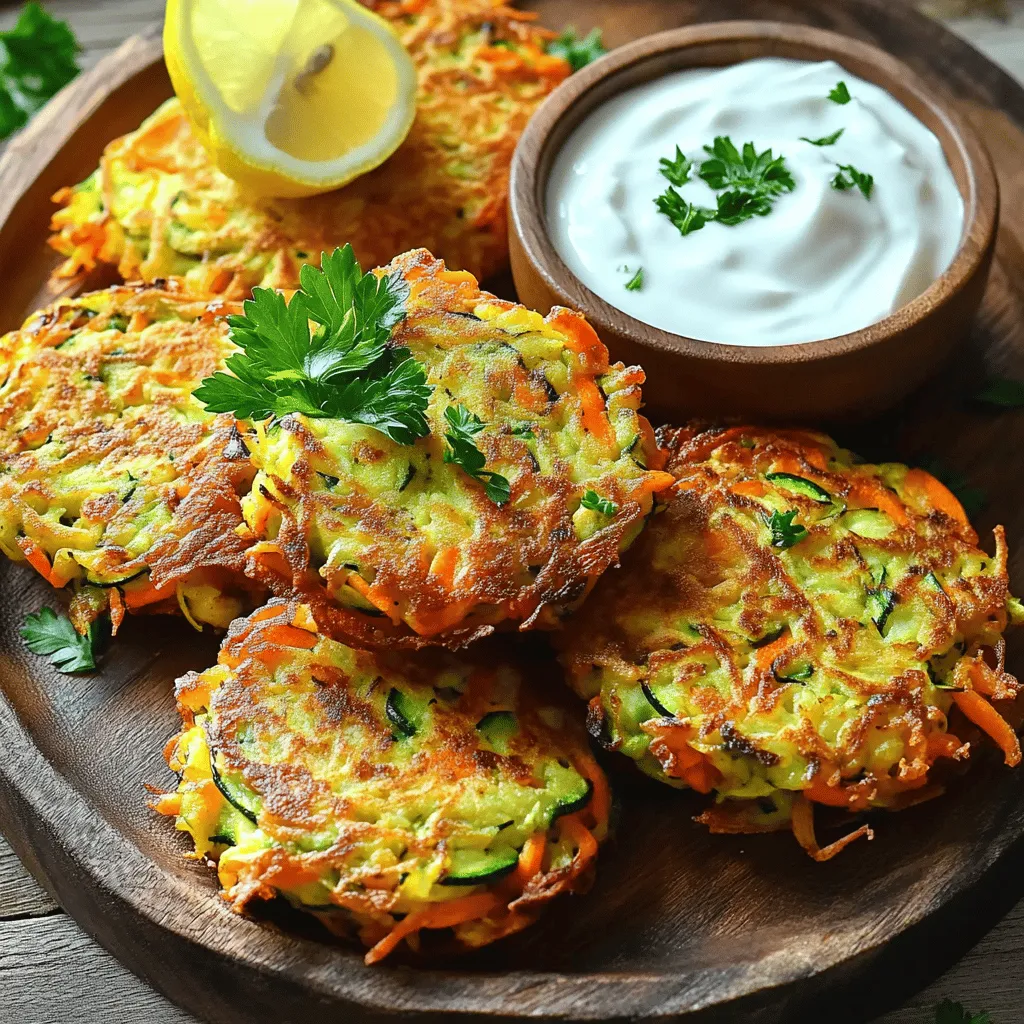 To make these fritters, you need simple and fresh ingredients. Here's what you'll require: - 2 medium zucchinis, freshly grated - 2 large carrots, freshly grated - 1/2 cup all-purpose flour - 1/4 cup freshly grated Parmesan cheese - 1/4 cup fresh parsley, finely chopped - 2 large eggs, lightly beaten - 1 teaspoon garlic powder - 1/2 teaspoon onion powder - Salt and freshly ground pepper to taste - Vegetable oil for frying These main ingredients create a tasty base. The zucchini and carrots add moisture and flavor. The flour helps bind everything together. Parmesan cheese brings a hint of saltiness and richness. Need to boost the flavor? Consider adding some options: - Red pepper flakes for heat - Fresh herbs like dill or chives - Lemon zest for a fresh kick - A splash of soy sauce for umami These extras can make your fritters pop with flavor. Experiment to find your favorite mix! You can easily adapt this recipe for different diets. Here are some smart swaps: - Use gluten-free flour in place of all-purpose flour. - Replace eggs with ground flaxseed mixed with water for a vegan option. - Try nutritional yeast instead of Parmesan cheese for a dairy-free option. These substitutions help everyone enjoy delicious fritters. Adjust the recipe to fit your needs. Check out the Full Recipe for more details on making these yummy snacks! To start, wash your zucchinis and carrots well under cold water. I prefer using a box grater for this task. Grate both vegetables until they are finely shredded. After grating, place them in a clean kitchen towel. Fold the towel over and twist tightly to squeeze out excess moisture. This step is key for crispy fritters. If the mixture is too wet, it will not fry well. In a large mixing bowl, combine the grated zucchini and carrots. Add in the all-purpose flour, grated Parmesan cheese, and chopped parsley. Sprinkle in garlic powder, onion powder, and a bit of salt and pepper. Mix these ingredients well until they are fully blended. Next, pour in the lightly beaten eggs. Stir everything together until you have a thick batter. It should hold together nicely. You can cook these fritters in two ways: frying or baking. For frying, heat about 1/4 inch of vegetable oil in a skillet over medium heat. Once hot, scoop the batter into the skillet. Flatten each scoop to form patties. Fry for about 3-4 minutes on each side until golden brown. If you prefer baking, preheat your oven to 400°F (200°C). Line a baking sheet with parchment paper. Place the fritters on the sheet and lightly spray them with oil. Bake for about 20-25 minutes, flipping halfway through, until they are crispy and golden. Frying gives you a crunchier texture, while baking is a healthier option. For the full recipe, make sure to check it out! To make your fritters crispy, remove as much moisture as possible from the zucchini and carrots. After grating, place them in a clean kitchen towel. Twist the towel tightly to squeeze out excess water. This step is key to a great texture. When frying, heat your oil until it shimmers. This ensures a quick sear, locking in the crunch. Don’t overcrowd the pan. Frying in batches helps each fritter get that perfect crisp. If you have leftovers, store your fritters in an airtight container. Place parchment paper between layers to keep them crispy. They can last in the fridge for about three days. To reheat, bake them in the oven at 375°F (190°C) for about 10 minutes. This method revives their crunch without making them soggy. These fritters shine when served warm. Pair them with a yogurt dip or spicy salsa. A squeeze of lemon adds a bright touch. You can also serve them as a side dish with grilled meats or fish. For a fun twist, serve them on a salad for a crunchy topping. The flavors of zucchini and carrot pair well with fresh herbs, so feel free to experiment! For the full recipe, check out the detailed steps above. {{image_4}} You can make gluten-free fritters by using almond flour or chickpea flour. Both work well in this recipe. For a vegan version, replace the eggs with flaxseed meal. Mix one tablespoon of flaxseed meal with three tablespoons of water. Let it sit for five minutes to thicken. This will help bind the fritters together. Add fresh herbs like basil, dill, or cilantro for extra flavor. You can also try spices like cumin or paprika to give them a kick. If you like a bit of heat, add a dash of cayenne pepper. Each option will create a unique taste and make your fritters even more special. Pair your fritters with a tasty dip. A yogurt dip made with garlic and lemon is refreshing. You can also try a spicy sriracha mayo for a bold twist. For something zesty, a homemade tomato salsa works wonders. These dips will enhance the flavor and make your fritters shine. For the full recipe, check out the detailed instructions above. Each serving of zucchini carrot fritters contains about 200 calories. This includes calories from vegetables, flour, and eggs. The fritters provide a good source of nutrients while keeping calories in check. They fit well into a balanced meal plan. Zucchini is low in calories and high in water content. This makes it great for hydration. It also has vitamin C, which boosts the immune system. Carrots bring beta-carotene, good for eye health. They also have fiber, which aids digestion. Together, these veggies make a healthy snack. To make zucchini carrot fritters even healthier, try these tips: - Use whole wheat flour instead of all-purpose flour. - Substitute Greek yogurt for eggs. - Add more vegetables like spinach or bell peppers. - Bake instead of frying for fewer calories. These simple changes can boost nutrition while keeping the fritters tasty. For the complete recipe, check out the [Full Recipe]. Yes, you can freeze zucchini carrot fritters. Let them cool completely first. Then, place them in a single layer on a baking sheet. Freeze until solid. After that, transfer them to a freezer-safe bag. They can last up to three months in the freezer. When you want to eat them, simply reheat in the oven or skillet. To achieve extra crispy fritters, follow these tips: - Remove moisture: After grating the zucchini and carrots, squeeze out as much water as possible. This step is key to crispiness. - Use cold oil: Heat the oil until it’s hot but not smoking. Cold oil helps create a nice crust. - Don’t overcrowd the pan: Fry in batches to allow each fritter to cook evenly and stay crisp. - Use a mix of flours: Consider using a blend of all-purpose flour and cornstarch for added crunch. There are many tasty dipping sauces for zucchini carrot fritters. Here are a few favorites: - Yogurt dip: Mix plain yogurt with lemon juice and herbs. - Tomato salsa: A zesty salsa adds a fresh kick. - Avocado cream: Blend ripe avocado with lime juice and garlic for a creamy sauce. - Hummus: This adds a rich, nutty flavor that pairs well. Feel free to experiment with different flavors to find your perfect match! In this blog post, we explored how to make delicious zucchini carrot fritters. We covered main ingredients, cooking methods, and tips for crispy results. You also learned about variations and health benefits. These fritters are fun to make and very tasty. You can easily adjust the recipe to fit your diet. Enjoy trying new flavors and sharing your creations with friends and family. Happy cooking!